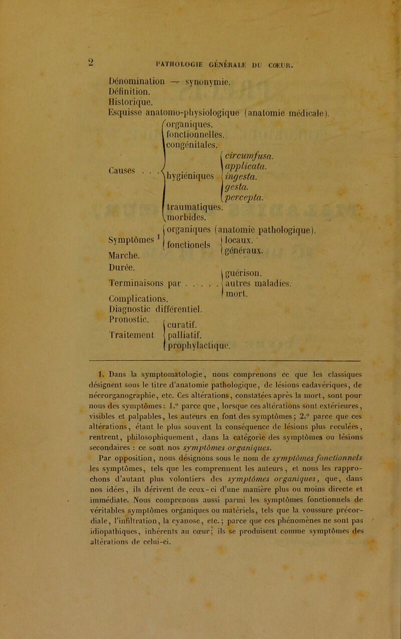 Dénomination synonymie. Définition. Historique. Esquisse anatomo-physiologique (anatomie médicale) ''organiques, fonctionnelles. | congénitales. [ circumfusa. \ applicata. hygiéniques l ingesta. J g esta. ( pcrcepta. traumatiques, morbides. organiques (anatomie pathologique). | locaux. I généraux. Causes fonctionels Symptômes 1 Marche. Durée. Terminaisons par . . . Complications. Diagnostic différentiel. Pronostic. , ,.f l curatif. Traitement I I guérison, autres maladies. ! mort. palliatif. prophylactique. 1. Dans la symptomatologie, nous comprenons ce que les classiques désignent sous le titre d’anatomie pathologique, de lésions cadavériques, de nécrorganographie, etc. Ces altérations, constatées après la mort, sont pour nous des symptômes: l.° parce que, lorsque ces altérations sont extérieures, visibles et palpables, les auteurs en font des symptômes ; 2.° parce que ces altérations, étant le plus souvent la conséquence de lésions plus reculées, rentrent, philosophiquement, dans la catégorie des symptômes ou lésions secondaires : ce sont nos symptômes organiques. Par opposition, nous désignons sous le nom de symptômes fonctionnels les symptômes, tels que les comprennent les auteurs, et nous les rappro- chons d’autant plus volontiers des symptômes organiques, que, dans nos idées, ils dérivent de ceux-ci d’une manière plus ou moins directe et immédiate. Nous comprenons aussi parmi les symptômes fonctionnels de véritables symptômes organiques ou matériels, tels que la voussure précor- diale, l’infiltration, la cyanose, etc.; parce que ces phénomènes ne sont pas idiopathiques, inhérents au cœur; ils se produisent comme symptômes des altérations de celui-ci.