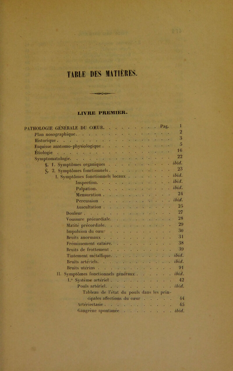 TABLE DES MATIÈRES. livre premier. PATHOLOGIE GÉNÉRALE DU CŒUR Pa§- 1 Plan nosographique Historique ^ Esquisse anatomo-physiologique Étiologie Symptomatologie ^ §. i. Symptômes organiques ibid- §. 2. Symptômes fonctionnels 23 1. Symptômes fonctionnels locaux ibid. Inspection • ibid. Palpation. ibid. Mensuration 24 Percussion ibid. Auscultation 25 Douleur 27 Voussure précordiale 28 Matité précordiale 29 Impulsion du cœur 30 Bruits anormaux 31 Frémissement cataire 38 Bruits de frottement 39 Tintement métallique ibid. Bi'uits artériels ibid. Bruits utérins 91 II. Symptômes fonctionnels généraux ibid. l.° Système artériel 42 Pouls artériel ibid. Tableau de l’état du pouls dans les prin- cipales affections du cœur ..... 44 Artériectasie 45 Gangrène spontanée ibid.