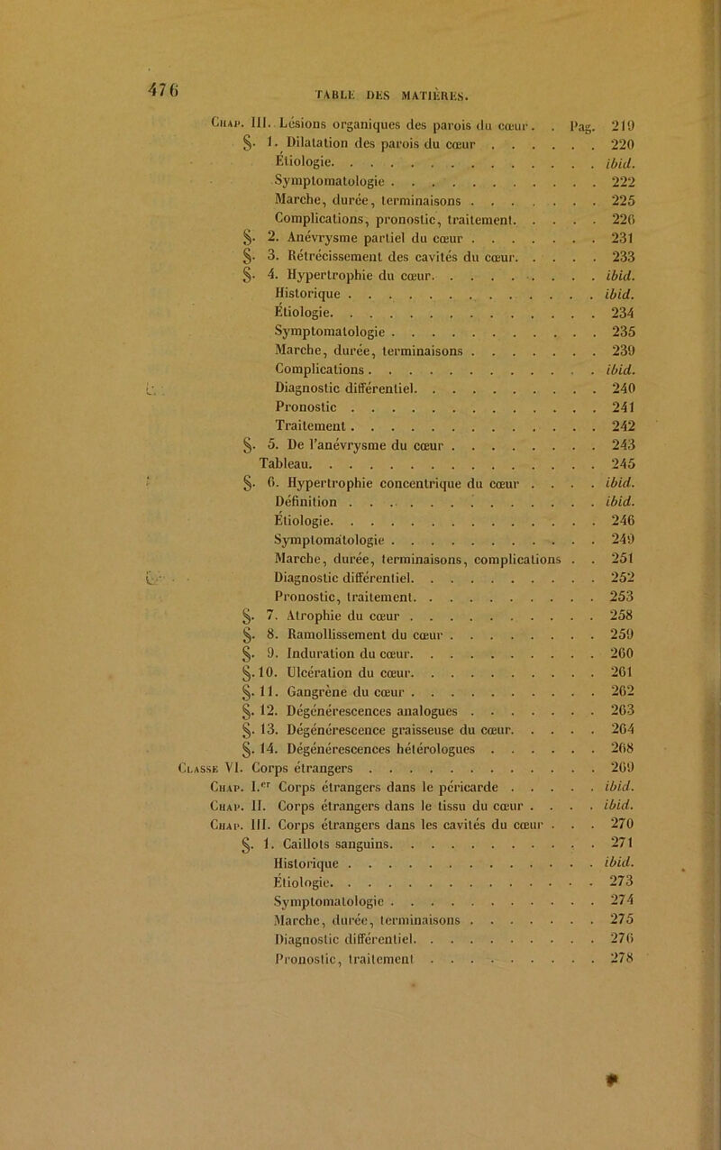 Ciui>. III. Lésions organiques des parois du cœur. . Pag. 219 §• 1. Dilatation des parois du cœur 220 Étiologie ibid. Symptomatologie 222 Marche, durée, terminaisons 225 Complications, pronostic, traitement 220 §• 2. Anévrysme partiel du cœur 231 §• 3. Rétrécissement des cavités du cœur 233 §• 4. Hypertrophie du cœur ibid. Historique ibid. Étiologie 234 Symptomatologie 235 Marche, durée, terminaisons 239 Complications ibid. •j, Diagnostic différentiel 240 Pronostic 241 Traitement 242 §. 5. De l’anévrysme du cœur 243 Tableau 245 §■ 0. Hypertrophie concentrique du cœur .... ibid. Définition ' ibid. Étiologie 246 Symptomatologie 249 Marche, durée, terminaisons, complications . . 251 ( ■ Diagnostic différentiel 252 Pronostic, traitement 253 §. 7. Atrophie du cœur 258 §. 8. Ramollissement du cœur 259 §. 9. Induration du cœur 260 §.10. Ulcération du cœur 261 §.11. Gangrène du cœur 262 §. 12. Dégénérescences analogues 263 §. 13. Dégénérescence graisseuse du cœur 264 §. 14. Dégénérescences hétérologues 268 Classe VI. Corps étrangers 269 Chap. I.er Corps étrangers dans le péricarde ibid. Chap. II. Corps étrangers dans le tissu du cœur .... ibid. Chap. III. Corps étrangers dans les cavités du cœur . . . 270 §. 1. Caillots sanguins , . 271 Historique ibid. Étiologie 273 Symptomatologie 274 Marche, durée, terminaisons 275 Diagnostic différentiel 276 Pronostic, traitement 278 9