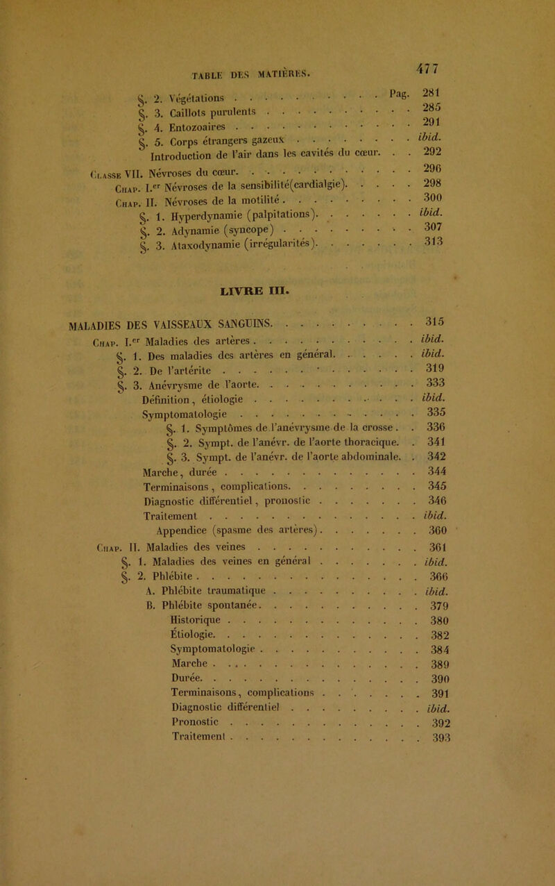 g. 2. Végétations 1 il6- g. 3. Caillots purulents g. 4. Entozoaires g. 5. Corps étrangers gazeux . Introduction de l’air dans les cavités du cœur. . . Classe VII. Névroses du cœur Chap. I.er Névroses de la sensibilité(cardialgie) Chap. II. Névroses de la motilité g. 1. Hyperdynamie (palpitations). g. 2. Adynamie (syncope) '• • g. 3. Ataxodynamie (irrégularités) 281 285 291 ibid. 292 296 298 300 ibid. 307 313 LIVRE III. MALADIES DES VAISSEAUX SANGUINS 315 Chap. I.cr Maladies des artères ibid. g. 1. Des maladies des artères en général ibid. g. 2. De l’artérite ‘ 319 g. 3. Anévrysme de l’aorte. 333 Définition, étiologie ibid. Symptomatologie 335 §. 1. Symptômes de l’anévrysme de la crosse. . 336 g. 2. Sympt. de l’anévr. de l’aorte thoracique. . 341 g. 3. Sympt. de l’anévr. de l’aorte abdominale. . 342 Marche, durée 344 Terminaisons , complications 345 Diagnostic différentiel, pronostic 346 Traitement ibid. Appendice (spasme des artères) 360 Chap. II. Maladies des veines 361 g. 1. Maladies des veines en général ibid. g. 2. Phlébite 366 A. Phlébite traumatique ibid. B. Phlébite spontanée 379 Historique 380 Étiologie 382 Symptomatologie 384 Marche 389 Durée 390 Terminaisons, complications . 391 Diagnostic différentiel ibid. Pronostic 392