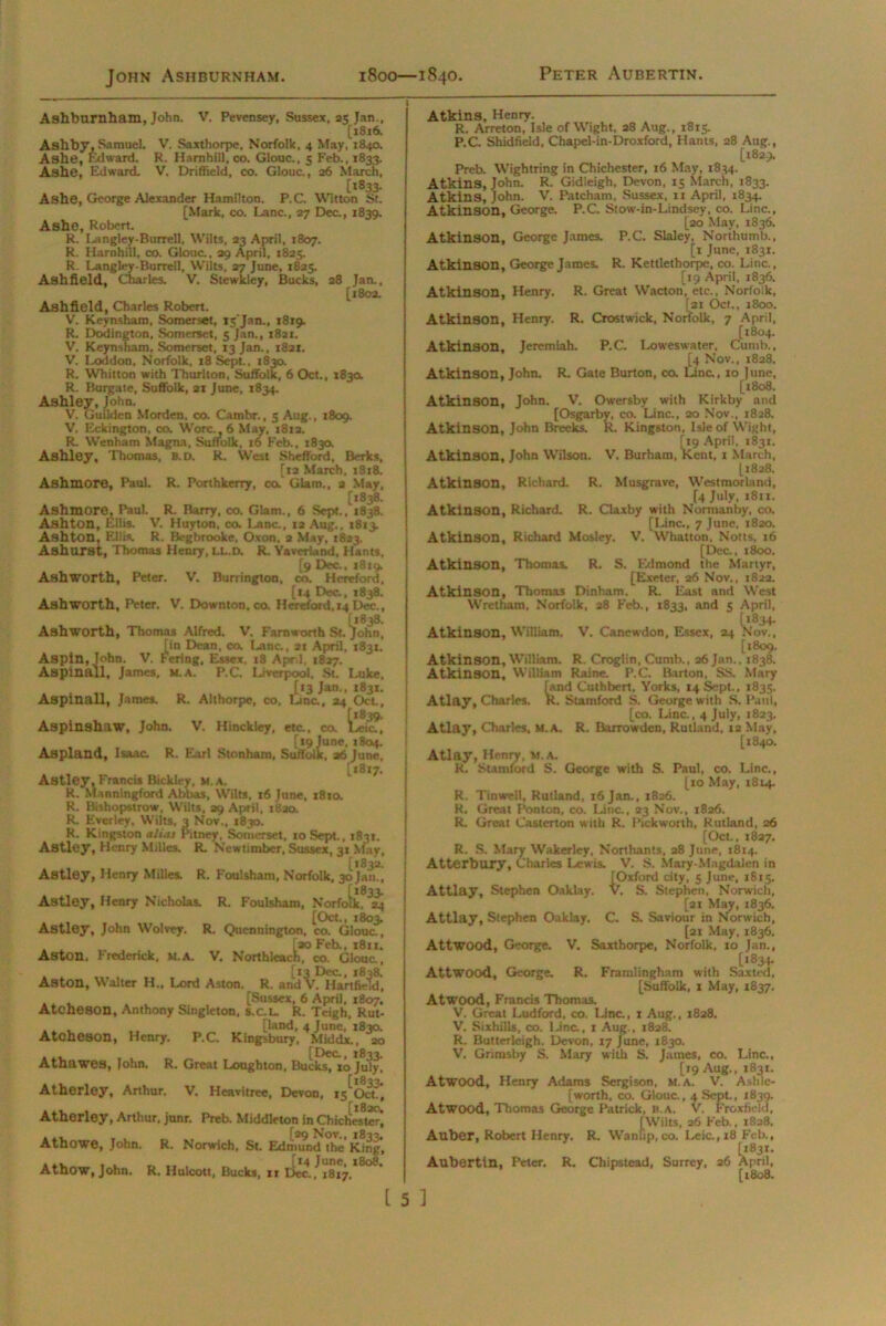 Peter Aubertin. Ashburnham, John. V. Pevensey, Sussex, 25 Jan., [1816. Ashby, Samuel. V. Saxthorpe, Norfolk, 4 May, 184a Ashe, Edward. R. Harnhill, co. Glouc., 5 Feb., 1833. Ashe, Edward. V. Driffield, co. Glouc., 26 March, [1833. Ashe, George Alexander Hamilton. P.C. Witton St. [Mark, co. Lane., 27 Dec., 1839. Ashe, Robert. R. Langley-Burrell, Wilts, 23 April, 1807. R. Harnhill, co. Glouc., 29 April, 1825. R. Langley-Burrell, Wilts, 27 June, 1825. Ash field, Charles. V. Stewkley, Bucks, 28 Jan., [1802. Ashfield, Charles Robert. V. Keynsham. Somerset, 15'Jan., 1819. R. Dodington, Somerset, 5 Jan., 1821. V. Keynsham, Somerset, 13 Jan., 1821. V. l.oddon. Norfolk. 18 Sept., 1830. R. Whitton with Thurlton, Suffolk, 6 Oct., 183a R. Burgate, Suffolk, 21 June, 1834. Ashley, John. V. Guilden Morden. co. Cambr., 3 Aug., 1809. V. Eckington, co. Wore., 6 May, 1812. R. Wenham Magna, Suffolk, 16 Feb., 183a Ashley, Thomas, B.D. R. West Shefford, Berks, [12 March, 1818. Ashmore, Paul. R. Porthkerry, co. Glam., a May, [1838. Ashmore, Paul. R. Barry, co. Glam., 6 Sept., 1838. Ashton, Ellis. V. Huyton, co. Lane., 12 Aug., 1813. Ashton, Ellis. R. Begbrooke, Oxon, 2 May, 1823. Ashurst, Thomas Henry, LL.D. R. Yavcriand, Hants, [9 Dec., 1819. Ashworth, Peter. V. Burrington, co. Hereford, [14 Dec., 1838. Ashworth, Peter. V. Downton, co. Hereford, 14Dec., 11838. Ashworth, Thomas Alfred. V. Farnworth St. John, [in Dean, co. Lane., 21 April, 1831. Aspin, John. V. Fering, Essex. 18 Apr.l. 1827. Aspinall, James. M.A. P.C. Liverpool. St. Luke, [13 Jan., 1831. Aspinall, James. R. Althorpe, co, Line, 24 Oct, Aspinshaw, John. V. Hinckley, etc., co. Leic^ [19 June, 1804. Aspland, Isaac. R. Earl Stonham, Suffolk, a6 June, [j8«7. Astley, Francis Bickley, M.A. R. Minningford Abbas, Wilts, 16 June, 1810. R. Bishopstrow, Wilts, 29 April, 1820. R. Everley, Wilts, 3 Nov., 1830. R. Kingston alias Pitney, Somerset, 10 Sept., 1831. Astley, Henry Milles. R. Newtimber, Sussex, 31 May, [*833. Astley, Henry Milles. R. Foulsham, Norfolk, 30 Jan., Astley, Henry Nicholas. R. Foulsham, Norfdkf^ [Oct., 1803. Astley, John Wolvey. R. Qucnnington, co. Glouc., [ao Feb., 1811. Aston, Frederick, M.A. V, Northlcach, co. Glouc., [13 Dec., 1838. Aston, Walter H., Lord Aston. R. and V. Hart field, , . [Sussex, 6 April, 1807. Atcheson, Anthony Singleton, S.C.L. R. Teigh, Rut- land, 4 June, 1830. Atcheson, Henry. P.C. Kingsbury, Middx., 20 ... , , [Dec., 1833. Athawes, lohn. R. Great Loughton, Bucks, xo July, Atherley, Arthur. V. Heavitree, Devon, 15'Oa* Atherley, Arthur, junr. Preb. Middleton in Chictietteri ... ., _ r29 Nov., 1833. Athowe, John. R. Norwich, St. Edmund the King, Athow, John, R. Huicott, Bucks [14 June, 1808 1, xr Dec., 18 1817. Atkins, Henry. R. Arreton, Isle of Wight, 28 Aug., 18x5. P.C. Shidfield, Chapel-in-Droxford, Hants, 28 Aug., [1829. Preb. Wightring in Chichester, 16 May, 1834. Atkins, John. R. Gidieigh, Devon, 15 March, 1833. Atkins, John. V. Patcham, Sussex, 11 April, 1834. Atkinson, George. P.C. Stow-in-Lindsey, co. Line., [20 May, 1836. Atkinson, George James. P.C. Slaley, Northumb., [1 June, 1831. Atkinson, George James. R. Kettlethorpe, co. Line., [19 April, 1836. Atkinson, Henry. R. Great Wacton, etc., Norfolk, [21 Oct., 1800. Atkinson, Henry. R. Crostwick, Norfolk, 7 April, [1804. Atkinson, Jeremiah. P.C. Loweswater, Cumb., [4 Nov., 1828. Atkinson, John. R. Gate Burton, co. Lina, 10 June, [1808. Atkinson, John. V. Owersby with Kirkby and [Osgarby, co. Line., 20 Nov., 1828. Atkinson, John Breeks. R. Kingston, Isle of Wight, [19 April, 1831. Atkinson, John Wilson. V. Burham, Kent, x March, [1828. Atkinson, Richard. R. Musgrave, Westmorland, [4 July, 1811. Atkinson, Richard. R. Claxby with Normanby, co. [Line., 7 June. 1820. Atkinson, Richard Mosley. V. What ton, Notts, 16 [Dec., 1800. Atkinson, Thomas. R. S. Edmond the Martyr, [Exeter, 26 Nov., 1822. Atkinson, Thomas Dinham. R. East and West Wretham, Norfolk, 28 Feb., 1833, and 5 April, l1834. Atkinson, William. V. Canewdon, Essex, 24 Nov., [1809. Atkin80n, William. R. Croglin, Cumb., 26 Jan.. 1838. Atkinson, William Raine. P.C. Barton, SS. Mary [and Cuthbcrt, Yorks, 14 Sept., 1835. Atlay, Charles. K. Stamford S. George with S. Paul, [co. Line., 4 J uly, 1823. Atlay, Charles, M.A. R. Barrowdcn, Rutland, 12 May, [1840. Atlay, Henry, m.a. R. Stamford S. George with S. Paul, co. Line., [10 May, 1814. R. Tinwell, Rutland, 16 Jan., 1826. R. Great Ponton, co. Line., 23 Nov., 1826. R. Great Casterton with R. Pickworth, Rutland, 26 [Oct., 1827. R. S. Mary Wakerley, Northants, 28 June, 1814. Atterbury, Charles Lewis. V. S. Mary-Magdalen in [Oxford dty, 5 June, 1815. Attlay, Stephen Oaklay. V. S. Stephen, Norwich, [21 May, 1836. Attlay, Stephen Oaklay. C. S. Saviour in Norwich, [21 May, 1836. Attwood, George. V. Saxthorpe, Norfolk, 10 Jan., [*834- Attwood, George. R. Framlingham with Sax ted, [Suffolk, 1 May, 1837. Atwood, Francis Thomas. V. Great Ludford, co. Line., 1 Aug., 1828. V. Sixhills, co. Line, 1 Aug., 1828. R. Butterleigh. Devon, 17 June, 1830. V. Grimsby S. Mary with S. James, co. Line., [19 Aug., 1831. Atwood, Henry Adams Sergison, m.a. V. Ashlc- [worth, co. Glouc., 4 Sept., 1839. Atwood, Thomas George Patrick, b.a. V. Froxfiekl, [Wilts, 26 Feb., 1828. Auber, Robert Henry. R. Wanlip, co. Leic., 18 Feb., [1831. Aubertin, Peter. R. Chipstcad, Surrey, 26 April, [1808.