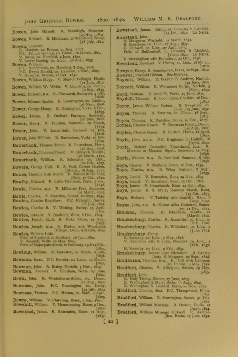 John Gkizzell Bowen. Bowen, John Grirrell. Bower, Edward Sparke. R. Stawleigh, Somerset, [33 Aug., 1834. Bowen Richard. R. Mindtown, or Mainstone, Salop, [18 July, 1810. Bowen, Thomas. R. Llanynis, co. Brecon, 35 Aug., 1801. P.C. Temple Guiting, co. Glouc., 10 March, 1810. V. Birley, co. Hereford, 2 June, 1830. V. Lower Guiting, co. Glouc., 28 Aug., 1835. Bowen, William. P.C. Kentchurch, co. Hereford, 8 Dec., 1826. P.C. Ewyas Harold, co. Hereford, 2 Nov., 1827. V. Haye, co. Brecon, 21 Oct., 1831. Bowen, William Mogg. V. Shipton Bellinger, Hants, [11 June. 1812. Bowen. William W. Webb. V. Camrlros, co. Pemb., [2 Sep., 1833. Bower, Edward, B A. R. Closwortb, Somerset, | July, R. Leverington. co. Cambr., [36 Nov., 1808. Bower, George Henry. R. Rossington, Yorks, 8 Oct., Ci833- Bower, Henry. R. Orchard Portman, Somerset, [26 June, i8c6. Bower, Henry. V. Taunton, Somerset, 12 March, [»8*9- Bower, John. V. Lostwithiel, Cornwall, 33 July, ’ [1816. Bower, John William. R. Barnestone, Yorks, 17 July, ! t8a<#. Bowerbank, Thomas (Frere). R. Puttenham, Heris, [16 Aug., i8c8. Bowerbank,T(homas)F(rere). V. Chiswick. Middx., [36 March, 181 x. Bowerbank, William. R. Salmonby, co. Line., 22 Feb., 1827. Bowers, George Hull. R. S. Paul, Covent Garden, [Middx., t8 Aug., 1831. Bowes, Timothy Fish Foord. R. Barton in the Clay, [Beds, 17 Oct., 1820. Bowlby, Edward. R. Little Thurrock, Essex, 5 Jan., [1838. Bowie, Charles, M.A. V. Milbome Port, Somerset, [21 March, 1835. Bowie, Charles. V. Moreden, Dorset, to Sept, 1834. Bowles, Charles Bradshaw. P.C. Pirbright, Surrey, [n July, 183a. Bowles, Charles B. V. Woking, Surrey, 15 April, [1837, Bowles, Edward. V. Bradford, Wilts, 8 Dec., 1804. Bowles, Joseph, IX.D. R. Noke, Oxon, 14 Aug., Bowles, Joseph, M.A. R. Bladon with WooiLtock [Chapel, Oxon, 9 March, 1840. Bowles, William Lisle. Preb. of Stratford, in Salisbury, 16 Jan., 1804. V. BremhiU, Wilts, 33 May, 1804. Preb. of Major pars Altaris, in Salisbury, 13 & 14 Feb., [1805. Bowling, William. R. Lowest on, co. Pemb,, a June, Bowman, Isaac. P.C. Formby, co. Lane., 14 March, [1833. Bowman, John. R. Bixley. Norfolk, 5 Nov., 1813. Bowman, Thomas. V. Fiintham, Notts. 37 June, [1804. Bown, John. R. Winterbome-Abbas, etc., Dorset, [12 Aug., 1802. Bowness, John. P.C. Brassington, co. Derby, Bowness, Thomas. P.C. Horton, co 1800—i84o. William M. IC. Bradford Bowstead, James, f 14 July, 1809. 1. Staff., 4 A April, [1825. Bowra, William. V. Clavering, Essex, 1 Jan., 1801. Bowshill, William. V. Mountnessing, Essex, 9 Dec., [1802. Bowstead, James. R. Rottenden, Essex, it Aug., 1*837. Bishop of Coventry & Lichfield, [23 Jan., 1840. Le Neve. Bowstead, John. R. Musgrave, Westmld., 31 March, 1832. R. Greetham, co. Line., 12 Aug., 1837. V. Tathwell. co. Line., 27 April, 1839. Preb. of Bubbenhall, in Coventry & Lichfield. [about 1840. Le Neve. V. Messingham with Bottesford, 22 Oct., 1840. Bowstead, Rowland. V. Ulceby, co. Line., 18 March, [l8l8. Eowyer, Henry. R. Sunningwell, Berks, 22 Sept., 1812. Bowyer, Reynold Gideon. See Bouyer. Boycott, William. R. Beeston S. Andrew, Norfolk, [12 June, 1806. Boycott, William. R. Wheatacre Burgh. Norfolk, 5 J [Sept., 1829. Boyd, William. V. Arncliffe, Yorks, 19 June, 1835. Boy dell, Thomas. R. Coddington, Cheshire, 18 Dec., [1840. Boyer. James William Robert. R. Swepston, co. J J [Leic., 29 June, 1832. Boyes, Thomas. R. Stratton, co. Glouc., 18 Sept., Boyes, Thomas. R. Radclive, Bucks, 19 Dec., 1817. Boyles, Charles Gower. V. Tamerton Foliatt, Devon, [25 Aug., 1821. Boyles, Charles Gower. R. Buriton, Hants, 21 April, [1829. Boyle, John, B.cx. P.C. Brighouse in Halifax, 16 [April, 184a Boyle, Richard Cavendish Townshend, M.A. R. Merston or Marston Bigott, Somerset, 14 May, [*836. Boyle, William, M.A. R. Freshford, Somerset, 6 July, [1838. Boys, Charles. V. Shalford, Essex, 20 Dec., 1835. Boys, Charles, m.a. R. Wing, Rutland, 8 Aug., [1839- Boys, Daniel. V. Benenden, Kent, 29 Nov., 1805. Boys, Daniel. V. Brookland, Keut, 15 Dec., 1809. Boys, James. V. Cranebrook, Kent, 14 Oct., 1834. Boys, lames. R. S. Mary, Romney Marsh, Kent, [13 Oct., 1835. Boys, Richard. V. Tudeley with chapelry, Kent, 6 [Aug., 1830. Boyse, John, B.A. R. Kit nor alias Culborne, Somer- [set, 11 Dec., i8ar. Bracken, Thomas. R. Ickenhara, Middx., 21 [March, 1800. Brackenbury, Charles. R. Aswardby, co. Line., 27 [Feb., 1828. Brackenbury, Charles. R. Willesford, co. Line., 7 [June, 1831. Brackenbury, Henry. R. Scremby, co. Line., 7 May, 1816. V. Dunholme with S. John, Newport, co. Line., 1 [Feb., 1837. R. Scremby, co. Line., 2 F’eb., 1837. Brackenbury, Robert Carr Nicholson. R. Canter- bury, S. Margaret. 25 Sept., 1828. Bradburne, Thomas, m.a. R. Toft with Caldecot. [co. Cambr., 4 May, 1827. Bradford, Charles. V. Arlington, Sussex, 19 May, [1839. Bradford, John. R. Holy Trinity, Exeter, 17 June, 1813. R. Wallingford S. Mary, Berks, — Aug., 1822. R. Wallingford S. Leonard, Berks, — Nov., 1822. Bradford, Thomas, died. P.C. Threapwood, Flints, Bradford, William. R. Storrington, Sussex, 3/July, [1811. Bradford, William Mussage. R. Hedsor, Bucks, 27 [April, 1814. Bradford, William Mussage Kirkwell. R. Hamble- [don, Bucks, 17 June, 1833. C ai ]