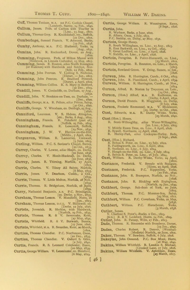 Thomas T. Cuff. 1800—1840. William W. Dakins. Cuff, Thomas Tenison, M.A. 1st P.C. Carlisle Chapel, [Lambeth, Surrey, 14 Feb., 1840. Cullum, James. Preb. of Carlton with Thurlby in [Line., 15 Aug., 1810. Cullum, Thomas Grey. R. Knoddishall, etc., Suffolk, [21 Dec., 1801. Cumberlege, Samuel Francis. V. Astwood, Bucks, [12 Feb., 1838. Cumby, Anthony, M.A. P.C. Hudswell, Yorks, 24 [Aug., 1831. Cumins, John. R. Rackenford, Devon, 22 Aug., [1822. Cumming, Frogmcre. Preb. of Milton Manor with [Binbrook, in Lincoln Cathedral, 15 May, 1817. Cumming, James. R. Routon, alias North Roungton (or Runcton) with Hardwick and Setchye, Nor- folk, 12 Feb., 1819. Cumming, John Penrose. V. Lydling S. Nicholas, [Dorset, — Jan., 1801. Cumming, John Penrose. R. Bradford Peverell, [Dorset, 4 April, i8ro. Cumming, William Collins. R. S. Mary in Bedford, [31 Dec., 1819. Cundill, James. V. Coniscliffe, co. Durham, 17 Aug., [1832. Cundill, John. V. Stockton-on-Tees, co. Durham, — [Dec., 1820. Cunliffe, George, M.A. R. Pelton, alias Petton, Salop, [30 Oct., 1821. Cunliffe, George. V. Wrexham, co. Denbigh, 25 Aug., [1826. Cunniford, Laurence. V. S. Helens, Abingdon, [etc., Berks, 8 Aug., 1811. Cunningham, Francis. R. Pakefield (part of), [Suffolk, 25 Feb., 1814. Cunningham, Francis. R. Lowestoft, Suffolk, [19 Nov., 1830. Cunningham, J. W. V. Harrow-on-the-Hill, [Middx., 7 April, 1811. Curgenven, William. R. Lamorran, Cornwall, [9 June, 1803. Curling, William. P.C. S. Saviour’s Chapel, Surrey, [10 Oct., 1833. Currey, Charles. V. Lowne, alias Heath, co. Derby, [10 June, 1836. Currey, Charles. V. Hault-Hucknall, co. Derby, [10 June, 1836. Currey, James. R. Thiming, Norfolk, 17 April, [1811. Currie, Charles. V. Tilney All Saints, Norfolk, [8 May, 1835. Currie, James. V. Dearham, Cumb., 2 Oct., Currie, Thomas. V. Little Melton, Norfolk, 28 [1832. Currie, Thomas. R. Bridgeham, Norfolk, 18 April, [1839. Curry, Nathaniel Benjamin, a.b. P.C. Brimington, [co. Derby, 3 Nov., 1835. Cursham, Thomas Leeson. V. Mansfield, Notts, 16 [Jan., 1813. Cursham, Thomas Leeson, d.C.l. V. Blackwell, co. [Derby, 12 July, 1826. Curteis, Jeremiah. R. Shelton, with Hardwick, [Norfolk, 19 Feb., 1835. Curteis, Thomas. R. & V. Sevenoaks, Kent, [27 May, 1831. Curteis, Whitfield. R. & V. Burwash, Sussex, [17 June, 1806. Curteis, Whitfield, m.a. R. Smarden, Kent, 20 March, [1821. Curties, Thomas Chandler. P.C. Northmore, Oxon, [22 Dec., 1835. Curties, Thomas Chandler. V. Oxford S. Giles, [2 July, 1840. Curtis, Francis. R. S. Leonard Colchester, Essex, [10 May, 1839. Curtis, George William. V. Leominster, co. Hereford, [6 May, 18x9. Curtis, George William. R. Wennington, Essex, „ [8 Sept., 1826. Curtis, John. R. Wytham, Berks, 2 June, 1811. R. Albury, Oxon, 5 July, 1811. P.C. Smisby, co. Derby, 27 May, 1831. Curtois, George Henry. R. South Willingham, co. Line., 15 Aug., 1823. R. East Barkwith, co. Line., 19 Oct., 1825. V. Great Ludford, co. Line., 7 April, 1828. V. Sixhills, co. Line., 7 April, 1828. Curtois, Peregrine. R. Pottcr-Hanworth, co. Line., [13 March, 1801. Curtois, Peregrine. R. Branston, co. Line., 1 March, [1815. Curtois, Rowland Grove. V. Oving, Sussex, 11 Jan., [1826. Curwen, John. R. Harrington, Cumb., 6 Oct,, 1823. Curwen, John. R. Plumbland, Cumb., 1 April, 1834. Curwen, William. R. Harrington, Cumb., 26 Nov., Curzon, Alfred. R. Norton by Twycross, co. Ceic. [14 Oct., 1829. Curzon, (Hon.) Alfred, M.A. R. Kedleston, co. [Derby, 6 April, 1832. Curzon, David Francis. R. Mugginton, co. Derby, [8 July, 1800. Curzon, Frederic Emmanuel, m.a. V. Mickleover, [co. Derby, 10 Oct., 1820. Cust, Edwards, M.A. R. Danby Wiske, Yorks, [23 March, 1840. Oust (Hon.), Henry. R. Scott-Willoughby, alias Water-Willoughby, (co. Line., 6 July, 1805. -inc., 8 April, 1806. R. Sywell, Northants, 15 April, 1806. R. Hatley-Port, alias Cockayne-Hatley, Beds, [6 Sept., 1806. Cust, (Hon.), Richard. R. Belton S. Peter, co. Line., 13 July, 1810. R. Faldingworth, co. Line., 6 April, 1811. R. Snelland, co. Line., 6 July, 1814. V. Hough-on-the-Hill, co. Line., 6 July, 1814. R. Belton S. Peter, co. Line., 16 July, 1814, Cust, William. R. Danby-Wiske, Yorks, 24 April, [1811. Custance, Frederick. V. Steeple with Stangate, [Essex, 25 April, 1828. Custance, Frederick. P.C. Ripponden, Yorks, R. [10 Feb., 1830. rfolk, 20 Nov., [1828. Custance, John. R. Brampton, Norfolk, 20 Nov., Custance, John. Cuthbert, George. Cuthbert, Thomas. Cuthbert, William. P.C. Coverham Cuthbert, William. P.C. Blickling with Erpingham, [Norfolk, 19 Jan., 1839. Sub-dean of. York, 10 June, P.C. Moreton-Sea, [23 May, 1811. 1, Yorks, 21 May, [1836. Horsehouse, Yorks, [3 March, 1838. Cutler, James. V. Chalfont S. Peter’s, -Bucks, 1 Oct., 1803. (b.d.) R. & V. Leckford, Hants, 14 Feb., 1809. Cutler, John. R. Patney, Wilts, 17 Feb., 1815. Dade, Thomas. R. Bincombe with Broadway, Dorset, [15 Jan., 1820. Dades, Charles Robert. R. Denver, (Westhall- [Mediety) Norfolk, 22 June, 1801. Daker, Thomas. V. Bawdsey, Suffolk, 6 July, 1808. Dakeyne, John Osmond. P.C. Box Moor, Herts, [28 May, 1840. Dakins, William Whitfield. R. London S. Michael, [Crooked Lane, 17 July, 18x6. Dakins, William Whitfield. V. Asheldam, Essex, [25 March, 1817.