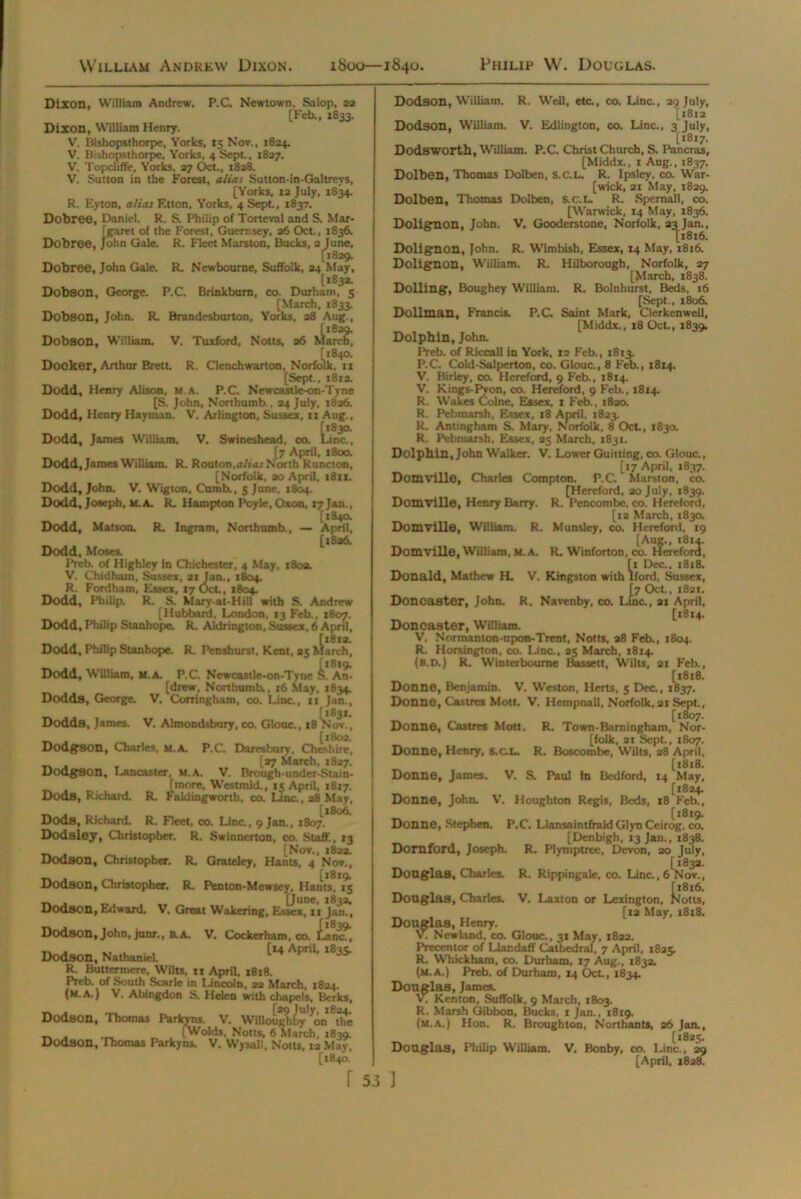 Dixon, William Andrew. P.C, Newtown, Salop, 22 [Feb., 1833. Dixon, William Henry. V. Blshopsthorpe, Yorks, 15 Nov., 1824. V. Bisbopsthorpe, Yorks, 4 Sept., 1827. V. Topcliffe, Yorks, 27 Oct., 1828. V. Sutton in the Forest, alias Sutton-in-Galtreys, [Yorks, 12 July, 1834. R. Eyton, alias F.tton, Yorks, 4 Sept., 1837. Dobree, Daniel. R. S. Philip of Torteval and S. Mar- garet of the Forest, Guernsey, 26 Oct., 1836. Dobree, John Gale. R. Fleet Marston, Bucks, 2 June, [1829. Dobree, John Gale. R. Newboume, Suffolk, 24 May, 1*832. Dobson, George. P.C. Brinkburn, co. Durham, 5 [March, 1833. Dobson, John. R. Brandesburton, Yorks, 28 Aug., Dobson, William. V. Tuxford, Notts, 26 i&g [1840. Docker, Arthur Brett. R. Clenchwarton, Norfolk, 11 [Sept., 1812. Dodd, Henry Alison, m.a. P.C. Newcastle-on-Tyne [S. John, Northumb , 24 July, 1826. Dodd, Henry Hayman. V. Arlington, Sussex, 11 Aug., Dodd, James William. V. Swineshead, co. Line*, [7 April, 1800. Dodd, James William. R. Routon.a/ruj North Runcton, [Norfolk, ao April, 1811. Dodd, John. V. Wigton, Cumb., 5 June, 1804. Dodd, Joseph, m.a. R. Hampton Poyle.Oxon, 17Jan., [184a Dodd, Matson. R. Ingram, Northumb., — April, [1826. Dodd, Moses. Preb. of Highley in Chichester, 4 May, 180a. V. Cbidham, Sussex, 21 Jan., 1804. R. Fordham, Essex, 17 Oct, 1804. Dodd, Philip. R. S. Mary at-Hill with S. Andrew [Hubbard, London. 13 Feb., 1807. Dodd, Philip Stanhope. R. Aldrington, Sussex, 6 April, [1812. Dodd, Philip Stanhope. R. Penshurst. Kent, 25 March, [*819. Dodd, William, M.A. P.C. Newcastle-on-Tyne s. An- [drew, Northumb., 16 May, 1834. Dodda, George. V. Corringham, co. Line., 11 Jan., Dodds, James. V. Almondsbury, co. Glouc., 18 ^N'ov., _ [1802. Dodgson, Charles, m.a. P.C. Daresbury, Cheshire, [27 March, 1827. Dodgson, Lancaster, m.a. V. Brough-under-Stain- [more, Westmld., 15 April, 1817. DodS, Richard. R. Faldingworth, co. Lane., 28 May, _ [1806. Dods, Richard. R. Fleet, co. Line., 9 Jan., 1807. Dodsley, Christopher. R. Swinnerton, co. Staff., 13 _ . [Nov., 1822. Dodson, Christopher. R. Grateley, Hants, 4 Nov., Dodson, Christopher. R. Penton-Mewsey, Hants, 15 _ . [June, 1832. Dodson, Edward. V. Great Wakering, Essex, 11 Jan., Dodson, John, junr., D A. V. Cockerham. co. fane9-. Dodson, Nathaniel t«4 *!»«. *» R. Buttermere, Wilts, rr April, 1818. Preb. of South Scarle in Lincoln, 22 March, 1824. (m.a.) V. Abingdon S. Helen with chapels, Berks, _ [29 July, 1824. Dodson, Thomas Parkyns. V. Willoughby on the , [Wolds, Notts, 6 March, 1839. Dodson, rhoroas Parkyns. V. Wysall, Notts, 12 May, [1840. r 53 Dodson, William. R. Well, etc., co. Line., 29 July, [1812 Dodson, William. V. Edlington, co. Line., 3 July, [1817. Dodsworth, William. P.C. Christ Church, S. Pancras, [Middx., 1 Aug., 1837. Dolben, Thomas Dolben, S.C.L. R. Ipsley. co. War- [wick, 21 May, 1829. Dolben, Thomas Dolben, s.c.L. R. Spemall, co. [Warwick, 14 May, 1836. Dolignon, John. V. Gooderstone, Norfolk, 23 Jan., [1816. Dolignon, John. R. Wimbish, Essex, 14 May, 1816. Dolignon, William. R. Hilborough, Norfolk, 27 [March, 1838. Dolling, Boughey William. R. Bolnhurst, Beds, 16 [Sept., 1806. Dollman, Francis. P.C Saint Mark, Clerkenwell, [Middx., 18 Oct, 1839. Dolphin, John. Preb. of Riccall in York, 12 Feb., 1813. P.C. Cold-Salperton, co. Glouc., 8 Feb., 1814. V. Birley, co. Hereford, 9 Feb., 1814. V. Kings-Pyon, co. Hereford, 9 Feb., 1814. R. Wakes Colne, Essex, 1 Feb., 1820. R. Pebmarsh, Essex, 18 April, 1823. R. Antingham S. Mary, Norfolk, 8 Oct., 1830. R. Pebmarsh, Essex, 25 March, 1831. Dolphin, John Walker. V. Lower Guitting, co. Glouc., [17 April, 1837. Domville, Charles Compton. P.C. Marston, co. [Hereford, 20 July, 1839. Domville, Henry Barry. R. Pencombe, co. Hereford, [12 March, 1830. Domville, William. R. Munsley, co. Hereford, 19 [Aug., 1814. Domville, William, M. A. R, Winforton, co. Hereford, fx Dec., 1818. Donald, Mathew H. V. Kingston with iford, Sussex, J7 Oct., 1821. Doncaster, John. R. Navenby, co. Line., 21 April, [1814. Doncaster, William. V. Normanton-upon-Trent, Notts, 28 Feb., 1804. R. Horsington, co. Line., 25 March, 1814. (b.d.) R. Winterbourne Bassett, Wilts, 21 Feb., [1818. Donne, Benjamin. V. Weston, Herts, 5 Dec., 1837. Donne, Castres Mott. V. Hcmpnail, Norfolk, 21 Sept., [1807. Donne, Castres Mott. R. Town-Barningham, Nor- folk, 21 Sept., 1807. Donne, Henry, S.C.L. R. Boscombe, Wilts, 28 April. [x8i8. Donne, James. V. S. Paul in Bedford, 14 May, [1824. Donne, John. V. Houghton Regis, Beds, x8 Feb., [1819. Donne, Stephen. P.C. Llansaintfraid Glyn Ceirog, co. [Denbigh, 13 Jan., 1838. Dornford, Joseph. R. Plymptree, Devon, 20 July, [183a. Douglas, Charles. R. Rippingale, co. Line., 6 Nov., [1816. Douglas, Charles. V. Laxton or Lexington, Notts, [xa May, 1818. Douglas, Henry. V. New Land, co. Glouc., 31 May, 1822. Precentor of Llar.daff Cathedral, 7 April, 1825. R. Whickham, co. Durham, X7 Aug., 1832. (m.a.) Preb. of Durham, 14 Oct, 1834. Douglas, James. V. Kenton, Suffolk, 9 March, 1803. R. Marsh Gibbon, Bucks, 1 Jan., 1819. (m.a.) Hon. R. Broughton, Northants, 26 Jan., [1825. Douglas, Philip W’illiam. V. Bonby, co. Line., 29 [April, 1828. 1