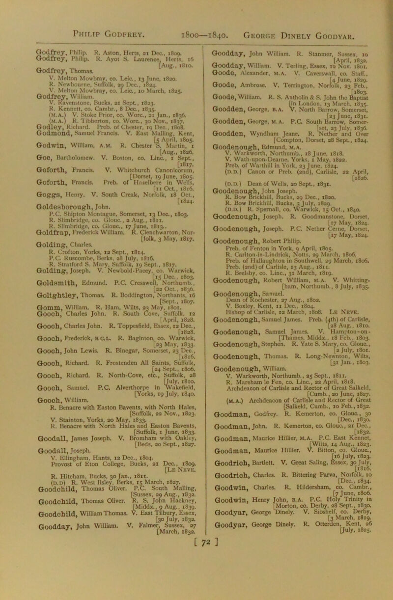Philip Godfrey. 1800—1840. George Dinely Goodyar. Godfrey, Philip. R. Aston, Herts, 21 Dec., 1809. Godfrey, Philip. R. Ayot S. Laurence, Herts, 16 [Aug., 1810. Godfrey, Thomas. V. Melton Mowbray, co. Leic., 13 June, 1820. R. Newbourne, Suffolk, 29 Dec., 1824. V. Melton Mowbray, co. Leic., 10 March, 1825. Godfrey, William. V. Ravenstone, Bucks, 21 Sept., 1823. R. Kennett, co. Cambr., 8 Dec., 1835. (M.A.l V. Stoke Prior, co. Wore., 21 Jan., 1836. (M.A.) R. Tibberton, co. Wore., 30 Nov., 1837. Godley, Richard. Preb. of Chester, 19 Dec., 1808. Godmond, Samuel Francis. V. East Mailing, Kent, [5 April, 1805. Godwin, William, a.m, R. Chester S. Martin, 1 [Aug., 1826. Goe, Bartholomew. V. Boston, co. Line., 1 Sept., [1817. Goforth, Francis. V. Whitchurch Canonicorum, [Dorset, 19 June, 1805. Goforth, Francis. Preb. of Hnzelbere in Wells, [n Oct., 1816. Goggs, Henry, V. South Creak, Norfolk, 18 Oct., [1824. Goldeshorough, John. P.C. Shipton Montague, Somerset, 13 Dec., 1803. R. Slintbridge, co. Glouc., 2 Aug., 1811. R. Slimbridge, co. Glouc., 17 June, 1813.. Goldfrap, Frederick William. R. Clenchwarton, Nor- folk, 3 May, 1817. Golding, Charles. R. Crofton, Yorks, 12 Sept., 1814. P.C. Ruscombe, Berks. 28 July, 1816. R. Stratford S. Mary, Suffolk, 19 Sept., 1817. Golding, Joseph. V. New bold-Pacey, co. Warwick, [15 Dec., 1803. Goldsmith, Edmund. P.C. Cresswell, Northumb., [22 Oct., 1836. Golightley, Thomas. R. Boddington, Northants, 16 [Sept., 1807. Gomm, William. R. Ham, Wilts, 23 May, 1801. Gooch, Charles John, R. South Cove, Suffolk, 12 [April, 1828. Gooch, Charles John. R. Toppesfield, Essex, 12 Dec., [1828. Gooch, Frederick, R.C.L. R. Baginton, co. Warwick, [23 May, 1833. Gooch, John Lewis. R. Binegar, Somerset, 23 Dec., [1816. Gooch, Richard. R. Frostenden All Saints, Suffolk, [24 Sept., 1806. Gooch, Richard. R. North-Cove, etc., Suffolk, 28 [July, 1810. Gooch, Samuel. P.C. Alverthorpe in Wakefield, [Yorks, 19 July, 1840. Gooch, William. R. Benacre with Easton Bavents, with North Hales, [Suffolk, 22 Nov., 1823. V. Stainton, Yorks, 20 May, 1833. R. Benacre with North Hales and Easton Bavents, [Suffolk, 1 June, 1833. Goodall, James Joseph. V, Bromham with Oakley, [Beds, 20 Sept., 1827. Goodall, Joseph. V. Ellingham, Hants, 12 Dec., 1804. Provost of Eton College, Bucks, 21 Dec., 1809. [Le Neve. R. Hitcham, Bucks, 30 Jan., 1811. (d.d) R. West Ilsley, Berks, 15 March, 1827. Goodchild, Thomas Oliver. P.C. South Mailing, [Sussex, 29 Aug., 1832. Goodchild, Thomas Oliver. R. S. John Hackney, [Middx., 9 Aug., 1839. Goodchild, William Thomas. V. East Tilbury, Essex, [30 July, 1832. Goodday, John William. V. Falmer, Sussex, 27 [March, 1832. Goodday, John William. R. Stanmer, Sussex, 10 [April, 1832. Goodday, William. V. Terling, Essex, 12 Nov. 1801. Goode, Alexander, M. A. V. Cavers wall, co. Staff., [4 June, 1829. Goode, Ambrose. V. Terrington, Norfolk, 23 Feb., [1803. Goode, William, R. S. Antholin & S. John the Baptist [in London, 13 March, 1835. Goodden, George, B.A. V. North Barrow, Somerset, [23 June, 1831. Goodden, George, M.A. P.C. South Barrow, Somer- set, 23 July, 1836. Goodden, Wyndham Jeane. R. Nether and Over [Compton, Dorset, 28 Sept., 1824. Goodenough, Edmund, m.a. V. Warkworth, Northumb., 18 June, 1818. V. Wath-upon-Dearne, Yorks, 1 May, 1822. Preb. of Warthill in York, 23 June, 1824. (D.D.) Canon or Preb. (2nd), Carlisle, 22 April, [1826. (d.d.) Dean of Wells, 20 Sept., 1831. Goodenough, John Joseph. R. Bow Brickhill, Bucks, 29 Dec., 1820. R. Bow Brickhill, Bucks, 3 July, 1829. (d.d.) R. Spernall, co. Warwick, 15 Oct., 1840. Goodenough, Joseph. R. Goodmanstone, Dorset, [17 May, 1824. Goodenough, Joseph. P.C. Nether Cerne, Dorset, [17 May, 1824. Goodenough, Robert Philip. Preb. of Fenton in York, 0 April, 1805. R. Carlton-in-Lindrick, Notts, 29 March, 1806. Preb. of Hallaughton in Southwell, 29 March, 1806. Preb. (2nd) of Carlisle, 13 Aug., 1811. R. Beelsby, co. Line., 31 March, 1819. Goodenough, Robert William, m.a. V. Whitting- [ham, Northumb., 8 July, 1835. Goodenough, Samuel. Dean of Rochester, 27 Aug., 1802. V. Boxley, Kent, 11 Dec., 1804. Bishop of Carlisle, 12 March, 1808. Le Neve. Goodenough, Samuel James. Preb. (4th) of Carlisle, [28 Aug., 18to. Goodenough, Samuel James. V. Hampton-on- [Thames, Middx., 18 Feb., 1803. Goodenough, Stephen. R. YateS. Mary, co. Glouc., [2 July, 1801. Goodenough, Thomas. R. Long-Newnton, Wilts, [31 Jan., 1803. Goodenough, William. V. Warkworth, Northumb., 25 Sept., 1811. R. Mareham le Fen, co. Line., 22 April, 1818. Archdeacon of Carlisle and Rector of Great Salkeld, [Cumb., 20 June, 1827. (M.A.) Archdeacon of Carlisle and Rector of Great [Salkeld, Cumb., 10 Feb., 1832. Goodman, Godfrey. R. Kemerton, co. Glouc., 30 [Dec., 1830. Goodman, John. R. Kemerton, co. Glouc., 21 Dec., [1832. Goodman, Maurice Hillier, M.A. P.C. East Kennet, [Wilts, 14 Aug., 1823. Goodman, Maurice Hillier. V. Bitton, co. Glouc., [16 July, 1823. Goodrich, Bartlett. V. Great Saling, Essex, 30 July, [1816. Goodrioh, Charles. R. Bittering Parva, Norfolk, 10 [Dec., 1834. Goodwin, Charles. R. Hildersham, co. Cambr., [7 June, 1806. Goodwin, Henry John, B.A. P.C. Holy Trinity in [Morton, co. Derby, 28 Sept., 1830. Goodyar, George Dinely. V. Sibshelf, co. Derby, [3 March, 1819. Goodyar, George Dinely. R. Otterden, Kent, 26 [July, 1825.