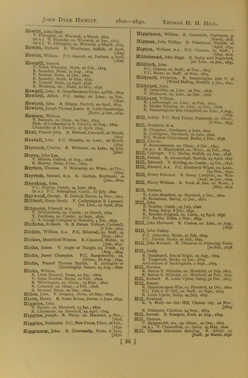 John Dyer Hewitt. 1800—1840. I homas H. H. Hill. Hextall, John. P.C. Mossley, co. Lane., 26 Hewitt, John Dyer. V. Fillongley, co. Warwick, 2 March. 1801. Y; Maxtoke, co. Warwick, 21 Jan., 1819. (M.A.) V. Fillongley, co. Warwick, 9 March, 1819. Hewitt, Richard. R. Westhorpe, Suffolk, 16 April, Hewitt, V\ illiam. P.C. Ancroft, co. Durham, 4 April, Hewgill, Francis. ^ V. North Wheatley, Notts, 26 Feb., 1819. R. Saundby, Notts, 30 Aug , 1819. V. Sturton, Notts, 19 Oct., 1820. R. Saundby, Notts, 18 May, 1821. R. Trowell, Notts, 14 April, 1838. R. Wollaton, etc., Notts, 10 May, 1838. Hewgill, John. R. GreatSmeaton,Yorks, 25 Feb., 1804. Hewlett, Alfred. P.C. Astley, co. Lane., 19 Feb., ... [1840. Hewlett, John. R. Hilgay, Norfolk, 22 April, 1819. Hewlett, Joseph Thomas James. R. Little Stambridge, [Essex, 9 Oct., 1840. Hewson, William. V. Swansea, co. Glam., 20 Dec., 1813. Preb. of Carfaechel in S. David's, 18 Aug., 1824. Chancellor of S. David's, 27 April, 1825. Hext, Francis John. R. Helland, Cornwall, 26 March, 1817. 1 March, , [1831. Iieycook, Charles. R. Withcote, co. Leic., 19 July, [*827. Heyes, John Lea. V. Merton, Oxford, 16 Aug., 1806. R. Bushey, Herts, 8 Oct., 1825. Heynes, Thomas. V. Wolverley, co. Wore., 30 Dec., [1814. Heyriok, Samuel, M.A. R. Carlton, Northants, 22 [Jan., 1819. Heysham, John. P.C. Hayton, Cumb., 24 June, 1819. (m.A.) P.C. Scbergham, Cumb., 11 July, 1820. Heywood, George. R. Ideford, Devon, 14 Nov., 1811. Hibbert, Henry Booth. V. Cockerington S. Leonard, [co. Line., 17 April, 1832. Hibgame, Edward, M.A. V. Whittlesford, co. Cambr., n March, 1822. V. Fordham, co. Cambr., 10 Sept., 1830. C. S. George Colegate in Norwich, 4 Jan., 1831. Hichens, Richard. R. S. Perran Uthnoe, Cornwall, [1 July, 1803. Hickin, William, b.a. P.C. Ellenhall, co. Staff., 24 [Sept., 1817. Hickes, Heathfield Weston. R. Cranford, Middx., 19 [July, 1837. Hicks, James. V. Angle or Nangle, co. Pemb., 23 [Aug., 1804. Hicks, James Champion. P.C. Rangeworthy, co. [Glouc., 18 Aug., 1834. Hicks, Purnell Thomas Baptist R. Ardingley or [Earthingley, Sussex, 25 Aug., 1820. Hicks, William. R. Little Braxted, Essex, 22 Jan., 1802. V. Great Marlow, Bucks, 12 F'eb., 1802. R. Whittington, co. Glouc., 13 Sept., 1811. R. Coberley, co. Glouc., 2 Feb., 1816. R. Sturmer, Essex, 20 Dec., 1829. Hides, John. V. Greasley, Notts, 16 May, 1819. Hiern, Henry. R. Stoke Rivers, Devon, 2 June, 1834. Higgins, John. R. Bacton, co. Hereford, 13 Jan., 1802. R. Llanwarne, co. Flereford, 23 April, 1809. Higgins, Joseph. R. Pixley, co. Hereford, 3 Nov., [1808. Higgins, Nathaniel. P.C. New Fenns, Flints, 16 Feb., [1830. Higginson, John. R. Thormanby, Yorks, 6 June, [1836. Higginson, William. R. Gretworth, Northants, 31 Higman, John Phillips. R. Fakenham, Norfolk, 26 Higton, William, b.a. P.C. Croxton, co.^Staff. Hildebrand, John Biggs. R. Saxby witl/stapieford, Hilditoh, John. [co. Le»c.. 10 Jan., 183s. P.C. Gayton, co. Staff, 26 Nov., 1803. P.C. Stowe, co. Staff, 26 Nov., 1805. Hildyard, Frederick. R. Swannington with V. of [Wood Dalling, Norfolk, 3 Jan., 1840. Hildyard, John. R. Grimoldby, co. Line., 20 Dec., 1808. V. Horkstow, co. Line., 20 Dec., 1808. Hildyard, William. R. Ludborough, co. Line., 19 F'eb., 1815. R. Market Deeping, co. Line., 15 Dec., 1828. R. Hameringham with Scrayfield, co. Line., 8 Aug., Hill, Arthur. P.C. Holy Trinity, Painswick, co. Glouc7, ■mn n ■ • [6 Nov-> i835- Hill, Benjamin, M.A. R. Plumpton, Northants, 9 June, 1820. R. Collingtrec, Northants, 10 June, r820. P.C. Wotton Underwood, Bucks, 7 Dec., 1828. Hill, Charles. J R. Bromesberrow, co. Glouc.. 8 Oct., 1823. (M.A.) R. Madresfield, co. Wore., 29 F'eb., 1832. Hill, Copinger. P.C. Badley, Suffolk, 13 Aug., 1838. Hill, Dennis. R. Gressenhall, Norfolk, 23 April, 1807. Hill, Edmund. V. Kirtling,co. Cambr., 13 Oct., 1831. Hill, Edward, b.a. P.C. Hindley in Wigan, co. Lane., [23 Nov., 1830. Hill, Henry Edmund. R. F’enny Compton, co. War- wick, 22 Jan., 1802. Hill, Henry William. R. Rock or Aka, co. Wore., 7 [May, 18x2. Hill, Herbert. V. Li tile-Hereford, co. Hereford, 5 Dec., 1800. R. Streatham, Surrey, 17 Jan., 1810. Hill, John. R. Scaleby, Cumb., 29july, 1826. R. Bolas, Salop, 6 July, 1831. R. Henllan-Amgoed, co. Carm,, 13 April, 1836. P.C. Barlby, Yorks, 1 Nov., 1839. Hill, John Harwood. R. Cranoe, co. Leic., 10 Aug., [1837- Hill, John Oakley. P.C. Ashenden, Bucks, 21 July, 1829. P.C. Dorton, Bucks, 21 July, 1829. Hill, John Richard. R. Thornton in Pickering, Yorks, [10 Feb., 1838. Hill, Justly. R. Bonchurch, Isle of Wight, 19 Aug., 1809. R. Tingewick, Bucks, 12 Jan., 1819. Archdeacon of Buckingham, 7 Sept., 1825. Hill, Mathew. R. Sutton S. Nicholas, co. Hereford, 12 July, 1805. R. Sutton S. Nicholas, co. Hereford, 27 Feb., 1821. Hill, Richard. R. Little Upton, Salop, 30 Oct., 1815. Hill, Robert. R. Staunton-upon-Wye, co. Hereford, 12 Dec., 1800. P.C. Talk o’ th' Hill, co. Staff, 21 Sept., 1803. R. Little Upton, Salop, 29 July, 1807. Hill, Rowland. R. S. Mary - on - the - Hill, Chester city, 12 Nov., [1803. R. Delamere, Cheshire, 24 Sept., 18x9. Hill, Samuel. R. Snargate, Kent, 20 Aug., 1824. Hill, Thomas. v. Badgeworth, etc., co. Glouc., 20 Dec., 1821. (m.a.) V. Chesterfield, co. Derby, 23 May, 1822. Hill, Thomas Hartshorn Harding. R. Ashley, co. [Staff., 30 March, 1836.