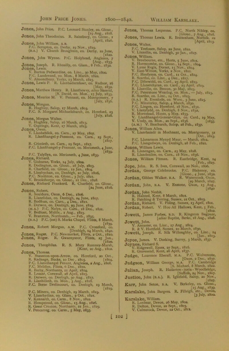 John Price Jones. 1800—1840. William Karslake. Jones, John Price. P.C, Leonard Stanley, co. Glouc., [19 Aug., 1818. Jones, John Theodosius. R. Saintbury, co. Glouc., 1 [April, 1826. Jones, John William, a.b. P.C. Scropton, co. Derby, 19 Nov., 1819. (b.a.) V. Church Broughton, co. Derby, 22 June, [1820. Jones, John Wynne. P.C. Holyhead, Anglesea, 7 [Aug., 1833. Jones, Joseph. R. Rhosilly, co. Glam., 8 Feb., 1832. Jones. Lewis. V. Burton Pedwardine, co. Line., 30 May, 1800. P.C. Landevand, co. Mon., 8 March, 1822. V. Almondbury, Yorks, 13 March, 1823. Jones, Lewis P. R. Llanbadarnfawr, co. Radnor, 16 [May, 1832. Jones, Matthew Henry. R. Llanthewvy, alias Skerrid, [S. David, co. Mon., 15 July, 1833. Jones, Maurice M. V. Pennant, co. Montgomery, 7 r x, LMy. 1836. Jones, Morgan. R. Hughley, Salop, 17 March, 1803. P.C. S. Margaret Miehaelchurch, co. Hereford, 23 [July, 1828. Jones, Morgan Walter. R. Hughley, Salop, 16 March, 1813. V. Ospringe, Kent, 17 March, 1815. Jones, Owen. V. Llanbeblick, co. Carn., 27 May, 1807. R. Llanfihangel-y-Pennant, co. Cam., 19 Sept., [1817. R. Criccieth, co. Cam., 19 Sept., 1817. P.C. Llanfihangel-y-Pennant, co. Merioneth, 4 June, [1839. P.C. Talyllyn, co. Merioneth, 4 June, 1839. Jones, Richard. V. Gisbume, Yorks, 14 July, 1802. R. Dodington, co. Glouc., 28 July, 1803. R. Charfield, co. Glouc., 12 Jan., 1804. R. Llanhychan, co, Denbigh, 10 July, 1806, P.C. Northton, co. Glouc., 3 July, 1821. V. Brookthorpe, co. Glouc., n Dec., 1828. Jones, Richard Prankerd. R. Charfield, co. Glouc., [24 June, 1816. Jones, Robert. R. Souldern, Oxon, 6 Dec., 1806. R. Llanelidan, co. Denbigh, 24 June, 1807. R. Bodfean, co. Carn., 4 Dec., 1811. R. Derwen, co. Denbigh, 23 June, 1819. (M.A.) P.C. Ncfyn, co. Carn., 18 Dec., 1821. V. Bedfont, Middx., 1 Aug., 1823. V. Branxton, Northumb., — Feb., 1835. (b.a.) P.C. (1st) S. Marks Chapel, Flints, 8 March, [1839. Jones, Robert Morgan, a.m. P.C. Cromford, co. [Denbigh, 14 March, 1840. Jones, Roger. P.C. Newmarket, Flints, 2 Oct., 1810. Jones, Roger. R. Gwaenyscor, Flints, 25 Jan., [1820. Jones, Theophilus. R. S. Mary Romney-Marsh, [Kent, 20 Aug., 1802. Jones, Thomas. V. Staunton-upon-Arrow, co. Hereford, 20 Oct., R. Radnage, Bucks, 10 Dec , 1805. [1804. P.C. Llanvihangel Penant, Anglesea, 2 Aug., 1808. P.C. Meliden, Flints, 6 Dec., 1810. R. Barby, Northants, n April, 1814. R. I>ezant, Cornwall. 28 April, 1815. R. Derwen, co. Denbigh, 30 Aug., 1817. R. Llanhilleth, co. Mon., 3 Aug., 1818. P.C. Berse Drelincourt, co. Denbigh, 19 March, [1819. P.C. Minera, co. Denbigh, 19 March, 1819. V. Llanrhydian, co. Glam., 2 Oct., 1821. V. Kennarth, co. Carm., 8 Nov., 1822. R. Hempstead, co. Glouc,, 15 Aug., 1826. R. Great Creaton, Northants, 21 Jan., 1829. V. Pencarreg, co. Carm., 5 May, 1835. Jones, Thomas Lequesne. P.C. North Nibley, co. [Glouc., 7 Aug., 1828. Jones, Thomas Lewis. R. Brettenham, Norfolk. 22 [April, 1803. Jones, Walter. P.C. Trefonen, Salop, 22 June, 1822. V. Llansilin, co. Denbigh, 30 Jan., 1827. Jones, William. V. Broxbourne, etc., Herts, 5 June, 1801. R. Harescombe, co. Glouc., 14 Sept., 1804. V. Lyme Regis, Dorset, 15 Nov., 1804. V. East-Witton, Yorks, 2 Nov., 1811. P.C. Henfynyn, co. Card., 11 Oct., 1814. R. Scartho, co. Line., 4 Dec., 1817. P.C. Dihewidd, co. Card., 23 April, 18x9. P.C. Llanerchyran, co. Card., 23 April, 1819. R. Llanvillo, co. Brecon, 30 May, 1823. P.C. Peterstone Wentlog, co. Mon., — July, 1823. R. Scartho, co. Line., 14 Oct., 1823. (b.a.) R. Evenlode, co. Wore., 3 June, 1825. P.C. Minsterley, Salop, 4 March, 1830. P.C. Lingen, co. Hereford, 18 Nov., 1831. V. Llanyfydd, co. Denbigh, 8 Nov., 1832, R. Morestead, Hants, 9 May, 1833. V. Llanfihangel-Geneur-Glyn, co. Card., 19 May, V. Undy, co. Mon., 20 Sept., 1836. [*835. (a.m.) V. Baschurch, Salop, 28 Feb., 1837. Jones, William Allen. V. Llanrhaiadr in Mochnant, co. Montgomery, 31 [Oct., 1823. P.C. Llanarmon Mynyd Maur, — March, 1811. P.C. Llangedwyn, co. Denbigh, 28 Feb., 1821. Jones, William Lewis. R. Llanengan, co. Cam,, 23 May, 1828. R. Llandenilen, co. Carn., 18 Nov., 1836. Jones, William Pitman. R. Eastbridge, Kent, 14 [Feb., 1827. Jope, John. R. S. Ives, Cornwall, 20 Nov., 1806. Jordan, George Colebrooke. P.C. Blakeney, co. [Glouc., 4 June, 1832. Jordan, Gibbes Walker, B.A. R. Waterstock, Oxon, [29 March, 1827. Jordan, John, B.A. V. Enstone, Oxon, 15 Aug., [1840 Jordan, John Nesbit. R. Halsted, Kent, 8 March, 1801. R. Patching & Terring, Sussex, 21 Oct, 1803. Jordan, Richard. V. Poling, Sussex, 13 April, 1801. Jordan, Robert. V. Hoo All Hallows, Kent, 5 Feb., [1802. Jowett, James Forbes, B.D. R. Kingston Bagpuze, [alias Baptist, Berks, 18 Aug., 1828. Jowett, John. V. Ancaster, co. Line., 17 Aug., 1814. R. & V. Hartfield, Sussex, 10 March, 183a Jowett, Joseph. R. Silk Willoughby, co. Line., 14 [Jan., 1813. Joyce, James. V. Dorking, Surrey, 3 March, 1837. Joynes, Richard S. V. Ridge well, Essex, 27 Sept., 1816. R. Gravesend, Kent, 26 April, 1837. Judere. Laurence Eberall, M.A. P.C. Wolvercote, [Oxon, 2 Dec., 1837. JudffSOn, William George, M.A. P.C. Cambridge s ]S. Michael, 8 March, 1822. Julian. Joseph. R. Hasketon-juxta- Woodbridge, ,J [Suffolk, 24 Nov., 1807. Justice, John (B.A.). R. Ightfield, Salop, 20 Nov., [1827. Karr, John Seton, B.A. V. Berkeley, co. Glouc., [15 Aug., 1839. Karslake, John Burgess. R. Filleigh, etc., Devon, [3 July, 1800. Karslake, William. R. Loxbear, Devon, 26 May, 1802. R. Dolton, Devon, 22 Sept., 1803. V. Culmstock, Devon, 12 Oct., 1811.