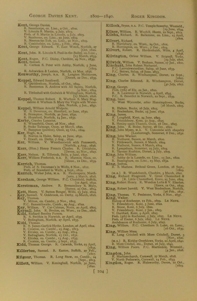 George Davies Kent. 1800—1840 Roger Kingdon. Kent, George Davies. R. Sausthorpe, co. Line., 2 Oct., 1800. V. Lincoln S. Martin, 9 July, 1803. Preb. of S. Martin in Lincoln, 9 July, 1803. V. Scotherne, co. Line., 22 June, 1809. R. Newton-by-Toft, co. Line., 21 Nov., 1809. R. Conisholme, co. Line., 5 Feb., 1819. Kent, George Edward. V. East Winch, Norfolk, 27 [Oct. 1820. Kent, John. R. Lincoln S. Paul-in-the-Bailey, co. Line., [15 March, 1835. Kent, Roger. P.C. Disley, Cheshire, 29 Nov., 1839. Kent, Samuel. R. Carlton S. Peter with Ashby, Norfolk, 5 June, [1823. R. Ashwicken & Leziate, Norfolk, 11 May, 1836. Kenworthy, Joseph, b.a. R. Langton Maltravers, [Dorset, 22 Dec., 1839. Keppel, Edward Southwell. R. Quiddenham, Norfolk, 18 Oct., 1824. R. Snetterton S. Andrew with All Saints, Norfolk [4 Nov., 1824 ?n R. Tittleshall with Godwick & Wellingham, Norfolk [17 March, 1826 Keppel, Thomas Robert. R. Warhnm S. Mary Mag dalene & Warham S. Mary the Virgin with Water [den, Norfolk, 5 Jan., 1837, KeppeL, William Arnold Walpole. R. S. Devereux, co. Hereford, 10 June, 1830. R. Brampton, Norfolk, 30 June, 1830. R. Haynford, Norfolk, 14 Jan., 1837. Kerby, Cranley Lancelot. R. Wheatfield, Oxon, 28 Nov., 1807. R. Stoke Talmage, Oxon, 27 March, 1820. V. Bampton (portion), Oxon, 25 Oct., 1824. Ker, Hugh, M.A. R. Norton in Hales, Salop, 21 June, 1830. V. Etwall, co. Derby, 7 Aug., 1830. Ker, William. V. Woodbastwick with Pansworth, [Norfolk, 4 Aug., 1836. Kerr, (Hon.) Henry Francis Charles. R. Dittisham, [Devon, 23 Nov., 1827. Kerr, Nelson. R. Tilbrook, Beds, 2 June, 1807. Kerr, William Frederick, B.A. R. Marston Sicca, co. [Glouc., 12 Dec., 1839. Kerrieh, Thomas. Preb. of S. Decuman's in Wells, 8 Nov., 1811. Preb. of Scamford in Wells, 4 Sept., 1812. Kerrieh, Walter John, M.A. R. Paulerspury, North- Jams, 5 March, 1818. Kersham, George William. P.C. Charsfield, Suffolk, [11 April, 1832. Kersteman, Andrew. R. Bermondsey S. Mary, [Surrey, 25 Oct., 1814. Kett, Henry. V. Sutton Benger, Wilts, 13 July, 1812. Key, Samuel. V. Ockbrook, co. Derby, 19 March, 1816. Key, Thomas. V. Milton, co. Cambr., 7 Nov., 1805. P.C. Bassenthwaite, Cumb., 29 Aug., 1822. Key, William. V. Car-Colston, Notts, 20 April, 1805. Kevsail, John. R. Bredon, co. Wore., 12 Dec., 1806. Kidd., Richard Bentley Porson. R. S. Swithin in Norwich, 27 April, 1835. V. Bedingham, Norfolk, 27 April, 1835. Kidd, Thomas. R. S. James-Garlick Hythe, London, 26 April, 1802. R. Croxton, co. Cambr., 23 Aug., 1813. V. Eltisley, co. Cambr., 23 Aug., 1814. V. Bedingham, Norfolk, 15 Oct., 1831. V. Eltisley, co. Cambr., 13 Aug., 1835. R. Croxton, co. Cambr., 3 Sept., 1835. Kidd, Thomas George. R. Catwick, Yorks, 23 April, [1835. Kilderbee, Samuel. R. Easton, Suffolk, 27 Feb., [1817. Kilgour, Thomas. R. Long Stow, co. Cambr., 24 Killett, William. V. Keninghall, NorfJ [Sept., 1815. ’Ik, 30 30 June, [T820. Killook, Bryan, B.A. P.C. TempleSowerby, Westmld., . [19 June, 1834. Kllner, William. R. Weyhill, Hants, 12 Sept., 1812. Kilaha, Richard. R. Barkstone, co. Line., 15 April, f 1801. Kilvert, Richard. R. Hartlebury, co. Wore., 19 Oct., 1801. R. Harvington, co. Wore., 7 Dec , 1804. Kilvert, Robert. R. Hardenhuish, Wilts, 4 April, Kilvington, Orfeur William. V. Brignall, fig; [19 July, 1816. Kilwick, William. V. Bosham, Sussex, 17 Jan., 1800. Kinehant, John Robert Nathaniel. P.C. Lanvairwaterdine, Salop, 18 June, 1833. P.C. Bettws, Salop, 18 June, 1833. King, Charles. R. Witchampton, Dorset, 12 Sept., [1827. King, Charles Edmund. R. Witchampton, Dorset, „ [30 July. 1817. King, George. Preb. (7th) of Ely, 22 Jan., 1810. R. S. Lawrence in Norwich, 4 April, 1835. P.C. S. Benedict in Norwich, 12 Sept., 1839. King, Isaac. V. West Wycombe, alias Hanningdown, Bucks, [28 March, 1805. R. Halton, Bucks, 16 July, 1805. R. Bradenham, Bucks, 15 June, 1832. King, James. R. Longfield, Kent, 24 June, 1825. V. Friendsbury, Kent, 31 Aug., 1825. R. Henley-upon-Thames, Oxon. 18 Dec., 1825. King, John. R. Bisley, Surrey, 18 Oct., 1810. King, John Myers, M.A. V. Cutcombe with chapelry [Luxborough, Somerset, 8 Dec., 1832. King, John Warner. R. Nuthurst, Sussex, 21 March, 1800. V. Fittleworth, Sussex, 6 March, 1804. R. Nuthurst, Sussex, 8 March, 1804. R. Lympsham, Somerset, 23 July, 1804. R. Tarrant Rushton, Dorset, 4 July, 1809. King, John William. V. Ashby de la Launde, co. Line., 15 Jan., 1822. R. Bassingham, co. Line., 15 May, 1832. King, Joshua. R. S. Mathew, Bethnal Green, London, 18 Sept., [1809. (M.A.) R. Woodchurch, Cheshire, 3 March, 1821. King, Richard Fitzgerald. V. Great Chesterford & [R. Little Chesterford, Essex, 25 June, 1824. King, Robert Henry. R. Wendon Lofts & V. Elmdon, [Essex, 11 Oct., 1839. King, Robert Jarrold. V. West Bradenham, Norfolk, [26 Feb., 1831. King, Thomas. V. Penistone, Yorks, 6 Nov., 1837. King, Walker. Bishop of Rochester, 11 Feb., 1809. Le Neve. V. Friendsbury, Kent, 5 June, 1822. R. Stone, Kent, 6 July, 1822. V. Friendsbury, Kent, 7 Jan., 1823. V. Dartford, Kent, 9 April, 1825. Preb. (5th) in Rochester, 5 July, 1827. Le Neve. Preb. of Exeter, 6 July, 1827. Le Neve. Archdeacon of Rochester, 6 July, 1827. King, William. P.C. Cheetham S. Luke, co. Lane., [16 Oct., 1839. King, William Moss. R. Long Critchell with More Critchell, Dorset, 3 [Nov., 1820. (m.A.) R. Kirkby Overblows, Yorks, 10 April, 1840. R. More Crichel, etc., Dorset, 16 July, 1840. King, William Poore. P.C. Martindale, Westmld., [4 Jan., 1828. Kingdon, John. R. Marhamchurch, Cornwall, 17 March, 1818. V. North Petherwin, Cornwall, 14 Feb., 1833. Kingdon, Roger. R. Holsworthy, Devon, 11 Oct., [1819.