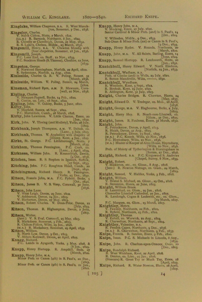 Kinglake, William Chapman, b.a. R. West Monck- (ton, Somerset, 7 Dec., 1838. Kingsley. Charles. V. North Clifton, Notts, 7 March, 1821. (LL.B.) R. Bamack, Northants, 8 Jan., 1824. R. Clovelly or Clavelleigh, Devon, 21 May, 1832. R. S. Luke's, Chelsea, Middx., 25 March, 1836. Kingsmill, Henry, B.A. V. Chewton Mendip with [four chapelries, Somerset, 18 Jan., 1836. Kingsmill, Joseph. RC. Lane End, co. Staff, 12 Nov., 1833. P.C. Stockton Heath (S.Thomas), Cheshire, 12 Tune, [1839. Kingston, George. K. Norwood Barningham, Norfolk, 22 April, 1800. R. Syderstone, Norfolk, 14 Aug., 1800. Kinleside, Charles G. R. V. Poling, Sussex, 31 [March, 1836. Kinleside, William, V. Poling, Sussex, 24 March, [1802. Kinsman, Richard Bym, A.M. R. Mawnam, Corn- [wall, 21 Nov., 1838. Kipling, Charles. V. Newport-Pagnell, Bucks, 14 Feb., 181a R. Coston, co. Lcic., 18 Sept., 1822. Kipling, John. V. Oakiey, Bucks, 5 June, 1810. Kirby,John. V. Mayfield, Sussex, 26 Sept., 1810. P.C. Matterdale, Cumb., 28 March, 1828. Kirby, John Lawrence. V. Little Clacton, Essex, 20 [Jan., 1832. Kirk, John. V. Thwing (and Mediety), Yorks, 28 July, [1809. Kirkbank, Joseph Thompson, a.m. V. Dalton, co. [lame., 5 July, 1823. Kirkbank, Thomas. V. Appledore with chapelrv of [Ebony, Kent, 4 Jan., 1827. Kirke, St. George. P.C. Litdeborough, Notts, 7 TMarch, 1839. Kirkham, Thomas Pennington. P.C. Croft, co. [Lane., s April, 1839. Kirkness, William John. R. Kenner leigb, Devon, [4 Oct., 1838. Kitchen, Isaac. R. S. Stephen in Ipswich, Suffolk, [17 Sept, 1833. Kitching, John. P.C. Raughton Head, Cumb., 20 [Sept., 1840. Kitcbingman, Richard Henry. R. Patrington, [Yorks. 23 Dec., 1837. Kitson, Francis John, M.A. P.C. Fyfield. Berks, 5 [Oct, 1840. Kitson, James B. V. S. Veep, Cornwall, 30 June, [1836. Kit80n, John Lane. V. West Leigh, Devon, 29 June, 180a. V. Ashburton, Devon, 14 Jan., 1803. V. Harberton, Devon, 17 May, 1803. Kitson, Robert Charles. V. Dean-Prior, Devon, ir [July, 1833. Kitson, Thomas. R. Highampton, Devon, 1 June, — [*807. Kitson, Walter. (Junr.) V. S. Eval, Cornwall, 25 May, 1803. R. Marksbury, Somerset, 3 Feb., 1815. R. Chilton-Foliatt, Wilts. 29 Jan., 1816. (m.a.) R. Marksbury, Somerset, 29 April, 1839 Kitson, William. R. North Lew, Devon, 3 Oct., 1803. V. Abbots Kerswell, Devon, 21 April, 1807. Knagg, Richard. P.C. Lunds in Aysgartb, Yorks, 3 May, 1828. & „ .. „ (8 Jan., 1829. Knapp, Henry Hartopp. R. Ampthiil. Beds. 27 t, , , [March. 1820. Knapp, Henry John, M.A. Minor Prcb. or Canon (4th) in S. Paul's, 20 Dec, [i8t7. Minor Preb. or Canon (9th) in S. Paul's, n Jan [1821. Knapp, Henry John, m.a. Vi Mucking, Essex, 27 July, 1821. Senior Cardinal & Minor Preb. (2nd) in S. Paul’s, 14 [Oct., 1824. V. Willesden, Middx., 9 Dec., 1833. Sub-Dean & Minor Preb. (1st) or Canon in S. Paul’s, [9 Dec, 1833. Knapp. Henry Ryder. V. Raunds, Northants, 20 [March, 1800. Knapp, John, M.A. V. All Saints, Barling, Essex, 14 [June, 1824. Knapp, Samuel Hartopp. R. Letchworth, Herts, 20 [Jan., 1831. Knatchbull, Henry Edward. V. North Elmham, [Norfolk, 19 Jan., 1833. Knatchbull, Wadham, B.A. Preb. of Combe (2nd) in Wells, 19 July, 1822. R. Sutton Mandeville, Wilts, , 1831. Knatchbull, Wyndham. R. Westbere, Kent, 5 Sept., 1811. R. Bircholt, Kent, 19 June, 1821. R. Aldington, Kent, 31 July, 1823. Knight, Charles Bridges. R. Cbawton, Hants, 24 [May, 1837. Knight, Edward D. V. Tredegar, co. Mon., 18 April, [1838. Knight, George, m.a. V. Hagboume, Berks, 2 July, [1823. Knight, Harry Hey. R. Neathcum-Llantwit, co. [Glam., 31 Dec, 1825. Knight, James. R. Foulness, Essex, 31 March, 1832. Knight, John. R. Peirockstow, Devon, 7 April, 1815. R. Huish, Devon, 31 Aug., 1825. R. Petrockstow-, Devon, 15 Sept., 1825. (M.A.) P.C. Knook. Wilts, 10 Nov., 1836. P.C. Heytesbury, Wilts, 10 Nov.. 1836. (M.A.) Master or Keeper of Alms House, Heytesbury, [Wilts, 10 Nov., 1836. Preb. of Moiety of Tytherington & llorningsham'in [Sarum, 27 Dec., 1836. Knight, Richard, B.A. P.C. Kingswood S. Andrews [Chapel, Surrey, 8 Nov., 1839. Knight, Robert. V. Mickleton, etc., co. Glouc., 8 Aug., 1818. (Junr.) R. Newton Nottage, co. Glam., 24 March, [1819. Knight, Samuel. V. Halifax, Yorks, 3 Feb., 1818. Knight, William. V. Bristol S. Michael, co. Glouc., 29 Oct., 1816. R. Steventon, Hants, 21 June, 1823. Knight, William Bruce. R Lantrithyd, co. Glam., 29 Jan., 1816. Chancellor Ltandaff Cathedral, 22 Jan., 1817. R. Landough, Cogan & Leckwith, etc., co. Glam., [19 March, 1817. P.C. Margam, co. Glam., 19 March, 1817. Knightley, Henry. V. Fawsley, Northants, 22 Feb., 1810. R. Byfield, Northants, 23 Feb., 181a Knightley, Thomas. V. Exhalf, co. Warwick, to Aug., 1804. R. Charwelton, Northants, 26 Sept., 1804. Knightley, Valentine, b.a. R. Preston Capes. Northants, 9 Dec., 1836. (M.A.) R. Charwelton, Northants, 9 Feb., 1837. Knipe, Francis. R. Sandon, Essex, 9 Feb., 1800. Knipe, Isaac. P.C. S. Michaels in Lincoln, 8 Aug., [1834. Knipe, John. R. Cbarlton-upon-Otmoor, Oxon, 10 [Dec., 1805. Knipe, Randolph Richard. K. West Wickham, Kent. 21 April, 1808. R. Denton, co. Line., 25 Jan., 1816. (Sinecure) R. Great Tcy or Much Tey, Essex, 18 [April, 1827. Knipe, Richard. R. Water Newton, Hunts, 18 April, [1807.