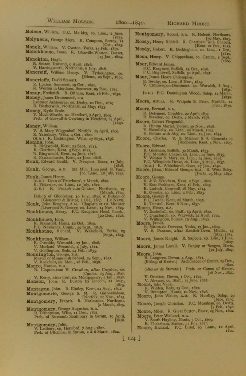1800—1840. Richard Moore Molson, William. P.C. Maikby, co. Line., 2 June, Molyneux, George More. R. Compton, Surrey, 11 Monde, William. V. Owston, Yorks, 13 Feb^iS#?3 Monckhouse, Isaac. R. Glanvillc-Wotton, Dorset, Monckton, Hugh. [15 Jan., 1814. R. Seaton, Rutland, 9 April, 1816. V. Harringworth, Northants, 6 July, 1816. MoncreifF, William Henry. V. Tytherington, co. ,, [Glouc., 20 Sept., 1830. MoncriefFe, David Stewart. R. Loxton, Somerset, 19 Oct., 1801. R. Weston in Gordano, Somerset, 39 Dec., 1817. Money, Frederick. R. Oflham, Kent, 16 Feb., 1833. Money, James Drummond, b.a. Lecturer Ashbourne, co. Derby, 20 Dec., 1829. R. Blatherwick, Northants, 22 May, 1833. Money, Kyrle Ernie. V. Much-Marcle, co. Hereford, 7 April, 1809. Preb. of Gorwall & Overbury in Hereford, 24 April, [1830. Money, William. V. S. Mary Wiggenhall, Norfolk, 29 April, 1800. R. Yatesbury, Wilts, 4 Oct., 1801. (m.A.) R. Heddington, Wilts, 17 Sept., 1836. Monins, John. R. Ringwould, Kent, 23 Sept., 1811. R. Charlton, Kent, 3 Sept. 1811. R. Ringwould, Kent, 24 June, 1818. R. Fawkenhurste, Kent, 21 June, 1818. Monk, Edward Gould. V. Newport, Essex, 11 July, [1828. Monk, George, A.M. 1st Min. Liverpool S. Paul, [co. Lane., 18July, 1827. Monk, James Henry. (n.D.) Dean of Peterboro', 7 March, 1822. R. Fiskerton, co. Line., 12 July, 1822. (d.d.) R. Peakirk-cum-Glinton, Northants, 27 [March, 1829. Bishop of Gloucester, 10 July, 1830, & Bishop of [Gloucester & Bristol, 5 Oct., 1836. Le Neve. Monk, John Boughey, A.M. Chaplain or 1st Minister [Liverpool S. George, co. Lane., 14 Nov., 1829. Monkhouse, Henry. P.C. Raughton Head, Cumb., [20 Dec., 1828. Monkhouse, John. R. Bramshot, Hants, 12 Oct., 1809. P.C. Newlands, Cumb., 29 Sept., 1840. Monkhouse, Richard. V. Wakefield, Yorks, 13 [Sept., 1805. Monkhouse, William. R. Ormside, Westmld., 17 Jan., 1806. V. Morland, Westmld., 4 July, 1811. V. Goldington, Beds, 24 Feb., 1835. Monnington, George, b.a. Master of Monmouth School, 24 Sept., 1835. V. Rockfield, co. Mon., 28 Feb., 1838. Monro, Horace, m.A. R. Clopton-cum V. Crowdon, alias Croydon, co. [Cambr., 15 Aug., 1827. V. Kerry, alias Ceri, co. Montgomery, 5 Jan., 1830. Monson, John. R. Burton by Lincoln, 11 Aug., [1815. Montague, John. R. Elmley, Kent, 31 Aug., 1801. Montgomerie, George S. M. R. Garboldisham, [Norfolk, 11 Nov., 1815. Montgomery, Francis. R. Harlestone, Northants, [2 March, 1809. Montgomery, George Augustus, m.a. R. Bishopston, Wilts, 11 Dec., 1821. Preb. of Ruscomb Southbury in Sarum, 19 April, [1828. Montgomery, John. V. Ledbury, co. Hereford, 7 Aug., 1801. Preb. of UfFculme, in Sarum, 2 & 6 March, 1802. Montgomery, Robert, b.a. R. Holcott, Northants, , [30 May, 1825. Moody, Henry Riddell. R. Chartham with Chapels, [Kent, 21 Oct., 1822. Moody, Robert R. Beckingham, co. Line., 1 Dec., [1810. Moon, Henry. V. Chippenham, co. Cambr., 1 Sept., [1800. Moor, Edward James. P.C. Kesgrave, Suffolk, 25 Oct., 1828. P.C. Brightweli, Suffolk, 30 April, 1831. Moor, James Hoare Christopher. R. Swaby, co. Line., 8 Nov., 1814. V. Clifton-upon-Dunsmore, co. Warwick, 8 Aug., (b.d.) P.C. Donnington Wood, Salop, 12 March, [1832. Moore, Arthur. R. Walpole S. Peter, Norfolk, 12 [Feb., 1839. Moore, Bernard, B.A. R. Delamere, Cheshire, 22 April, 1837. R. Staveley, co. Derby, 7 March, 1838. Moore, Calvert Fitzgerald. R. Hinton Martel, Dorset, 30 Nov., 1828. V. Skendleby, co. Line., 20 March, 1833. R. Belleau with Aby, co. Line., 14 Jan., 1834. Moore, Charles. V. S. Michael & S. Clements in [Rochester, Kent, 4 Nov., 1803. Moore, Edward. R. Gisleham, Suffolk, 30 March, 1833. P.C. Moulton Chapel, co. Line., 14 June, 1835. V. Weston S. Mary, co. Line., 14 June, 1835. P.C. Whaplode Drove, co. Line., 7 Aug., 1837. (M.A.) R. Whitchurch, Oxon, 17 Jan., 1840. Moore, (Hon.) Edward George, m.a. R. West Ilsley, [Rerks, 25 May, 1840. Moore, George. R. & V. Wrotham, Kent, 2 Sept., 1800. V. East Peckham, Kent, 18 Feb., 1805. R. Ladock, Cornwall, 18 May, 1814. R. Owmby, co. Line., 4 Feb., 1823. Moore. George B. P.C. Iwade, Kent, 26 March, 1835. R. Tuns tall, Kent, 8 Nov., 1837. Moore, Henry, b.a. V. Eccleshall, co. Staff., 19 April, 1822. V. Dunchurch, co. Warwick, 22 April, 1822. V. Willingdon, Sussex, 19 Aug., 1830. Moore. James. R. Sutton-on-Derwent, Yorks, 17 Jan., 1809. V. S. Pancras, alias Kentish-Town, Middx., 17 [May, 1814. Moore, James Knight. R. Sapcote, co. Leic., 1 June, [1807. Moore, James Lovell. V. Benjoy or Bengeo, Herts, [22 July, 1807. Moore, John. R. Langtree, Devon, 4 Aug., 1811. (Bishop of Exeter.) Archdeacon of Exeter, 29 Dec., [1820. (afterwards Stevens.) Preb. or Canon of Exeter, [16 Nov., 1821. V. Otterton, Devon, 1 Oct., 1822. V. Alrewas, co. Staff., 13 June, 1832. Moore, John Vaux. R. Wilden, Beds, 23 Dec., 1822. V. Brampton, Hums, 10 Nov., 1826. Moore, John Walter, A.M. R. Hordley, Salop, 29 [June, 1839. Moore, Joseph Christian. P.C. Measham, co. Derby, [4 Feb., 1830. Moore, Miles. R. Great Sutton, Essex, 25 Nov., 1802. Moore, Peter Wallond, M.A. V. South Hayling, Hants, 5 Oct., 1809. R. Thakeham, Sussex, 31 July, 1813. Moore, Richard, P.C. Lund, co. Lane., 12 April, 1820.