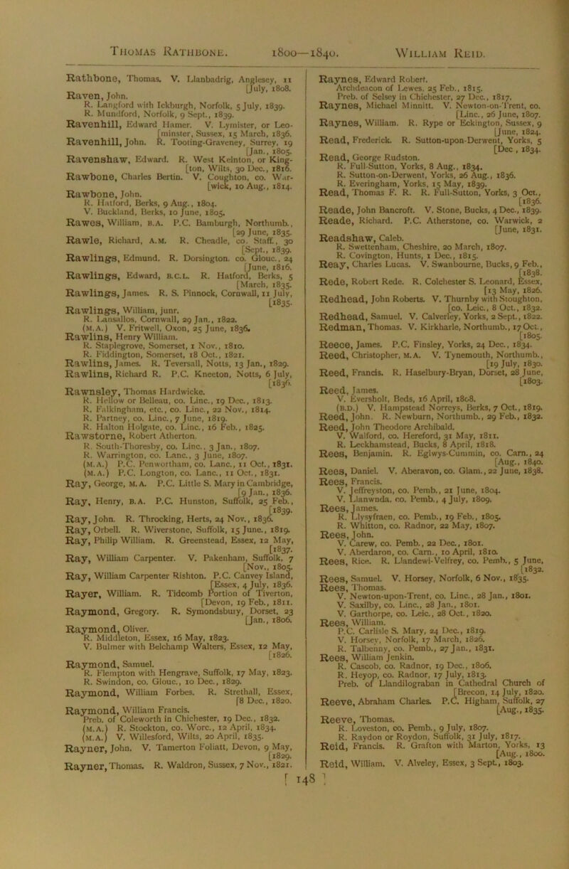 Thomas Rathbone. William Rlid. 1800—1840. Ratllbone, Thomas. V. Llanbadrig, Anglesey, 11 f J uly, 1808. Raven, John. R. Langford with Ickburgh, Norfolk, sjuly, 1839. R. Mundford, Norfolk, 9 Sept., 1839. Ravenhill, Edward Hamer. V. Lymister, or Leo- [minster, Sussex, 15 March, 1836. Ravenhill, John. R. Tooting-Graveney, Surrey, 19 [Jan., 1805. Ravenshaw, Edward. R. West Kelnton, or King- [ton, Wilts, 30 Dec., 1816. Rawbone, Charles Bertin. V. Coughton, co. W.ir- [wick, 10 Aug., 1814. Rawbone, John. R. Halford, Berks, 9 Aug., 1804. V. Buckland, Berks, 10 June, 1805. Rawos, William, b.A. P.C. Bamburgh, Northumb., [49 June, 1835. Rawle, Richard, A.M. R. Cheadle, co. Staff., 30 [Sept., 1839. Rawlings, Edmund. R. Dorsington. co. Glouc., 24 [June, 1816. Rawlings, Edward, B.C.L. R. Hatford, Berks, 5 [March, 1835. Rawlings, James. R. S. Plnnock, Cornwall, 11 July, [1835. Rawlings, William, junr. R. Lansallos, Cornwall, 29 Jan., 1822. (m.a.) V. Frit well, Oxon, 25 June, 1836. Rawlins, Henry William. R. Staplegrove, Somerset, 1 Nov., 1810. R. Fiddington, Somerset, 18 Oct., 1821. Rawlins, James. R. Teversall, Notts, 13 Jan., 1829. Rawlins, Richard R. P.C. Kneeton, Notts, 6 July, [1836. Rawnsley, Thomas Hardwicke. R. Mellow or Belleau, co. Line., 19 Dec., 1813. R. Falkingham, etc., co. Line., 22 Nov., 1814. R. Partney, co. Line., 7 June, 1819. R. Halton Holgate, co. Line., 16 Feb., 1825. Rawstorne, Robert Atherton. R. South-Thoresby, co. Line., 3 Jan., 1807. R. Warrington, co. Lane., 3 June, 1807. (m.a.) P.C. Penwortham, co. Lane., n Oct., 1831. (m.a.) P.C. Longton, co. Lane., 11 Oct., 1831. Ray, George, M.A. P.C. Little S. Mary in Cambridge, Ray, Henry, B.A. [9 Jan., 1836. iffol' P.C. Hunston, Suffolk, 25 Feb., Ray, John. R. Throcking, Herts, 24 Nov., 1836. Ray, Orbell. R. Wiverstone, Suffolk, 15 June., 1819. Ray, Philip William. R. Greenstead, Essex, 12 May, [i^- Ray, William Carpenter. V. Paketiham, Suffolk, 7 [Nov., 1805. Ray, William Carpenter Rishton. P.C. Canvey Island, [Essex, 4 July, 1836. Rayer, William. R. Tidcomb Portion of Tiverton, [Devon, 19 Feb., 1811. Raymond, Gregory. R. Symondsbuty, Dorset, 23 [Jan., 1806. Raymond, Oliver. R. Middleton, Essex, 16 May, 1823. V. Bulmer with Belchamp Walters, Essex, 12 May, [1826. Raymond, Samuel. R. Flempton with Hengrave, Suffolk, 17 May, 1823. R. Swindon, co. Glouc., 10 Dec., 1829. Raymond, William Forbes. R. Strethall, Essex, [8 Dec., 1820. Raymond, William Francis. Preb. of Coleworth in Chichester, 19 Dec., 1832. R. Stockton, co. Wore., 12 April, 1834. !m“±) V. Willesford, Wilts, 20 April, 1833. Rayner, John. V. Tamerton Foliatt, Devon, 9 May, [1829. Rayner, Thomas. R. Waldron, Sussex, 7 Nov., 1821. Raynes, Edward Robert. Archdeacon of Lewes, 25 Feb., 1815. Preb. of Selsey in Chichester, 27 Dec., 1817. Raynes, Michael Minnitt. V. Newton-on-Trent, co. [Line., 26 June, 1807. Raynes, William. R. Rype or Eckington, Sussex, 9 [June, 1824. Read, Frederick. R. Sutton-upon-Denvent, Yorks, 5 [Dec , 1834. Read, George Rudston. R. Full-Sutton, Yorks, 8 Aug., 1834. R. Sutton-on-Derwent, Yorks, 26 Aug., 1836. R. Everingham, Yorks, 15 May, 1839. Read, Thomas F. R. R. Full-Sutton, Yorks, 3 Oct., [1836. Reade, John Bancroft. V. Stone, Bucks, 4Dec., 1839. Reade, Richard. P.C. Atherstone, co. Warwick, 2 [June, 1831. Readshaw, Caleb. R. Swettenham, Cheshire, 20 March, 1807. R. Covington, Hunts, 1 Dec., 1815. Reay. Charles Lucas. V. Swanbourne, Bucks, 9 Feb., [1838. Rede, Robert Rede. R. Colchester S. Leonard, Essex, [13 May, 1826. Redhead, John Roberts. V. Thurnby with Stoughton, [co. Leic,, 8 Oct., 1832. Redhead, Samuel. V. Calverley, Yorks, 2 Sept., 1822. Redman, Thomas. V. Kirkharle, Northumb., 17Oct., [1805. Reece, James. P.C. Finsley, Yorks, 24 Dec., 1834. Reed, Christopher, M.A. V. Tynemouth, Northumb., [19 July, 1830. Reed, Francis. R. Haselbury-Bryan, Dorset, 28 June, [1803. Reed, James. V. Eversholt, Beds, 16 April, 1808. (b.D.) V. Hampstead Norrcys, Berks, 7 Oct., 1819. Reed, John. R. Newburn, Northumb., 29 Feb., 1832. Reed, John Theodore Archibald. V. Walford, co. Hereford, 31 May, 1811. R. Leckhamstead, Bucks, 8 April, 1818. Rees, Benjamin. R. Eglwys-Cummin, co. Cam., 24 [Aug., 1840. Rees, Daniel. V. Aberavon, co. Glam.,22 June, 1838. Rees, Francis. V. Jeffreyston, co. Pcmb., 21 June, 1804. V. Llanwnda. co. Pemb., 4 July, 1809. Rees, James. R. Llysyfraen, co. Pemb., 19 Feb., 1805. R. Whitton, co. Radnor, 22 May, 1807. Rees, John. V. Carew, co. Pemb., 22 Dec., 1801. V. Aberdaron, co. Cam., xo April, 181a Rees, Rice. R. Llandewi-Velfrey, co. Pemb., 5 June, [1832. Rees, Samuel. V. Horsey, Norfolk, 6 Nov., 1835. Rees, Thomas. V. Newton-upon-Trent, co. Line., 28 Jan., 1801. V. Saxilby, co. Line., 28 Jan., 1801. V. Garthorpe, co. Leic., 28 Oct., 1820. Rees, William. P.C. Carlisle S. Mary, 24 Dec., 1819. V. Horsey, Norfolk, 17 March, 1826. R. Talbenny, co. Pemb., 27 Jan., 1831. Rees, William Jenkin. R. Cascob, co. Radnor, 19 Dec., 1806. R. Heyop, co. Radnor, 17 July, 1813. Preb. of Llandilograban in Cathedral Church of [Brecon, 14 July, 1820. Reeve, Abraham Charles. P.C. Higham, Suffolk, 27 [Aug., 1835. Reeve, Thomas. R. Loveston, co. Pemb., 9 July, 1807. R. Raydon or Roydon, Suffolk, 31 July, 1817. Reid. Francis. R. Grafton with Marton, Yorks, 13 ’ [Aug., 1800. Reid, William. V. Alveley, Essex, 3 Sept, 1803.