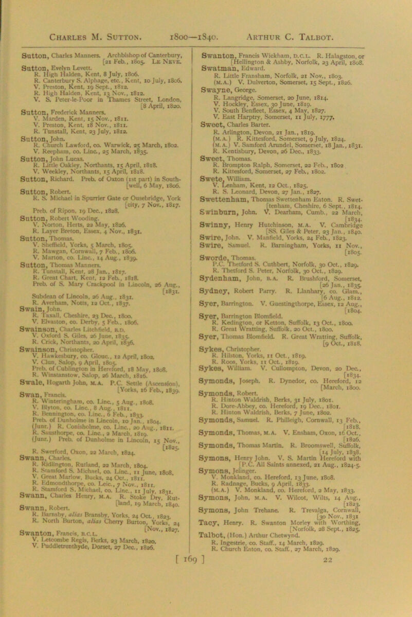 Sutton, Charles Manners. Archbishop of Canterbury, [21 Feb., 1805. Le Neve. Sutton, Evelyn Level t. R. High Halden, Kent, 8 July, 1806. R. Canterbury S. Alphage, etc., Kent, 10 July, i8c6. V. Preston, Kent, 19 Sept., 1812. R. High Halden, Kent, 13 Nov., 1812. V. S. Peter-le-Poor in Thames Street, London, [8 April, 1820. Sutton, Frederick Manners. V. Marden, Kent, 15 Nov., 1811. V. Preston, Kent, 18 Nov., 1811. R. Tunstall, Kent, 23 July, 1812. Sutton, John. R. Church Lawfoid, co. Warwick, 25 March, 1802. V. Reepham, co. Line., 25 March, 1833. Sutton, John Lucas. R. Little Oakley, Northants, 15 April, 1818. V. Weekley, Northants, 15 April, 1818. Sutton, Richard. Preb. of Oxton (1st part) in South- [well, 6 May, 1806. Sutton, Robert. R. S. Michael in Spurrier Gate or Ousebridge, York [city, 7 Nov., 1817. Preb. of Ripon, 19 Dec., 1828. Sntton? Robert Wooding. V. Norton, Herts, 22 May, 1826. R. I,aver Breton, Essex, 4 Nov., 1831. Sutton, Thomas. V. Sheffield, Yorks, 5 March, 1805. R. Mawgan, Cornwall, 7 Feb., 1806. V. Mar ton, co. Line., 14 Aug., 1839. Sutton, Thomas Manners. R. Tunstall, Kent, 28 Jan., 1817. R. Great Chart, Kent, 12 Feb., 1818. Preb. of S. Mary Crackpool in Lincoln, 26 Aug., [1831. Subdean of Lincoln, 36 Aug., 1831. R. Averham, Notts, 12 Oct., 1837. Swain. John. R. Taxall, Cheshire, 33 Dec., 1800. V. Elvaston, co. Derby, 5 Feb., 1806. Swainson, Charles Litchfield, kd. V. Oxford S. Giles, 26 June, 1835. R. Crick, Northants, 20 April, 1836. Swainson, Christopher. V. H.iwkesbary, co. Glouc., 12 April, 180a. V. Ciun, Salop, 9 April, 1803. Preb. of Cublington in Hereford, 18 May, 1808. R. Winstanstow, Salop, 26 March, 1816. Swale, Hogarth John, m.a. P.C. Settle (Ascension), _ _ [Yorks, 16 Feb., 1839. Swan, Francis. R. Winteringham, co. Lina, 5 Aug., 1808. V. Blyton, co. Line., 8 Aug., t8ix. R. Bennington, co. Line., 6 Feb., 1833. Preb. of Dunholme in Lincoln, 10 Jan.. 1804. (Junr.) R. Conisholme, co. Lina, 20 Aug., 1811. R. Sausthorpe, co. Una, a March, 1819. (Junr.) Preb. of Dunholmc in Lincoln, 15 Nov., R. Swerford, Oxon, 22 March, 1824. [,g*> Swann, Charles. R. Ridlington, Rutland, 22 March, 1804. R. Stamford S. Michael, co. Lina, ri June, 1808. V. Great Marlow, Bucks, 24 Oct., r8n. R. Hdmondthorpe, co. Lcic., 7 Nov., 1811. K. Stamford S. Michael, co. Line., 11 lulv, 1821 Swann, Charles Henry, m.a. R. Stoke Dry Rut- Swans, Robot. p.«l,H«ct. ,8*, R. Bamsby, alias Bransby, Yorks. 24 Oct. 1823 R. North Burton, alias Cheny Burton, Yorks, 24 Swanton, Francis, B.c.L. ov-> lg27- V. Letcombe Regis, Berks, 33 March, 1820. V. Puddletrenthyde, Dorset, 27 Dec., 1826. [ 169 Swanton, Francis Wickham, D.C.L. R. Halagston, or [Hellington & Ashby, Norfolk, 23 April, 1808. Swatman, Edward. R. Little Fransham, Norfolk, 21 Nov., 1803. (m.a.) V. Dulverton, Somerset, 15 Sept., 1826. Swayne, George. R. Langridge, Somerset, 20 June, r8i4. V. Hockley, Essex, 30 June, 18x9. V. South Benfleet, Essex, 4 May, 1827. V. East Harptry, Somerset, 11 July, 1777. Sweet, Charles Barter. R. Arlington, Devon, 21 Jan., 1819. (M.A.) R. Kittesford, Somerset, 9 July, 1824. (m.a.) V. Samford Arundel, Somerset, 18Jan., 1831. R. Kentisbury, Devon, 26 Dec., 1833. Sweet, Thomas. R. Brompton Ralph, Somerset, 22 Feb., 1802 R. Kittesford, Somerset, 27 Feb., 1802. Swete. William. V. Lenham, Kent, 12 Oct., 1823, R. S. Leonard, Devon, 27 Jan., 1827. Swettenham, Thomas Swettenham Eaton. R. Swet- ftenham, Cheshire, 6 Sept., 18x4. Swinburn, John. V. Dearham, Cumb., 22 March, [1834. Sw'inny, Henry Hutchinson, m.a. V. Cambridge [SS. Giles & Peter, 23 Jan., 1840. Swire, John. V. Manfield, Yorks, 24 Feb., 1823. Swire, Samuel. R. Barningham, Yorks, 11 Nov., [1803. Sworde, Thomas. P.C. Thetford S. Cuthbert, Norfolk, 30 Oct., 1829. R. Thetford S. Peter, Norfolk, 30 Oct., 1829. Sydenham, John, B.A. R. Btushford, .Somerset, [26 Jan., 1835. Sydney, Robert Parry. R. Llanhary, co. Glam., [6 Aug., 1812. Syer, Barrington. V. Guestingthorpe, Essex, 12 Aug., [1804. Syer, Barrington Blomfield. R. Kedington, or Ketton, Suffolk, 13 Oct., 1800. R. Great Wratting, Suffolk, 20 Oct., 1800. Syer, Thomas Blomfield. R. Great Wratting, Suffolk, [9 Oct., x8i8. Sykes, Christopher. R. Hilston, Yorks, it Oct., 1819. R. Roos, Yorks, it Oct., 1819. Sykes, William. V. Cullompion, Devon, 20 Dea, „ [1834. Symonds, Joseph. R. Dynedor, co. Hereford, 12 [March, 1800. Symonds, Robert. R. Hinton Waldrish, Berks, 31 July, 1801. R. Dore-Abbey, co. Hereford, 19 Dec., 1801. R. Hinton Waldrish, Berks, 7 June, 1802. Symonds, Samuel. R. Philleigh, Cornwall, 13 Feb., [1818. Symonds, Thomas, m.a. V. Ensham, Oxon, 16 Oct., [1826. Symonds, Thomas Martin. R. Broomswell, Suffolk, [14 July, 1838. Symons, Henry John. V. S. Martin Hereford with rP.C. Ail Saints annexed, 21 Aug., 1824-5. Symons, Jelinger. V. Monkland, co. Hereford, 13 June, 1808. R. Radnage, Bucks, 9 April, 1833. (m.a.) V. Monkland, co. Hereford, 2 May, 1833. Symons, John, M.A. V. Wilcot, Wilts, 14 Aug., [1823. Symons, John Trehana R. Trevalga, Cornwall, [30 Nov., 1831 Tacy, Henry. R. Swanton Morley with Worthing, [Norfolk, 28 Sept., 1825. Talbot, (Hon.) Arthur Chetwynd. R. Ingestrie, co. Staff., 14 March, 1829. R. Church Eaton, co. Staff., 27 March, 1829. 22