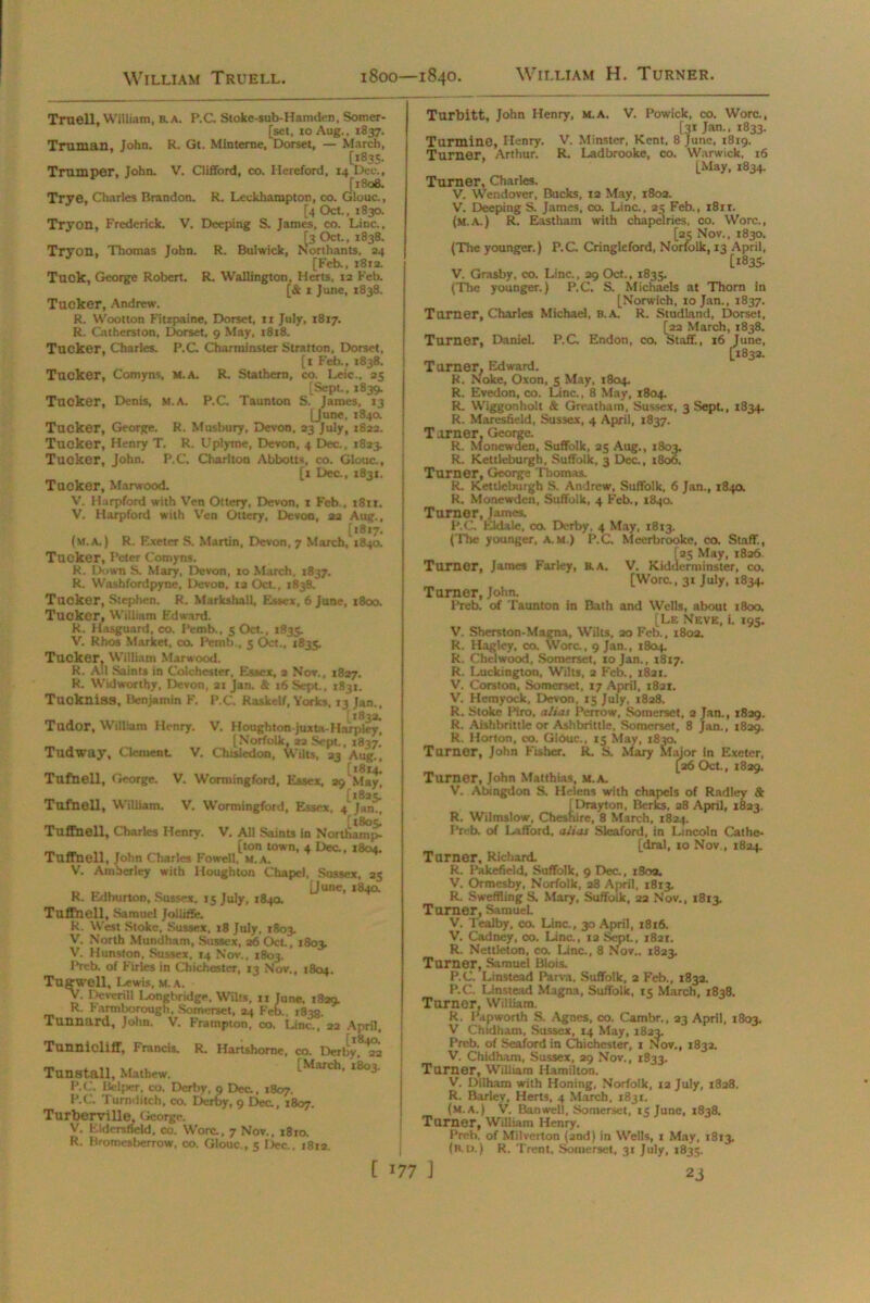William Truell. William H. Turner. 1800—1840. Truell, William, b.a. P.C. Stoke-sub-Hamden, Somer- [set, 10 Aug., 1837. Truman, John. R. Gt. Minteroe, Dorset, — March, [i835- Trumper, John. V. Clifford, co. Hereford, 14 Dec., [1808. Trye, Charles Brandon. R. Leekhampton, co. Glouc., [4 Oct., 1830. Try on, Frederick. V. Deeping S. James, co. Line., [3 Oct., 1838. Tryon, Thomas John. R. Bulwick, Northants. 24 [Feb., 1812. Tuck, George Robert. R. Wallington, Herts, 12 Feb. [& 1 June, 1838. Tucker, Andrew. R. Woolton Fitzpaine, Dorset, it July, 1817. R. Cathcrston, Dorset, 9 May, 1818. Tucker, Charles. P.C Charminster Stratton, Dorset, [1 Feb., 1838. Tucker, Comyns, m.A. R. Stathern, co. Leic,, 25 [Sept., 1839. Tucker, Denis, m.a. P.C. Taunton S. James, 13 [June, 1840. Tucker, George. R. Musbury, Devon. 23 July, 1822. Tucker, Henry T. R. Uplyme, Devon, 4 Dec., 1823. Tucker, John. P.C. Charlton Abbott-;, co. Glouc., [1 Dec., 1831. Tacker, Marwood. V. Harpford with Ven Ottery, Devon, x Feb., x8xx. V. Harpford with Ven Ottery, Devon, 22 Aug., [*817. (m.a.) R. Exeter S. Martin, Devon, 7 March, 184a Tucker, Peter Comyns. R. Down S. Mary, Devon, 10 March. 1837. R. Washfordpyne, Devon, xa Oct., 1838. Tuoker, Stephen. R. Marksball, Essex, 6 June, 1800. Tucker, William Edward. R. Hasguard, co. I’emb., 5 Oct., 1835. V. Rhos Market, co. Pemb., 5 Oct., 1833. Tucker. William Marwood. R. All Saints in Colchester, Essex, 2 Nor., 1827. R. Widworthy. Devon, 21 Jan. & 16 Sept., 1831. Tuoknisa, Benjamin F. P.C. Raskelf, Yorks. 13 Jan., Tudor, William Henry. V. Houghton-juxta-Hnrplry, [Norfolk, 22 Sept., 1837. Tudway, Clement V, Chisledon, Wilts, 23 Aug., f* j j Tufnell, George. V. Wormingford, Essex, 29 May, Tufnell, W'illiam. V. Wormingford, Essex, 4 Jam, f 180 c Tuffnell, Charles Henry. V. All Saints in Nortoamp- _ „ ,, „ [ton town, 4 Dec, 1804. Tuffnell, John Charles Fowell, m.a. V. Amber ley with Houghton Chapel, Sussex, 25 Uune> *840. R. Edburton, Sussex. 15 July, 184a Tuffnell, Samuel Jolliffe. R. West Stoke, Sussex. 18 July, 1803. V. North Mundham, Sussex, 26 Oct.. 1803. V. Hunston, Sussex, 14 Nov., 1803. Ih-eb. of Firles in Chichester, 13 Nor., 1804. Tugwell, Lewis, m.a. A/. Deverill Longbridge, Wilts, xx June, 1829. R. Karmborough, Somerset, 24 Feb.. 1830. Tunnard, John. V. Fratnpton, co. Line., 22 April, Tunnicliff, Francis. R. Hartshorne, co. Derlly, *22 Tunstall, Mathew. P.C. Helper, co. Derby, 9 Dec., 1807. P.C. Tumriitch, co. Derby, 9 Dec., 1807. Turberville, (Jeorgc. V. Eldcrsfield, co. Wore., 7 Nov., x8ro. R. Bromesberrow, co. Glouc., 5 I>ec., 1812. [ 177 Turbitt, John Henry, M.A. V. Powick, co. Wore., [31 Jan., 1833. Turmino, Henry. V. Minster, Kent, 8 June, 1819. Turner, Arthur. R. Ladbrooke, co. Warwick, 16 [May, 1834. Turner, Charles. V. Wendover, Bucks, 12 May, 1802. V. Deeping S. James, co. Line., 23 Feb., i8it. (m.a.) R. Eastham with chapelries. co. Wore., (The younger.) P.C. Cringleford, [23 Nov., 1830, , Norfolk, 13 April, [1835. V. Grasby, co. Line., 29 Oct., 1835. (The younger.) P.C, S. Michaels at Thorn in [Norwich, 10 Jan., 1837. Turner, Charles Michael, B.A. R. Studland, Dorset, [22 March, 1838. Turner, Daniel. P.C. Endon, co. Staff., 16 June, [1832. Turner. Edward. R. Noke, Oxon, 5 May, 1804. R. Evedon, co. Lane., 8 May, 1804. R- Wiggonholt & Greatham, Sussex, 3 Sept., 1834. R. Maresfield, Sussex, 4 April, 1837. Turner, George. R. Monewden, Suffolk, 23 Aug., 1803. R. Kettleburgh, Suffolk, 3 Dec., 1806. Turner, George Thomas. R. Kettleburgh S. Andrew, Suffolk, 6 Jan., 184a R. Monewden, Suffolk, 4 Feb., 1840. Turner, James. P.C. Ekiale, co. Derby. 4 May, 1813. (The younger, a.m.) P.C. Meerbrooke, co. Staff, [25 May, 1826 idermir Turner, James Farley, a a. V. Kidderminster, co. [Wore., 3t July, 1834. Turner, John. Preb. of Taunton in Bath and Wells, about 1800. [Le Neve, i. 195. V. Sherston-Magna, Wilts, 20 Feb., 1803. R. Hagley, co. Wore., 9 Jan., 1804. R. Chelwood, Somerset, to Jan., 1817. R. Luckington, Wilts, 2 Feb., 1821. V. Coreton, Somerset, 17 April, 1821. V. Hemyock, Devon, 15 July, 1828. R. Stoke Piro, alias Perrow, Somerset, 2 Jan., 1829. R. Aishbrittle or Ashbrittle, Somerset, 8 Jan., 1829. R. Horton, co. Glouc., 15 May, 1830. Turner, John Fisher. R. S. Mary Major in Exeter, [26 Oct., 1829. Turner, John Matthias, m.a. V. Abingdon S. Helens with chapels of Radley & [Drayton, Berks, 28 April, 1823. R. Wilmslow, Cheshire, 8 March, 1824. Preb. of Lafford, alias Sleaford, in Lincoln Cathe- dral, 10 Nov., 1824. Turner, Richard. R. Pakefield, Suffolk, 9 Dec., 1802. V. Ormesby, Norfolk, 28 April, 18x3. R. Sweffling S. Mary, Suffolk, 22 Nov., 1813. Turner, Samuel V. Tealby, co. Line., 30 April, 1816. V. Cadney, co. Line., 12 Sept., 1821. R. Nettleton, co. Line., 8 Nov.. 1823. Turner, Samuel Biois. P.C. Linstead Parva, Suffolk, 2 Feb., 1832. P.C. Linstead Magna, Suffolk, 13 March, 1838. Turner, William. R. Pap worth S. Agnes, co. Cambr., 23 April, 1803. V’ Chidham, Sussex, 14 May, 1823. Preb. of Seaford in Chichester, 1 Nov., 1832. V. Chidham, Sussex, 29 Nov., 1833. Turner, William Hamilton. V. Dilham with Honing, Norfolk, 12 July, 1828. R. Bariev, Herts, 4 March, 1831. (m.a.) V. Banwell, Somerset, 15 June, 1838, Turner, William Henry. Preb. of Milverton (2nd) in Wells, 1 May, 1813. (b. u.) R. Trent. Somerset, 31 July, 1835. J 2j