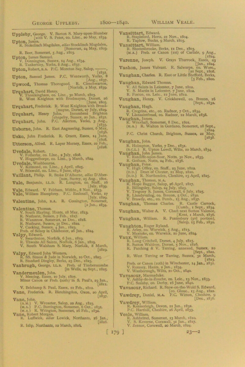 William Veale. Uppleby, George. V. Barton S. Mary-upon-Humber [with V. S. Peter, co. Line., 20 May, 1834. Upton, James. k. Stokelinch Magdalen, alias Stocklinch Magdalen, [Somerset, 24 May, 1803. R. Beer, Somerset, 5 Aug., 1803. Upton, James Samuel. V. Donnington, Sussex, 14 Aug., 1834. R. Tankersley, Yorks, 8 Aug., 1837. Upton, Robert, B. A. P.C. Moreton Say, Salop, , [1831. Upton, Samuel James. P.C. Wentworth, Yorks, 8 V ’ [Aug., 1837. UPWOOd, Thomas Thorogood. R. Clenchwarton, r [Norfolk, 2 May, 1839. Urquhart, David Henry. v. Threckingham, co. Line., 30 March, 1803. R. West Knighton with Brodmayne, Dorset, 26 [June, 1805. Urquhart, Frederick. R. West Knighton w ith Broad- imayne, Dorset, 27 July, 1829. Urquhart, Henry John. Incumbent Brighton [chapelry, Sussex, 20 Jan., 1831. Urquhart, John. P.C. Allerton, Yorks, 3 Aug., [1835. Usborne, John. R. East Angmering, Sussex, 6 May, [1836. Usko, John Frederick. R. Orsett, Essex, 14 June, [1808. Utteraon, Alfred. R. Layer Marney, Essex, 22 Feb., [1828. Uvedale, Robert, V. Fotnerby, co. Line., 2 July, 1808. V. Hoggcsthorpe, co. Line., 9 March, 1824. Uvedale, Washbourne. V. Kirmond, co. Line., 5 April, 1825. V. Stixwold, co. Line., 8 June, 1831. Vaillant, Philip. R. Stoke D'Alb rne, alicu D'Aber- tnon, Surrey, 25 Aug., 1801. t. Long ton, co. Staff., 16 [July. 1839. Vale, Edward. V. Fcltham, Middx., 8 Nov., 1833. Vale, William Humphrey. P.C. Ecclesa!!, Yorks, 17 [July, 1829. Valentine, JohD, b.a. R. Ctfcsiagton, Somerset, [a Jan., 1834. Valentine, Thomas. V. South Hayling, Hants, 18 May, 1813. R. Nulhurst, Sussex, 7 Feb., i8t7. R. Wanstrow, Somerset, 21 Dec., 1818. R. Nuthurst, Sussex, 31 Dec., r822. V. Cocking, Sussex, 4 Jan., 1823. Preb. of Selsey in Chichester, 26 Jan., 1824. Valpy, Edward. V. Swardcston. Norfolk, 6 Jan., 1819. R. Thwaite All Saints, Norfolk, 6 Jan., r8r9. V. South Walsham S. Mary, Norfolk, 8 March, [1819. Valpy, Edward John Western. K. bS. Simon & Jude in Norwich, 10 Oct., 1825. R. Stanford Dingley, Berks, 23 Dec., 1825. Vanbrugh, George, ll.b. Preb. of Timberscombe [in Wells, 24 Sept., 1825. Vandermeulen, John. V. Messing, Essex, 10 July, 1807. Minor Canon or Preb. (ioth)’in S. Paul's, 29 Jan., [1811. V. Belchamp S. Paul, Essex, 11 Feb., 1812. Vane, Frederick. R. Bletchingdon, Oxon, 20 April, [1837- Vane, John. SA.M.l V. Wroxeter, Salop, 22 Aug., 1823. M.A.) P.C. Burlington, Somerset, 6 Oct., 1831. M.A.) R. Wrington, Somerset, 16 Feb., 1832. Vane, Robert Morgan. R. Luffwick, alias Lowick, Northants, 16 Jan., [1816. R. Islip, Northants, 12 March, 18x6. Vansittart, Edward. R. Stapleford, Herts, 21 Nov., 1804. R. Taplow, Bucks, 9 March, 1805. Vansittart, William. R. Shottesbrooke, Berks, 11 Dec., 1803. (m.a.) Preb. or Canon (1st) of Carlisle, 9 Aug., [1824. Varenne, Joseph. V. Grays Thurrock, Essex, 23 [Jan., 1824. Vashon, James Volvant. R. Salwarpe, co. Wore., [21 Sept., 1808. Vaughan, Charles. R. East or Little Shefford, Berks, [5 Feb., 1800. Vaughan, Eld ward Thomas. V. All Saints in Leicester, 7 June, 1802. V. S. Martin in Leicester, 7 June, 1802. R. Foston, co. Leic., 12 June, 1812. Vaughan, Henry. V. Crickhowcll, co. Brecon, 16 [Sept., 1832. Vaughan, Hugh. R. Cregrina, etc., co. Radnor, 7 Oct., 1834. V. Llansaintfread, co. Radnor, 12 March, 1838. Vaughan, James. R. Wraxhall, Somerset, 8 Dec., 1801. (m.a.) R. Walton in Gordano, Somerset, 18 Sept, [1824. P.C. Christ Church, Brighton, Sussex, 21 May, [1838. Vaughan, John. R. Holmpton, Yorks, 7 Dec., 1831. (n.c.L.) R. Upton Lovell, Wilts, 10 March, 1834. Vaughan, John James. V. Ratcliflfe-up -upon-Soar, Notts, 30 Nov., 1835. R. Gotham, Notts, 24 Feb., 1836. Vaughan, Peter. V. High Ofliey, co. Staff., 23 June, 1812. <D.D.) Dean of Chester, 11 May, 1820. (D.D.) R. Northcnden, Cheshire, 15 April, 1825. Vaughan, Thomas, m.a. R. Hope Baggot, Salop, 26 April, 1817. R. Billingsley, Salop, 24 July, 1823. V. Tregony S. James, Cornwall, 6 July, 1825. R. Llandyvailog, co. Brecon, 5 Oct., 1830. V. Brawdy, etc., co. Pentb., 15 Aug., 1837. Vaughan, Thomas Charles. R. Castle Carrock, [Cumb., 1 Sept., 1834. Vaughan, Walter A. V. Chart next Sutton Valence, [Kent, 1 March, 1836. Vaughan, William. R. Pontesbury {3rd portion), [Salop, 15 Feb., 1830. Vaughton, Roger Ryland. R. Arley, co. Warwick, 5 Aug., 1813. V. Maxtoke, co. Warwick, 10 June, 1814. VaUX, William. R. Ixmg Critchell, Dorset. 4 July, i8r5- R. Sutton Waldron, Dorset, 5 Nov., 1816. R. Patching & V. Terring, annexed, Sussex, 10 [Sept., 1822. R. West Terring or Tarring, Sussex, 31 March, [1823. Preb. or Canon (10th) in Winchester, 14 Jan., 1831. V. Romsey, Hants. 2 Jan., 1834. V. Wanborough, Wilts, 10 Oct., 1840. Vavasour, Marmaduke. V. Ashby-de-la-Zouche, co. Lcic., 13 Nov., 1833. P.C. Smisby, co. Derby, 16 June, 1840. Vavasour, Richard. R, Stow-on-the-Wold S. Edward, [co. Glouc., 15 Aug., 1822. Vawdrey, Daniel, M.A, P.C. Witton, Cheshire. 9 [Dec., 1836. Vawdrey, William. R. Kennerleigh, Devon, 11 Jan., 1832. P.C. Hartbill, Cheshire, 26 April, 1833. Veale, William. R. Ashbrittel, Somerset, 13 March, 1810. V. S. Keverne, Cornwall, 31 Jan., 1817. V. Zennor, Cornwall, 20 March, 1824.