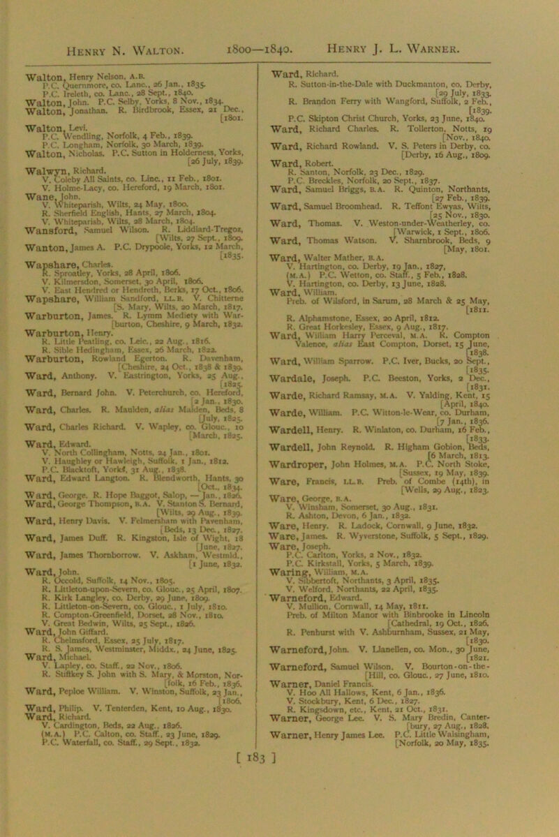 Henry N. Walton. 1800—1840. Henry J. L. Warner. Walton, Henry Nelson. A.B. PC. Quern more, co, Lane., 26 Jan.. 1835. P.C. Ireleth, co. Lane., 28 Sept., 1840. Walton, John. P.C. Selby. Yorks, 8 Nov., 1834. Walton. Jonathan. R. Birdbrook, Essex, 31 Dec., [1801. Walton, Levi. P.C. Wendling, Norfolk, 4 Feb., 1839. P.C. Longham, Norfolk, 30 March, 1839. Walton, Nicholas. P.C. Sutton in Holderness, Yorks, [26 July, 1839. Walwyn, Richard. V. Coleby All Saints, co. Line., 11 Feb., 1801. V. Holme-Lacy, co. Hereford, 19 March, 1801. Wane, John. V. Whitcparish, Wilts, 24 May, 1800. R. Sherfield English, Hants, 27 March, 1804. V. Whiteparisb, Wilts, 28 March, 1804. Wansford, Samuel Wilson. R. Liddiard-Tregox, [Wilts, 27 Sept., 1809. Wanton, James A. P.C. Drypoole, Yorks, 12 March, [1835. Wapshare, Charles. K. Sproatley, Yorks, 28 April, 1806. V. Kilmersdon, Somerset, 30 April, 1806. V. East Hendred or Hendrcth, Berks, 17 Oct., 1806. Wapshare, William Sandford, LL.B, V. Chitteme [S. Mary, Wilts, 20 March, 1817. Warburton, James. R. Lyrom Mediety with War- [burton, Cheshire, 9 March, 1832. Warburton, Henry. R. Little Peatling, co. Lcic., 22 Aug., 18r6. R. Sible Hedingham, Essex, 26 March, 1822. Warburton, Rowland Egcrton. R. Davenham, [Cheshire, 24 Oct., 1838 & 1839. Ward, Anthony. V. Eastrington, Yorks, 25 Aug., [*825. Ward, Bernard John. V. Peterchurch, co. Hereford, {2 Jan., 1830. Ward, Charles. R. Maulden, alias Maiden. Beds, 8 [July, 1825. Ward, Charles Richard. V. Wapley, co. Glouc., 10 [March, 1825. Ward, Edward. V. North Collingham. Notts, 24 Jan., 1801. V. Haughley or Hawleigh, Suffolk, 1 Jan., 1812. P.C. Blacktoft, Yorki, 31 Aug., 1838. Ward, Edward Langton. R. Blend worth, Hants, 30 [Oct., 1834. Ward, George. R. Hope Baggot. Salop, —Jan., 1826. Ward, George Thompson, b.a. V. Stanton S. Bernard, [Wilts, 29 Aug., 1839. Ward, Henry Davis. V. Fclmersham with Pavenhnm. [Beds, 13 Dec., 1827. Ward, James Duff. R. Kingston, Isle of Wight, 18 [June, 1827. Ward, James Thorn borrow. V, Ask ham, Westmld., w . . . t* June> to- ward, John. R. Occold, Suffolk, 14 Nov., 1805. R. Littkton-upon-Severn, co. Glouc., 25 April, 1807. R. Kirk Langley, co. Derby, 29 June, 1809. R. Littleton-on-Severn, co. Glouc., 1 July, 1810. R. Compton-Greenfield. Dorset, 28 Nov., i8ro. V. Great Bed win, Wilts, 25 Sept., 1826. Ward, John Giffard. R. Chelmsford, Essex, 25 July, 1817. R. S. James, Westminster, Middx., 24 June, 182c. Ward, Michael. V. 1-apley, co. Staff., 22 Nov., 1806. R. Stiftkey S. John with S. Mary, & Morston, Nor- folk, 16 Feb., 1836. Ward, Peploe William. V. Winston, Suffolk, 23 Jan., {1806. Ward, Philip. V. Tenterden, Kent, 10 Aug., 1830. Ward, Richard. V. Cardington, Beds, 22 Aug., 1826. (m.a.) P.C. Calton, co. Staff., 23 June, 1829. P.C. Waterfall, co. Staff., 29 Sept., 1832. Ward, Richard. R. Sutton-in-the-Dale with Duckmanton, co. Derby, [29 July, 1833. R. Brandon Ferry with Wangford, Suffolk, 2 Feb., [1839. P.C. Skipton Christ Church, Yorks, 23 June, 1840. Ward, Richard Charles. R. Tollerton, Notts, 19 [Nov., 1840. Ward, Richard Rowland. V. S. Peters in Derby, co. [Derby, 16 Aug., 1809. Ward, Robert. R. Santon, Norfolk, 23 Dec., 1829. P.C. Breckles, Norfolk, 20 Sept., 1837. Ward, Samuel Briggs, b.a. R. Quinton, Northants, [27 Feb., 1839. Ward, Samuel Broomhead. R. TefFont Ewyas, Wilts, [25 Nov., 1830. Ward, Thomas. V. Weston-under-Wcatherley, co. [Warwick, 1 Sept., 1806. Ward, Thomas Watson. V. Sharnbrook, Beds, 9 [May, 1801. Ward, Walter Mather, b.a. V. Harrington, co. Derby, 19 Jan., 1827, (M.A.) P.C. Wetton, co. Staff., 5 Feb., 1828. V. Harrington, co. Derby, 13 June, 1828. Ward, William. Preb. of Wilsford, in Saruni, 28 March & 25 May, [1811. R. Alphamstonc, Essex, 20 April, 1812. R. Great Harkeslejr, Essex, 9 Aug., 1817. Ward, William Harry Perceval, m.a. R. Compton Valence, alias East Compton, Dorset, 15 June, [1838. Ward, William Sparrow. P.C. Iver, Bucks, 20 Sept., [1835. Wardale, Joseph. P.C. Beeston, Yorks, 2 Dec., [1831. Warde, Richard Ramsay, m.a. V. Yalding, Kent, 15 [April, 1840. Warde, William. P.C. Witton-le-Wear, co. Durham, [7 Jan., 1836. Wardell. Henry. R. Winlaton, co. Durham, 16 Feb., [1833. Wardell, John Reynold. R. Higham Gobion, Beds, [6 March, 1813. Wardroper, John Holmes, M.A. P.C. North Stoke, [Sussex, 19 May, 1839. Ware, Francis, t.L.B. Preb. of Combe (14th), in [Wells, 29 Aug., 1823. Ware, George, b.a. V. Winsham, Somerset, 30 Aug., 1831. R. Ashton, Devon, 6 Jan., 1832. Ware, Henry. R. Ladock, Cornwall, 9 June, 1832. Ware, James. R. Wyverstone, Suffolk, 5 Sept., 1829. Ware, Joseph. P.C. Carlton, Yorks, 2 Nov., 1832. P.C. Kirkstall, Yorks, 5 March, 1839. Waring, William, M.A. V. Sibbertoft, Northants, 3 April, 1835. V. Welford, Northants, 22 April, 1835. Warneford, Edward. V. Mullion, Cornwall, 14 May, 1811. Preb. of Milton Manor with Binbrooke in Lincoln [Cathedral, 19 Oct., 1826. R. Penburst with V. Ashbumham, Sussex, 21 May, [1830. Warneford, John. V. IJanellen, co. Mon., 30 June, [1821. Warneford, Samuel Wilson. V. Bourton-on-the- [Hill, co. Glouc., 27 June, 18x0. Warner, Daniel Francis. V. Hoo All Hallows, Kent, 6 Jan., 1836. V. Stockbury, Kent, 6 Dec., 1827. R. Kingsdown, etc., Kent, 21 Oct., 1831. Warner, George Lee. V. S. Mary Bredin, Canter- [bury, 27 Aug., 1828. Warner, Henry James Lee. P.C. Little Walsingham, [Norfolk, 20 May, 1835.