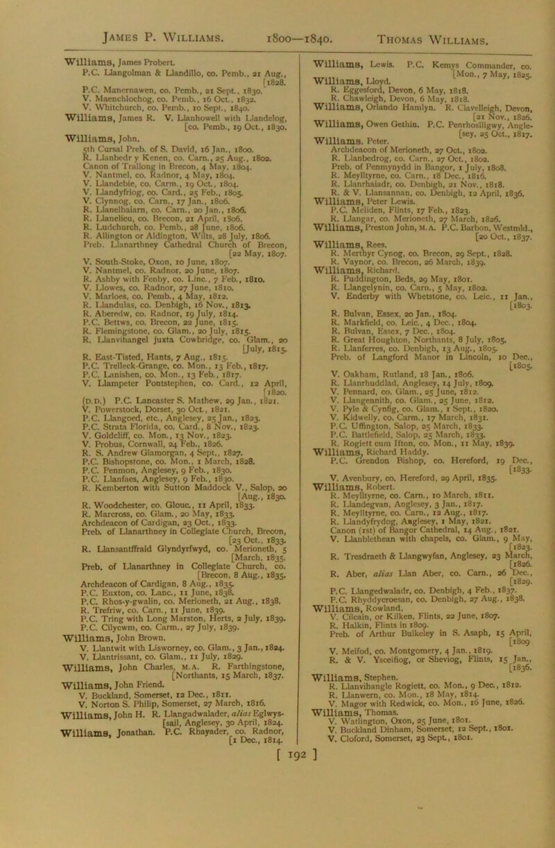 Williams, James Probert. P.C. Llangolman & Llandillo, co. Pemb., 21 Aug., [1828. P.C. Manernawen, co. Pemb., 21 Sept., 1830. V. Maenchlochog, co. Pemb., 16 Oct., 1832. V. Whitchurch, co. Pemb., 10 Sept., 1840. Williams, James R. V. Llanhowcll with I.landelog, [co. Pemb., 19 Oct., 1830. Williams, John. 5th Cursal Preb. of S. David, 16 Jan., 1800. R. Llanbedr y Kenen, co. Cam., 25 Aug., 1802. Canon of Trallong in Brecon, 4 May, 1804. V. Nantmel, co. Radnor, 4 May, 1804. V. Llandebie, co. Carm., 19 Oct., 1804. V. Llandyfriog, co. Card., 25 Feb., 1805. V. Clynnog, co. Cam., 17 Jan., 1806. R. Llanelhaiarn, co. Cam., 20 Jan., 1806. R. Llanelieu, co. Brecon, 21 April, i3o6. R. Ludchurch, co. Pemb., 28 June, 1806. R. Allington or Aldington, Wilts, 28 July, 1806. Preb. Llanartbney Cathedral Church of Brecon, [22 May, 1807. V. South-Stoke, Oxon, 10 June, 1807. V. Nantmel, co. Radnor, 20 June, 1807. R. Ashby with Fenby, co. Line., 7 Feb., 18x0. V. Llowes, co. Radnor, 27 June, 1810. V. Marloes, co. Pemb., 4 May, 1812. R. Llandulas, co. Denbigh, 16 Nov., 18x3. R. Aberedw, co. Radnor, 19 July, 1814. P.C. Bettws, co. Brecon, 22 June, 1815. R. Flemingstone, co. Glam., 20 July, 1815. R. Llanvihangel juxta Cowbridge, co. Glam., 20 [July, 1815. R. East-Tisted, Hants, 7 Aug., 1815. P.C. Trelleck-Grange, co. Mon., 13 Feb., X817. P.C. Lanishen, co. Mon., 13 Feb., 1817. V. Llampeter Pontstephen, co. Card., 12 April, [ T820. (d.d.) P.C. LancasterS. Mathew, 29 Jan., 1821. V. Powerstock, Dorset, 30 Oct., 1821. P.C. Llangoed, etc., Anglesey, 25 Jan., 1823. P.C. Strata Florida, co. Card., 8 Nov., 1823. V. Goldcliff, co. Mon., 13 Nov., 1823. V. Probus, Cornwall, 24 Feb., 1826. R. S. Andrew Glamorgan, 4 Sept,, 1827. P.C. Bishopstone, co. Mon., 1 March, 1828. P.C. Penmon, Anglesey, 9 Feb., 1830. P.C. Llanfaes, Anglesey, 9 Feb., 1830. R. Kemberton with Sutton Maddock V., Salop, 20 [Aug., 1830. R. Woodchester, co. Glouc., 11 April, 1833. R. Marcross, co. Glam., 20 May, 1833. Archdeacon of Cardigan, 23 Oct., 1833. Preb. of Llanarthney in Collegiate Church, Brecon, [23 Oct., 1833. R. Llansantffraid Glyndyrfwyd, co. Merioneth, 5 [March, 1835. Preb. of Llanarthney in Collegiate Church, co. [Brecon, 8 Aug., 1835. Archdeacon of Cardigan, 8 Aug., 1835. P.C. Euxton, co. Lane., 11 June, 1838. P.C. Rhos-y-gwalin, co. Merioneth, 21 Aug., 1838. R. Trefriw, co. Cam., 11 June, 1839. P.C. Tring with Long Marston, Herts, 2 July, 1839. P.C. Cilycwm, co. Carm., 27 July, 1839. Williams, John Brown. V. Llantwit with Lisworney, co. Glam., 3 Jan., 1824. V. Llantrissant, co. Glam., 11 July, 1829. Williams, John Charles, m.a. R. Farthingstone, [Northants, 15 March, 1837. Williams, John Friend. V. Buckland, Somerset, 12 Dec., 1811. V. Norton S. Philip, Somerset, 27 March, 1816. Williams, John H. R. Llangadwalader, alias Eglwys- [sail, Anglesey, 30 April, 1824. Williams, Jonathan. P.C. Rhayader, co. Radnor, [1 Dec., 1814. Williams, Lewis. P.C. Kemys Commander, co. T , , [Mon., 7 May, 1825. Williams, Lloyd. R. Eggesford, Devon, 6 May, 1818. R. Chawleigh, Devon, 6 May, 1818. Williams, Orlando Hamlyn. R. Clavelleigh, Devon, ...... [21 Nov., 1826. Williams, Owen Gethin. P.C. Penrhoslligwy, Angle- [sey, 25 Oct., 1817. Williams, Peter. Archdeacon of Merioneth, 27 Oct., 1802. R. L.lanbedrog, co. Cam., 27 Oct., 1802. Preb. of Penmynydd in Bangor, 1 July, 1808. R. Meylltyrne, co. Carn., 18 Dec., 1816. R. Llanrhaiadr, co. Denbigh, 21 Nov., 1818. R. & V. Llansannan, co. Denbigh, 12 April, 1836. Williams, Peter Lewis. P.C. Meliden, Flints, 17 Feb., 1823. R. Llangar, co. Merioneth, 27 March, 1826. Williams, Preston John, m.a. P.C. Barbon, Westmld., [20 Oct., 1837. Williams, Rees. R. Merthyr Cynog, co. Brecon, 29 Sept., 1828. R. Vaynor, co. Brecon, 26 March, 1839. Williams. Richard. R. Puddington, Beds, 29 May, 1801. R. Llangelynin, co. Cam., 5 May, 1802. V. Enderby with Whetstone, co. Leic., 11 Jan., [1803. R. Bulvan, Essex, 20 Jan., 1804. R. Markfield, co. Leic., 4 Dec., 1804. R. Bulvan, Essex, 7 Dec., 1804. R. Great Houghton, Northants, 8 July, 1805. R. Llanferres, co. Denbigh, 13 Aug., 1805. Preb. of Langford Manor in Lincoln, xo Dec., [1805. V. Oakham, Rutland, 18 Jan., 1806. R. Llanrhuddlad, Anglesey, 14 July, 1809. V. Pennard, co. Glam., 25 June, 1812. V. Llangennith, co. Glam., 25 June, 1812. V. Pyle & Cynfig, co. Glam., 1 Sept., 1820. V. Kidwelly, co. Carm., 17 March, 1831. P.C. Uffington, Salop, 25 March, 1833. P.C. Battlefield, Salop, 25 March, 1833. R. Rogiett cum Ifton, co. Mon., 11 May, 1839. Williams, Richard Haddy. P.C. Grendon Bishop, co. Hereford, 19 Dec., [1833. V. Avenbury, co. Hereford, 29 April, 1835. Williams, Robert. R. Meylltyrne, co. Cam., 10 March, 1811. R. Llandegvan, Anglesey, 3 Jan., 18x7. R. Meylltyrne, co. Cam., 12 Aug., 1817. R. Llandyfrydog, Anglesey, 1 May, 1821. Canon (rst) of Bangor Cathedral, 14 Aug., 1821. V. Llanblethean with chapels, co. Glam., 9 May, [1823. R. Tresdraeth & Llangwyfan, Anglesey, 23 March, [1826. R. Aber, alias Llan Aber, co. Carn., 26 Dec., [1829. P.C. Llangedwaladr, co. Denbigh, 4 Feb., 1837. P.C. Rhyddycroesan, co. Denbigh, 27 Aug., 1838. Williams, Rowland. V. Cilcain, or Kilken, Flints, 22 June, 1807. R. Halkin, Flints in 1809. Preb. of Arthur Bulkeley in S. Asaph, 15 V. Meifod, co. Montgomery, 4 Jan., 1819. R. & V. Ysceifiog, or Sheviog, Flints, April, [1809 15 Jan., [1836. Williams, Stephen. R. Llanvihangle Rogiett, co. Mon., 9 Dec., 1812. R, Llanwern, co. Mon., 18 May, 1814. V. Magor with Redwick, co. Mon., 16 June, 1826. Williams, Thomas. V. Watlington, Oxon, 25 June, 1801. V. Buckland Dinham, Somerset, 12 Sept., 1801. V. Cloford, Somerset, 23 Sept., 1801.