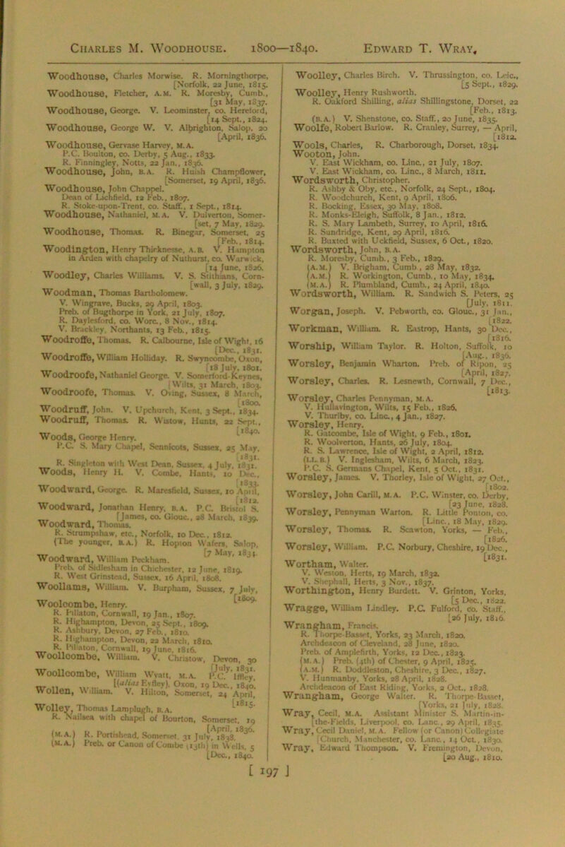 Charles M. Woodhouse. 1800—1840. Edward T. Wray, Woodhouse, Charles Morwise. R. Morningthorpe, [Norfolk, 22 June, 1815. Woodhouse, Fletcher, a.m. R. Moresby, Cumb., [31 May, 1S37. Woodhouse, George. V. Leominster, co. Herclord, [14 Sept., 1824. Woodhouse, George W. V. Albrighton, Salop. 20 [April, 1836. Woodhouse, Gervase Harvey, m.a. P.C. Boulton, co. Derby, 5 Aug., 1833. R. Finningley, Notts, 22 Jan., 1836. Woodhouse, John, b.a. R. Huish Champflower, [Somerset, 19 April, 1836. Woodhouse, John Chappel. Dean of Lichfield, 12 Feb., 1807. R. Stoke-upon-Trent, co. Staff., 1 Sept., 1814. Woodhouse, Nathaniel, m.a. V. Du 1 vert on, Somer- [set, 7 May, 1829. Woodhouse, Thomas. R. Btnegar, Somerset. 25 [Feb., 1814. Woodington, Henry Thirknesse, A.B. V. Hampton in Arden with chapelry of N'uthurst, co. War* ;ck, [14 June, 1826. Woodley, Charles Williams. V. S. Stithians, Corn- [wall, 3 July, 1829. Woodman, Thomas Bartholomew. V. Wingrave, Bucks, 29 April, 1803. Preb. of Bugthorpe in York, 21 July, 1807. R. Daylesford, co. Wore., 8 Nov., 1814. V. Brackley, Northants, 13 F'eb., 1815. Woodroffo, Thomas. R. Calbourne, Isle of Wight, 16 ■nr , [Dec.. 1831. Woodroffo, William Holliday. R. Swyncombe, Oxon, , [18 July, 1801. Woodroofe, Nathaniel George. V. Somrrfoni- Keynes, (Wilts, 31 March. 1803. Woodroofe, Thomas. V. Ovmg, Sussex, 8 March, , _ ; (800. Woodruff, John. V. Upchurch, Rent, 3 Sept., 1834. Woodruff, Thomas. R. Wistow, Hunts, 22 Sept., Woods, George Henry. I’.C. S. Mary Chapel, Sennicots, Sussex, 25 May, *831. R. Singleton with West Dean, Sussex. 4 Julv, 1831. Woods, Henry H. V. Combe. Hants, to Ihc., [1833. Woodward, George. R. Maresficld, Sussex, 10 Anil, _Tr - . [t8ta. Woodward, Jonathan Henry, B.A, P.C. Bristol S. i James, co. Glouc., 28 March, 1. 59. Woodward, Thomas. R. Strumpshaw, etc., Norfolk, to Dec., 1812. (The younger, a a.) R. Hopton Wafers, Salop, Woodward, William Peckham. Prclx of Sidlesham in Chichester, 12 June, 1819, R. West Grinstead, Sussex. 16 April, 1808. Woollams, William. V, Burpham, Sussex, 7 July, Woolcombo. Henry. R. Pillaton, Cornwall, 19 Jan., 1807. R. Highampton, Devon, 23 Sept., 1800. R. Ashbury, Devon, 27 Feb., t8io. R. Higliampton, Devon, 22 March, 1810. R.Pilaton, Cornwall, 19 June, 1816. Woolleombe, William. V. Chriatow, Devon, 30 Woollcombe, William Wyatt, m.a. Px^Yffley! nr 11 [(u/wr Eifley). Oxon, 19 Doc., 18jo. Wollen, W ilham. V, Hilton, Somerset, 24 April, Wolley, Thomas Lamplugh, b.a. R. Nailsea with chapel of Bourton, Somcrsef, 19 (m.a.) R. Portish'-ad, Somerset. 31 July, iVj3. ^ (M.A.) Preb. or Canon of Combe |i jth) in Wells, 5 [Dec., 1840. t *97 J Woolley, Charles Birch. V. Thrussington, co. Leic., [5 Sept., 1829. Woolley, Henry Rushworth. R. Oakford Shilling, alias Shillingstone, Dorset, 22 [Feb., 1813. (11.A.) V. Shenstone, co. Staff., 20 June, 1835. Woolfe, Robert Barlow. R. Cranley, Surrey, — April, [18x2. Wools, Charles, R. Charborough, Dorset, 1834. Wooton, John. V. East Wickham, co. Line., 21 July, 1807. V. East Wickham, co. Line., 8 March, 1811. Wordsworth, Christopher. R. Ashby & Oby, etc., Norfolk, 24 Sept., 1804. R. Wo 'dchurch, Kent, 9 April, 1806. R. Bocking, Essex, 30 May, 1808. R. Monks-Eleigh, Suffolk, 8 Jan., 1812. R. S. Mary Lambeth, Surrey, 10 April, 1816. R. Sundridge, Kent, 29 April, 1816. R. Buxted with Uckfield, Sussex, 6 Oct, 1820. Wordsworth, John, b.a. R. Moresby, Cumb., 3 Feb., 1829. !a. vi. > V. Brigham, Cumb , 28 May, 1832. a.m.) R. Workington, Cumb., to May, 1834. m.a.) R. Plumbland, Cumb., 24 April, 1840. Wordsworth, William. R. Sandwich S. Peters, 23 [July, 1811. Worgan, Joseph. V. Pebworth, co. Glouc., 31 Jan., [1822. Workman, William. R. Eastroo, Hants, 30 Dec., [1816. Worship, William Taylor. R. Holton, Suffolk, 10 [Aug., 1836. Worsley, Beniamin Wharton. Preb. of Ripon, ae [April, 1827. Worsley, Charles. R. Lesnewth, Cornwall, 7 Dec., [1813. Worsley, Charles FVnnyman, m.a. V. liulUvington, Wilts, 15 Feb., 1826. V. Thurlby, co. Line., 4 Jan., 1827. Worsley, Henry. R. G.ucombe, Isle of Wight, 9 Feb., 1801. R. Woolverton, Hants, 26 July, 1804. R. S. Lawrence, Isle of Wight, 2 April, 1812. (Li. b.) V. Inglesham, Wilts, 6 March, 1823. P.C. S. Germans Chapel, Kent, 5 Oct., 1831. Worsley, James. V. Tiiorley, Isle of Wight, 27 Oct., [1802. Worsley’, John Carill, M.A. P.C. Winster, co. Derby, [23 June, 1828. Worsley, Pennyman Warton. R. Little Ponton, co. [Line., 18 May, 1829. Worsley, Thomas. R. Scawton, Yorks, — Feb., [1826. Worsley, William. P.C. Norbury, Cheshire, 19 Dec., [1831. Wortham, Walter. V. Weston, Herts, 19 March, 1832. V7. Shephall, Herts, 3 Nov., 1837. Worthington, Henry Burdett. V. Grinton, Yorks, [5 Dec., 1822. Wragge, William Lindley. P.C Fulford, co. Staff., [26 July, 1816. Wrangham, Francis. R. f'horpe-Basset, Yorks, 23 March, 1820. Archdeacon of Cleveland, 28 June, 1820. Preb. of Amplefirth, Yorks, 12 Dec., 1823. (M.A.) Preb. (4th) of Chester, 9 April, 1825, (A.m.) R. Doddleston, Cheshire, 3 Dec., 1827. V. llunmanby, Yorks, 28 April, 1828. Archdeacon of East Riding, Yotks, 2 Oct., 1828. Wrangham, George Walter. R. Thorpe- Basset, [Yorks, 21 July, 1828. WrayT Cecil, M.A. Assistant Minister S. Martin-in- [the-Fields, Liverpool, co. Lane, 29 April, 1833. Wray, Cecil Daniel, m.a. Fellow (or Canon)Collegiate [Church, Manchester, co. Lane., 14 Oct., 1830. Wray, Edward Thompson, V. Ercnnngton, Devon, [20 Aug., 18x0.