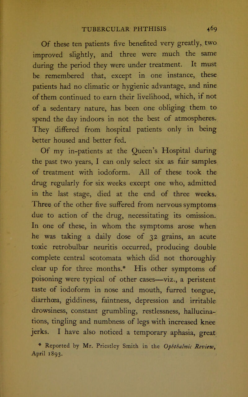 Of these ten patients five benefited very greatly, two improved slightly, and three were much the same during the period they were under treatment. It must be remembered that, except in one instance, these patients had no climatic or hygienic advantage, and nine of them continued to earn their livelihood, which, if not of a sedentary nature, has been one obliging them to spend the day indoors in not the best of atmospheres. They differed from hospital patients only in being better housed and better fed. Of my in-patients at the Queen’s Hospital during the past two years, I can only select six as fair samples of treatment with iodoform. All of these took the drug regularly for six weeks except one who, admitted in the last stage, died at the end of three weeks. Three of the other five suffered from nervous symptoms due to action of the drug, necessitating its omission. In one of these, in whom the symptoms arose when he was taking a daily dose of 32 grains, an acute toxic retrobulbar neuritis occurred, producing double complete central scotomata which did not thoroughly clear up for three months.* His other symptoms of poisoning were typical of other cases—viz., a peristent taste of iodoform in nose and mouth, furred tongue, diarrhoea, giddiness, faintness, depression and irritable drowsiness, constant grumbling, restlessness, hallucina- tions, tingling and numbness of legs with increased knee jerks. I have also noticed a temporary aphasia, great * Reported by Mr. Priestley Smith in the Ophthalmic Review, April 1893.
