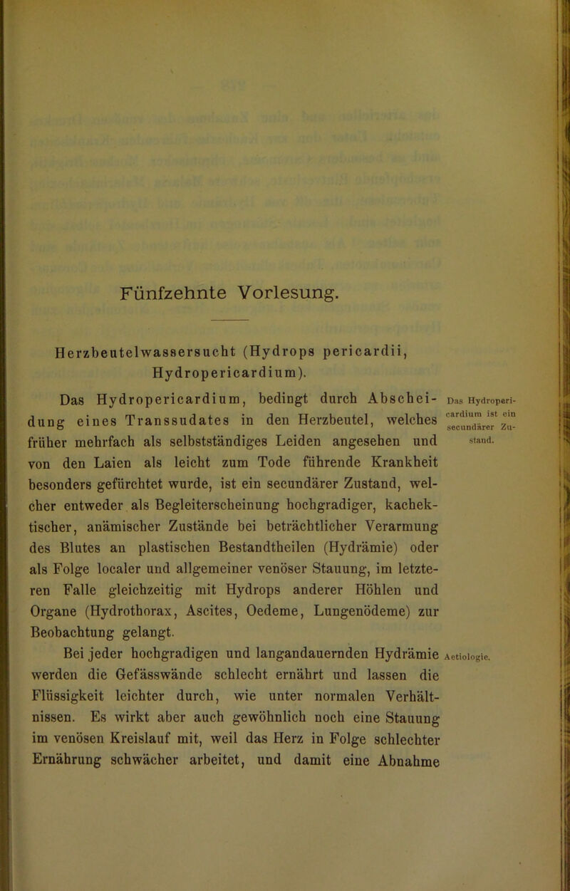 Fünfzehnte Vorlesung. Herzbeutelwasaersucht (Hydrops pericardii, Hydropericardium). Das Hydropericardium, bedingt durch Abschei- dung eines Transsudates in den Herzbeutel, welches früher mehrfach als selbstständiges Leiden angesehen und von den Laien als leicht zum Tode führende Krankheit besonders gefürchtet wurde, ist ein secundärer Zustand, wel- cher entweder als Begleiterscheinung hochgradiger, kachek- tischer, anämischer Zustände bei beträchtlicher Verarmung des Blutes an plastischen Bestandteilen (Hydrämie) oder als Folge localer und allgemeiner venöser Stauung, im letzte- ren Falle gleichzeitig mit Hydrops anderer Höhlen und Organe (Hydrothorax, Ascites, Oedeme, Lungenödeme) zur Beobachtung gelangt. Bei jeder hochgradigen und langandauernden Hydrämie werden die Gefässwände schlecht ernährt und lassen die Flüssigkeit leichter durch, wie unter normalen Verhält- nissen. Es wirkt aber auch gewöhnlich noch eine Stauung im venösen Kreislauf mit, weil das Herz in Folge schlechter Ernährung schwächer arbeitet, und damit eine Abnahme Das Hydroperi- cardium ist ein secundärer Zu- stand. Aetiologic.