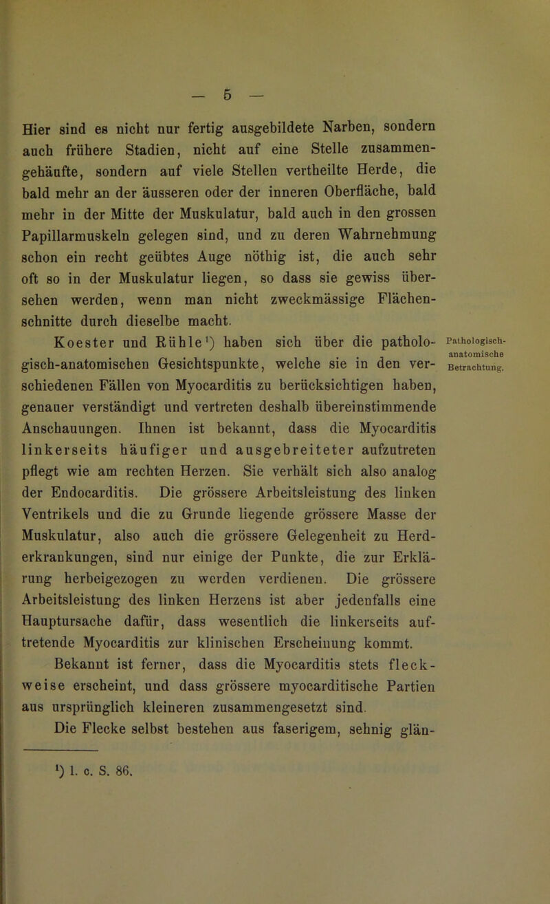 Hier sind es nicht nur fertig ausgebildete Narben, sondern auch frühere Stadien, nicht auf eine Stelle zusammen- gehäufte, sondern auf viele Stellen vertheilte Herde, die bald mehr an der äusseren oder der inneren Oberfläche, bald mehr in der Mitte der Muskulatur, bald auch in den grossen Papillarmuskeln gelegen sind, und zu deren Wahrnehmung schon ein recht geübtes Auge nöthig ist, die auch sehr oft so in der Muskulatur liegen, so dass sie gewiss über- sehen werden, wenn man nicht zweckmässige Flächen- schnitte durch dieselbe macht. Koester und Rühle1) haben sich über die patholo- gisch-anatomischen Gesichtspunkte, welche sie in den ver- schiedenen Fällen von Myocarditis zu berücksichtigen haben, genauer verständigt und vertreten deshalb übereinstimmende Anschauungen. Ihnen ist bekannt, dass die Myocarditis linkerseits häufiger und ausgebreiteter aufzutreten pflegt wie am rechten Herzen. Sie verhält sich also analog der Endocarditis. Die grössere Arbeitsleistung des linken Ventrikels und die zu Grunde liegende grössere Masse der Muskulatur, also auch die grössere Gelegenheit zu Herd- erkrankungen, sind nur einige der Punkte, die zur Erklä- rung herbeigezogen zu werden verdienen. Die grössere Arbeitsleistung des linken Herzens ist aber jedenfalls eine Hauptursache dafür, dass wesentlich die linkerseits auf- tretende Myocarditis zur klinischen Erscheinung kommt. Bekannt ist ferner, dass die Myocarditis stets fleck- weise erscheint, und dass grössere myocarditische Partien aus ursprünglich kleineren zusammengesetzt sind. Die Flecke selbst bestehen aus faserigem, sehnig gläu- Pathologisch- anatomische Betrachtung. l) 1. c. S. 86.