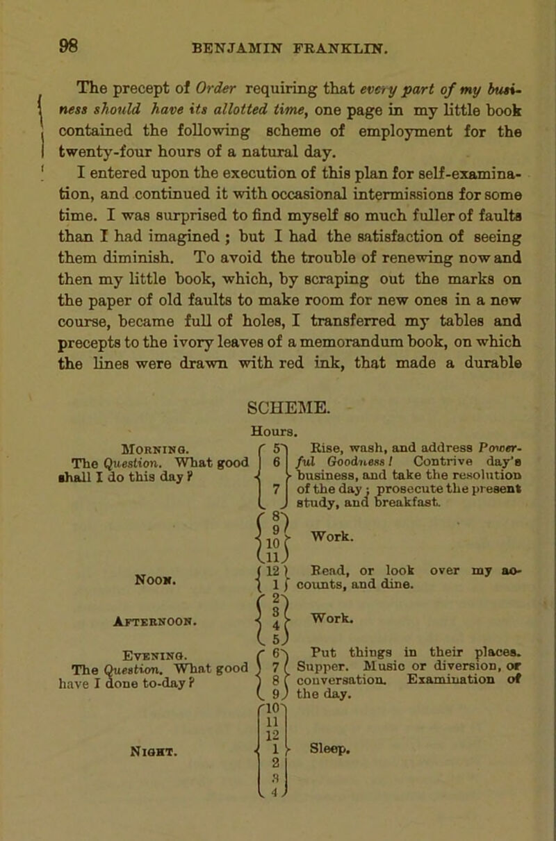 The precept of Order requiring that eva y part of my busi- ness should have its allotted time, one page in my little book contained the following scheme of employment for the twenty-four hours of a natural day. I entered upon the execution of this plan for self-examina- tion, and continued it with occasional intermissions for some time. I was surprised to find myself so much fuller of faults than I had imagined ; but I had the satisfaction of seeing them diminish. To avoid the trouble of renewing now and then my little book, which, by scraping out the marks on the paper of old faults to make room for new ones in a now course, became fuU of holes, I transferred my tables and precepts to the ivory leaves of a memorandum book, on which the lines were drawn with red ink, that made a durable SCHEME. Hours. Mornibg. The Question. Wbat good ■hall I do this day i* Noo*. Aftkbkoon. Evkbino. The Queation. What good have I done to-day ? Rise, wash, and address Power- fvl Goodness I Contrive day’s business, and take the resolution of the day: prosecute the present study, and breakfast. Work. Bead, or look over my ac- counts, and dine. Work. But things in their places. Supper. Music or diversion, or conversation. Examination of the day. Sleep. Night.