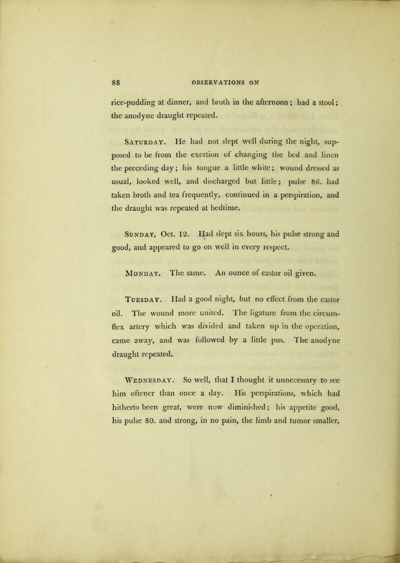 rice-pudding at dinner, and broth in the afternoon ; had a stool; the anodyne draught repeated. Saturday. He had not slept well during the night, sup- posed to be from the exertion of changing the bed and linen the preceding day; his tongue a little white; wound dressed as usual, looked well, and discharged but little; pulse 86. had taken broth and tea frequently, continued In a perspiration, and the draught was repeated at bedtime. Sunday, Oct. 12. Had slept six hours, his pulse strong and good, and appeared to go on well in every respect. Monday. The same. An ounce of castor oil given. Tuesday. Had a good night, but no effect from the castor oil. The wound more united. The ligature from the circum- flex artery which was divided and taken up In the operation, came away, and was followed by a little pus. The anodyne draught repeated. Wednesday. So well, that I thought it unnecessary to see him oftencr than once a day. His perspirations, which had hitherto been great, were now diminished; his appetite good, his pulse 80. and strong, in no pain, the limb and tumor smaller.