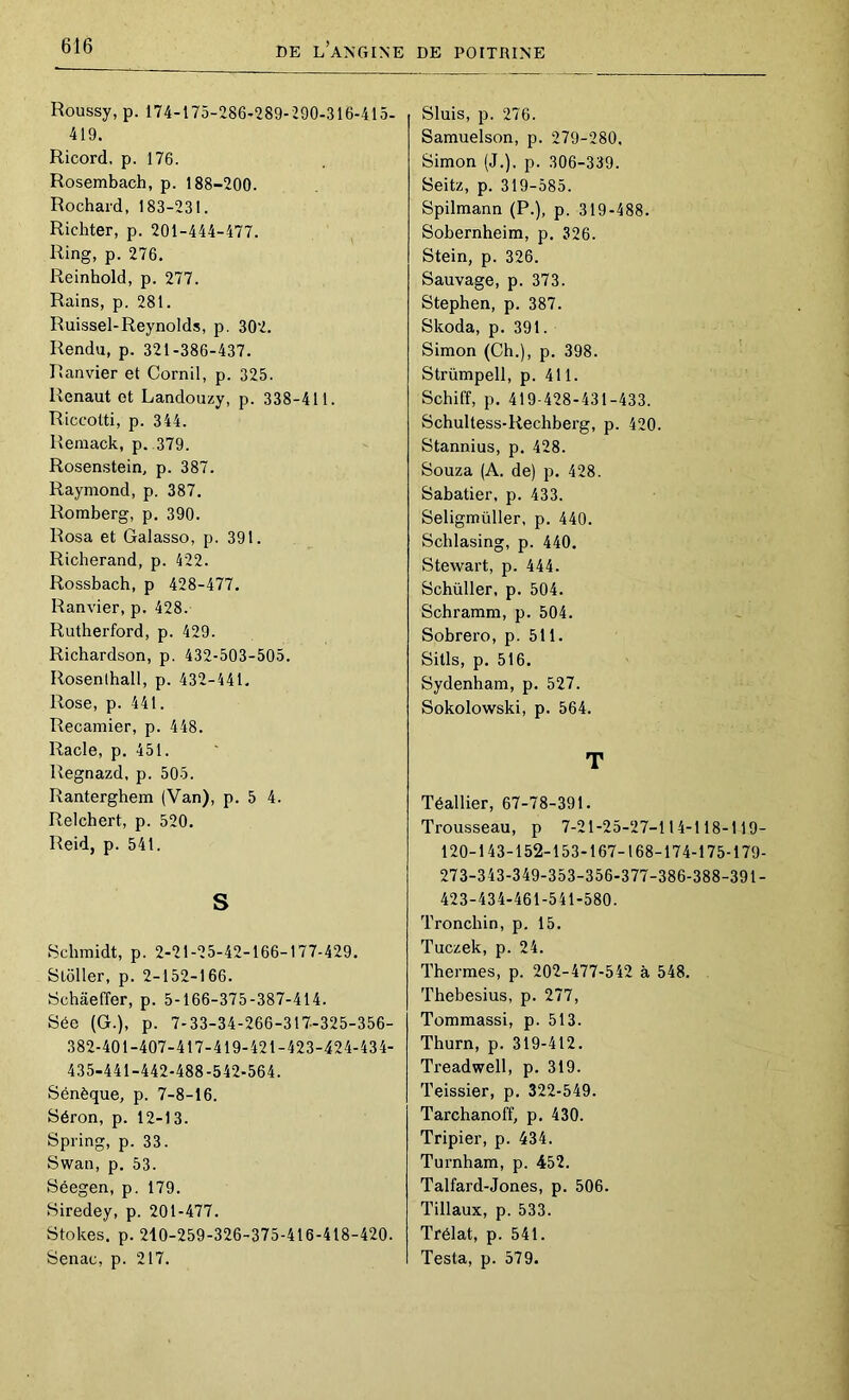 Roussy, p. 174-175-286-289-290-316-415- 419. Ricord, p. 176. Rosembach, p. 188-200. Rochard, 183-231. Richter, p. 201-444-477. Ring, p. 276, Reinhold, p. 277. Rains, p. 281. Ruissel-Reynolds, p. 302. Rendu, p. 321-386-437. Ranvier et Cornil, p. 325. Uenaut et Landouzy, p. 338-411. Riccotti, p. 344. Remack, p. 379. Rosenstein, p. 387, Raymond, p. 387, Romberg, p. 390. Rosa et Galasso, p. 391. Richerand, p. 422. Rossbach, p 428-477. Ranvier, p. 428. Rutherford, p. 429. Richardson, p. 432-503-505. Rosenlhall, p. 432-441. Rose, p. 441. Recamier, p. 448. Racle, p, 451. Regnazd, p. 505. Ranterghem (Van), p. 5 4. Relchert, p. 520. Reid, p. 541. S Schmidt, p. 2-21-25-42-166-177-429. Sloller, p. 2-152-166. Schaeffer, p. 5-166-375-387-414. Sée (G.), p. 7-33-34-266-317-325-356- 382-401-407-417-419-421-423-424-434- 435-441-442-488-542-564. Sénèque, p. 7-8-16. Séron, p. 12-13. Spring, p. 33. Swan, p. 53. Séegen, p. 179. Siredey, p. 201-477. Stokes. p. 210-259-326-375-416-418-420. Senac, p. 217. Sluis, p. 276. Samuelson, p. 279-280, Simon (J.), p. 306-339. Seitz, p. 319-585. Spilmann (P.), p. 319-488. Sobernheim, p. 326. Stein, p. 326. Sauvage, p. 373. Stephen, p. 387. Skoda, p. 391. Simon (Ch.), p. 398. Strümpell, p. 411. Schiff, p. 419-428-431-433. Schultess-Rechberg, p. 420. Stannius, p. 428. Souza (A. de) p. 428. Sabatier, p. 433. Seligmüller, p. 440. Schlasing, p. 440. Stewart, p. 444. Schüller, p. 504. Schramm, p. 504. Sobrero, p. 511. Sitls, p, 516. Sydenham, p. 527. Sokolowski, p. 564. T Téallier, 67-78-391. Trousseau, p 7-21-25-27-114-118-119- 120-143-152-153-167-168-174-175-179- 273-343-349-353-356-377-386-388-391- 423-434-461-541-580. Tronchin, p. 15. Tuczek, p. 24. Thermes, p. 202-477-542 à 548. Thebesius, p. 277, Tommassi, p. 513. Thurn, p. 319-412. Treadwell, p. 319. Teissier, p. 322-549. Tarchanoff, p. 430. Tripier, p. 434. Turnham, p. 452. Talfard-Jones, p. 506. Tillaux, p. 533. Trélat, p. 541. Testa, p. 579.