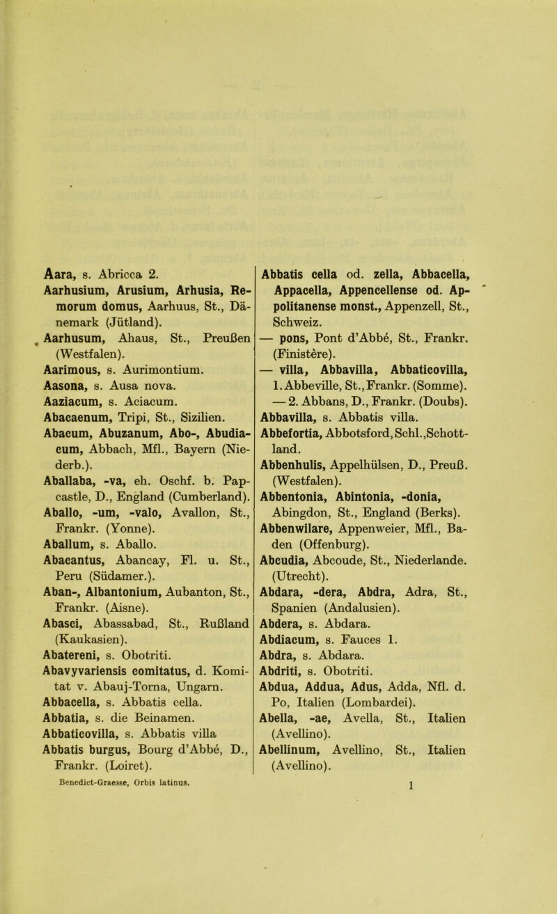 Aara, s. Abricca 2. Aarhusium, Arusium, Arhusia, Re- morum domus, Aarhuus, St., Dä- nemark (Jütland). Aarhusum, Ahaus, St., Preußen (Westfalen). Aarimous, s. Aurimontium. Aasona, s. Ausa nova. Aaziacum, s. Aciacum. Abaeaenum, Tripi, St., Sizilien. Abacum, Abuzanum, Abo-, Abudia- eum, Abbach, Mfl., Bayern (Nie- derb.). Aballaba, -va, eh. Oschf. b. Pap- castle, D., England (Cumberland). Aballo, -um, -valo, Avalion, St., Frankr. (Yonne). Aballum, s. Aballo. Abacantus, Abancay, Fl. u. St., Peru (Südamer.). Aban-, Albantonium, Aubanton, St., Frankr. (Aisne). Abasci, Abassabad, St., Rußland (Kaukasien). Abatereni, s. Obotriti. Abavyvariensis comitatus, d. Komi- tat v. Abauj-Torna, Ungarn. Abbacella, s. Abbatis cella. Abbatia, s. die Beinamen. AbbaticoVilla, s. Abbatis villa Abbatis burgus, Bourg d’Abbe, D., Frankr. (Loiret). Benedict-Grae3se, Orbis latinus. Abbatis cella od. zella, Abbacella, Appacella, Appencellense od. Ap- politanense monst., Appenzell, St., Schweiz. — pons, Pont d’Abbe, St., Frankr. (Finistere). — villa, Abbavilla, Abbatico villa, 1. Abbeville, St.,Frankr. (Somme). — 2. Abbans, D., Frankr. (Doubs). Abba villa, s. Abbatis villa. Abbefortia, Abbotsford, Schl., Schott- land. Abbenhulis, Appelhülsen, D., Preuß. (Westfalen). Abbentonia, Abintonia, -donia, Abingdon, St., England (Berks). Abbenwilare, Appenweier, Mfl., Ba- den (Offenburg). Abcudia, Abcoude, St., Niederlande. (Utrecht). Abdara, -dera, Abdra, Adra, St., Spanien (Andalusien). Abdera, s. Abdara. Abdiacum, s. Fauces 1. Abdra, s. Abdara. Abdriti, s. Obotriti. Abdua, Addua, Adus, Adda, Nfl. d. Po, Italien (Lombardei). Abella, -ae, Avella, St., Italien (Avellino). Abellinum, Avellino, St., Italien (Avellino).