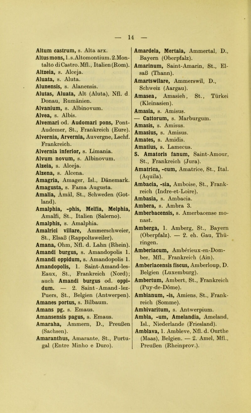 Altum castrum, s. Alta arx. Altusmons, l.s.Altomontium.2.Mon- talto di Castro. Mfl., Italien (Rom). Altzeia, s. Alceja. Aluata, s. Aluta. Alunensis, s. Alanensis. Alutas, Aluata, Alt (Aluta), Nfl. d Donau, Rumänien. Alvanium, s. Albino vum. Alvea, s. Albis. Alvemari od. Audomari pons, Pont- Audemer, St., Frankreich (Eure). Alvernia, Arvernia, Auvergne, Lschf. Frankreich. Alvernia inferior, s. Limania. Alvum novum, s. Albinovum. Alzeia, s. Alceja. Alzena, s. Alcena. Amagria, Amager, Isl., Dänemark. Amagusta, s. Fama Augusta. Amalia, Amäl, St., Schweden (Got- land). Amalphia, -phis, Melfia, Melphia, Amalfi, St., Italien (Salerno). Amalphis, s. Amalphia. Amalrici villare, Ammerschweier, St., Elsaß (Rappoltsweder). Amana, Ohm, Nfl. d. Lahn (Rhein). Amandi burgus, s. Amandopolis 1. Amandi oppidum, s. Amandopolis 1. Amandopolis, 1. Saint-Amand-les- Eaux, St., Frankreich (Nord); auch Amandi burgus od. oppi- dum. — 2. Saint-Amand-lez- Puers, St., Belgien (Antwerpen). Amanes portus, s. Bilbaum. Amans pg. s. Emaus. Amansensis pagus, s. Emaus. Amaraha, Ammern, D., Preußen (Sachsen). Amaranthus, Amarante, St., Portu- gal (Entre Minho e Duro). Amardela, Mertala, Ammertal, D., Bayern (Oberpfalz). Amarinum, Saint-Amarin, St., El- saß (Thann). Amartswilare, Ammerswil, D., Schweiz (Aargau). Amasea, Amasieh, St., Türkei (Kleinasien). Amasia, s. Amisus. — Cattorum, s. Marburgum. Amasis, s. Amisus. Amasius, s. Amisus. Amates, s. Amidis. Amatius, s. Lamecus. S. Amatoris fanum, Saint-Amour, St., Frankreich (Jura). Amatrica, -cum, Amatrice, St., Ital. (Aquila). Ambacia, -sia, Amboise, St., Frank- reich (Indre-et-Loire). Ambasia, s. Ambacia. Ambera, s. Ambra 3. Amberbacensis, s. Amerbacense mo- nast. Amberga, 1. Amberg, St., Bayern (Oberpfalz). — 2. eh. Gau, Thü- ringen. Amberiacum, Amberieux-en-Dom- bes, Mfl., Frankreich (Ain). Amberlacensis fiscus, Amberloup, D. Belgien (Luxemburg). Ambertum, Ambert, St., Frankreich (Puy-de-Döme). Ambianum, -is, Amiens, St., Frank- reich (Somme). Ambivaritum, s. Antwerpium. Ambla, -um, Amelandia, Ameland, Isl., Niederlande (Friesland). Amblava, 1. Ambleve, Nfl. d. Ourthe (Maas), Belgien. — 2. Amei, Mfl., Preußen (Rheinprov.).