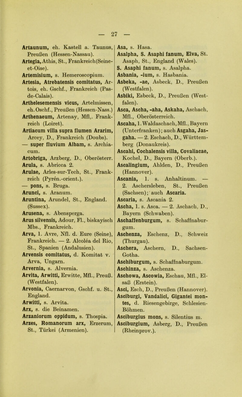 Artaunum, eh. Kastell a. Taunus, Preußen (Hessen-Nassau). Artegia, Athis, St., Frankreich (Seine- et-Oise). Artemisium, s. Hemeroscopium. Artesia, Atrebatensis comitatus, Ar- tois, eh. Gschf., Frankreich (Pas- de-Calais). Arthelesemensis vicus, Artelmissen, eh.Oschf., Preußen (Hessen-Nass.) Arthenaeum, Artenay, Mfl,. Frank- reich (Loiret). Artiacum villa supra flumen Ararim, Arcey, D., Frankreich (Doubs). — super fluvium Albam, s. Archia- cum. Artobriga, Arzberg, D., Oberösterr. Arula, s. Abricca 2. Arulae, Arles-sur-Tech, St., Frank- reich (Pyren.-orient.). — pons, s. Bruga. Arunei, s. Aranum. Aruntina, Arundel, St., England. (Sussex). Arusena, s. Abensperga. Arus silvensis, Adour, Fl., biskayisch Mbs., Frankreich. Arva, 1. Avre, Nfl. d. Eure (Seine), Frankreich. — 2. Alcolea del Rio, St., Spanien (Andalusien). Arvensis comitatus, d. Komitat v. Arva, Ungarn. Arvernia, s. Alvernia. Arvita, Arwitti, Erwitte, Mfl., Preuß. (Westfalen). Arvonia, Caernarvon, Gschf. u. St., England. Arwitti, s. Arvita. Arx, s. die Beinamen. Arzaniorum oppidum, s. Thospia. Arzes, Romanorum arx, Erzerum, St., Türkei (Armenien). Asa, s. Hasa. Asalpha, S. Asaphi fanum, Elva, St. Asaph, St., England (Wales). S. Asaphi fanum, s. Asalpha. Asbania, -ium, s. Hasbania. Asbeka, -ae, Asbeck, D., Preußen (Westfalen). Asbiki, Esbeck, D., Preußen (West- falen). Asca, Ascha, -aha, Askaha, Aschach, Mfl., Oberösterreich. Ascaha, 1. Waldaschach, Mfl., Bayern (Unterfranken); auch Asgaha, Jas- gaha. — 2. Eschach, D., Württem- berg (Donaukreis). Ascahi, Cochalensis villa, Govaliacae, Kochel, D., Bayern (Oberb.). Ascalingium, Ahlden, D., Preußen (Hannover). Ascania, 1. s. Anhaltinum. — 2. Aschersleben, St., Preußen (Sachsen);' auch Ascaria. Ascaria, s. Ascania 2. Ascha, 1. s. Asca. — 2. Aschach, D., Bayern (Schwaben). Aschaffenburgum, s. Schaffnabur- gum. Aschenza, Eschenz, D., Schweiz (Thurgau). Aschera, Aschern, D., Sachsen- Gotha. Aschiburgum, s. Schaffnaburgum. Aschinza, s. Aschenza. Aschowa, Ascowia, Eschau, Mfl., El- saß (Erstem). Asci, Esch, D., Preußen (Hannover). Asciburgi, Vandalici, Gigantei mon- tes, d. Riesengebirge, Schlesien- Böhmen. Asciburgius mons, s. Silentius m. Asciburgium, Asberg, D., Preußen (Rheinprov.).