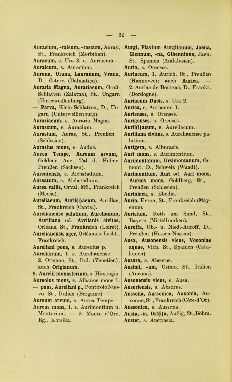 Auracium, -raicum, -raseum, Auray, St., Frankreich (Morbihan). Auracum, s. Ura 3. u. Auriacum. Auraicum, s. Auracium. Aurana, Urana, Lauranum, Vrana, D., österr. (Dalmatien). Auraria Magna, Aurariacum, Groß- Schlatten (Zalatna), St., Ungarn (Unterweißenburg). — Parva, Klein-Schlatten, D., Un- garn (Unterweißenburg). Aurariacum, s. Auraria Magna. Aurascum, s. Auracium. Aurasium, Auras, St., Preußen (Schlesien). Aurasius mons, s. Audus. Aurea Tempe, Aureum arvum, Goldene Aue, Tal d. Helme, Preußen (Sachsen). Aureatensis, e. Aichstadium. Aureatum, s. Aichstadium. Aurea vallis, Orval, Mfl., Frankreich (Meuse). Aureliacum, Auril(i)acum, Aurillac, St., Frankreich (Cantal). Aurelianense palatium, Aurelianum, Auriliana od. Avrilanis civitas, Orleans, St., Frankreich (Loiret). Aurelianensis ager, Orleanais, Lschf., Frankreich. Aureliani pons, s. Aureolus p. Aurelianum, 1. s. Aurelianense. — 2. Origano, St., Ital. (Venetien); auch Origianum. S. Aurelii monasterium, s. Hirsaugia. Aureolus mons, s. Albanus mons 1. — pons, Aureliani p., PontiroloNuo- vo, St., Italien (Bergamo). Aureum arvum, s. Aurea Tempe. Aureus mons, 1. s. Aurimontium u. Montorium. — 2. Monte d’Oro, Bg., Korsika. Aurgi, Flavium Aurgitanum, Jaena, Giennum, -na, Gihenninna, Jaen, St., Spanien (Andalusien). Auria, s. Orenses. Auriacum, 1. Aurich, St., Preußen (Hannover); auch Aurica. — 2. Auriac-de-Bourzac, D., Frankr. (Dordogne). Auriacum Ducis, s. Ura 2. Aurica, s, Auriacum 1. Aurienses, s. Orenses. Aurigenses. s. Orenses. Auril(i)acum, s. Aureliacum. Auriliana civitas, s. Aurelianense pa- latium. Aurigera, s. Alburacis. Auri mons, s. Aurimontium. Aurimontanum, Ursimontanum, Or- mont, D., Schweiz (Waadt). Aurimontium, Auri od. Aari mons. Aureus mons, Goldberg, St., Preußen (Schlesien). Auriniaca, s. Ebodia. Aurio, Evron, St., Frankreich (May- enne). Aurisium, Roth am Sand, St., Bayern (Mittelfranken). Auroffa, Ob.- u. Nied.-Auroff, D., Preußen (Hessen-Nassau). Ausa, Ausonensis vicus, Voconiae aquae, Vieh, St., Spanien (Cata- lonien). Ausara, s. Absorus. Ausimi, -um, Osimo, St., Itaüen (Ancona). Ausonensis vicus, s. Ausa. Ausoriensis, s. Absorus. Aussona, Aussonica, Auxonia, Au- xonne, St., Frankreich (Cöte-d’Or). Aussonica, s. Aussona. Austa, -ia, Ust(i)a, Außig, St.,Böhm. Auster, s. Austrasia.