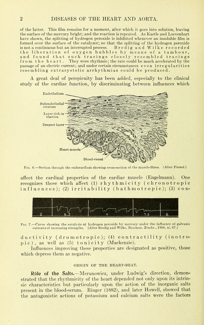 of the latter. This film remains for a moment, after which it goes into solution, leaving the surface of the mercury bright; and the reaction is repeated. As Kastle and Loevenhart have shown, the splitting of hydrogen peroxide is inhilDited whenever an insoluble film is formed over the surface of the catalyzer; so that the splitting of the hydrogen peroxide is not a continuous but an interrupted process. Bredig and Wilke recorded the liberation of oxygen bubbles by means of a tambour, and found that such tracings closely resembled tracings from the heart. They w^ere rhythmic; the rate could be much accelerated by the passage of an electric current; and under certain circumstances even irregularities resembling extrasystolic arrhythmias could be produced. A great deal of perspicuity has been added, especially to the clinical study of the cardiac function, by discriminating between influences which Fig. 6.—Section through the endocardium showing cross-section of the muscle-hbres. (After Piersol.) affect the cardinal properties of the cardiac muscle (Engelmann). One recognizes those which affect (1) rhythmicity (chronotropic influences); (2) irritability (bathmotropic); (3) con- Fig. 7.—Curve showing the catalysis of hydrogen peroxide by mercury under the influence of galvanic currents of increasing strengths. (After Bredig and Wilke, Biochem. Ztschr., 1908, xi, 67.) ductivity (dromotropic); (4) contractility (inotro- pic), as well as (5) tonicity (Mackenzie). Influences improving these properties are designated as positive, those which depress them as negative. ORIGIN OF THE HEART-BEAT. Role of the Salts.—Merunowicz, under Ludwig’s direction, demon- strated that the rhythmicity of the heart depended not only upon its intrin- sic characteristics but particularly upon the action of the inorganic salts present in the blood-serum. Ringer (1882), and later Howell, showed that the antagonistic actions of potassium and calcium salts were the factors