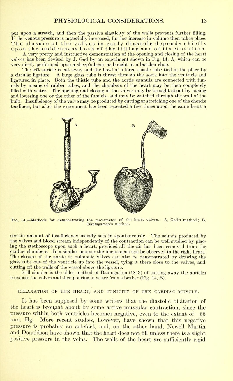 put upon a stretch, and then the passive elasticity of the walls prevents further filling. If the venous pressure is materially increased, further increase in volume then takes place. The closure of the valves in early diastole depends chiefly upon the suddenness both of the filling and of its cessation. A very pretty and instructive demonstration of the opening and closing of the heart valves has been devised by J. Gad by an experiment shown in Fig. 14, A, which can be very nicely performed upon a sheep’s heart as bought at a butcher shop. The left auricle is cut away and the bowl of a large thistle tube tied in the place by a circular ligature. A large glass tube is thrust through the aorta into the ventricle and ligatured in place. Both the thistle tube and the aortic cannula are connected with fun- nels by means of rubber tubes, and the chambers of the heart may be then completely filled with water. The opening and closing of the valves may be brought about by raising and lowering one or the other of the funnels, and may be watched through the wall of the bulb. Insufficiency of the valve may be produced by cutting or stretching one of the chord® tendine®, but after the experiment has been repeated a few times upon the same heart a Fio. 14.—Methods for demonstrating the movements of the heart valves. A, Gad’s method; E, Baumgarten's method. certain amount of insufficiency usually sets in spontaneously. The sounds produced by the valves and blood stream independently of the contraction can be well studied by plac- ing the stethoscope upon such a heart, provided all the air has been removed from the cardiac chambers. In a similar manner the phenomena can be observed in the right heart. The closure of the aortic or pulmonic valves can also be demonstrated by drawing the glass tube out of the ventricle up into the vessel, tying it there close to the valves, and cutting off the walls of the vessel above the ligature. Still simpler is the older method of Baumgarten (1843) of cutting away the auricles to expose the valves and then pouring in water from a beaker (Fig. 14, B). RELAXATION OF THE HEART, AND TONICITY OF THE CARDIAC MUSCLE. It has been supposed by some writers that the diastolic dilatation of the heart is brought about by some active muscular contraction, since the pressure within both ventricles becomes negative, even to the extent of—55 mm. Hg. More recent studies, however, have shown that this negative pressure is probably an artefact, and, on the other hand, Newell Martin and Donaldson have shown that the heart does not fill unless there is a slight positive pressure in the veins. The walls of the heart are sufficiently rigid