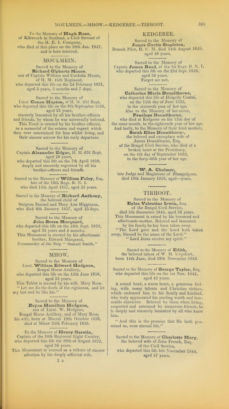 To the Memory of Hugh Rose, of Kilravock in Scotland, a Civil Servant of the H. E. I. Company, who died at this place on the 29th Jan. 1817, and is here interred. MOULMEIN. Sacred to the Memory of Richard Olpherts Moore, son of Captain William and Cordelia Moore, of H. M. 45th Regiment, who departed this life on the 2d February 1831, aged 3 years, 3 months and 7 days. Sacred to the Memory of Lieut. Conan Hopton, of H. M. 63d Regt. who departed this life on the 8th September 1838, aged 23 years, sincerely lamented by all his brother-officers and friends, by whom he was universally beloved. This Tomb is erected by his brother-officers, as a memorial of the esteem and regard which they ever entertained for him whilst living, and their sincere sorrow for his early departure. Sacred to the Memory of Captain Alexander Edgar, H. M. 63d Regt. aged 28 years, who departed this life on the 7th April 1839, deeply and sincerely regretted by all his brother-officers and friends. Sacred to the Memory of William Foley, Esq. late of the 10th Regt. B. N. I. wdio died 13th April 1837, aged 33 years. Sacred to the Memory of Richard Anthony, the beloved child of Surgeon Samuel and Mary Ann Higginson, who died 6th January 1837, aged 25 days. Sacred to the Memory of John Breen Marquard, who departed this life on the 10th Sept. 1832, aged 35 years and 4 months. This Monument is erected by his affectionate brother, Edward Marquard, Commander of the Ship “ Samuel Smith.” MITOW. Sacred to the Memory of Lieut. William Edward Hodgson, Bengal Horse Artillery, who departed this life on the 12th June 1838, aged 32 years. This Tablet is erected by his wife, Mary Rosa. “ Let me die the death of the righteous, and let my last end be like his.” Sacred to the Memory of Rryan Hamilton Hodgson, son of Lieut. W. Hodgson, Bengal Horse Artillery, and of Mary Rosa, his wife, born at Meerut 19th October 1836, died at Mhow 24th February 1838. To the Memory of Henry Garstin, Captain of the 10th Regiment Light Cavalry, who departed this life the 29th of August 1832, aged 36 years. This Monument is erected as a tribute of sincere affection by his deeply afflicted wife. 3 E KEDGEREE. Sacred to the Memory of James Curtis Stapleton, Branch Pilot, H. C. M. died 14th August 1826, aged 46 years. Sacred to the Memory of Captain James Read, of the 1st Regt. B. N. I. who departed this life on the 23d Sept. 1826, aged 36 years. Forget me not. Sacred to the Memory of Catherine Maria Donnithorne, who departed this life at Hidgelly Contai, on the 11th day of June 1832, in the sixteenth year of her age. Also to the Memory of her sister, Penelope Ronnithorne, who died at Kedgeree on the 13th day of the same month, in the eighteenth year of her age. And lastly, to the Memory of their fond mother, Sarah Eliza Donnithorne, the beloved and exemplary wife of James Donnitliorne, Esq. of the Bengal Civil Service, who died of a broken heart at the Presidency, on the 4th day of September 1832, in the forty-fifth year of her age. W. A. Ghaimer, late Judge and Magistrate of Bhaugulpore, died 16th January 1826, aged—years. TIRIIOOT. Sacred to the Memory of Eyles Valentine Irwin, Esq. of the Bengal Civil Service, died 5th December 1845, aged 36 years. This Monument is raised by bis bereaved and affectionate mother. Beloved and lamented by his family he has been taken away. “The Lord gave and the Lord hath taken away, blessed be the name of the Lord.” “ Lord Jesus receive my spirit.” Sacred to the Memory of Edith, the beloved infant of W. H. Urquhart, bora 14th June, died 29th November 1843. Sacred to the Memory of George Taylor, Esq. who departed this life on the 1st Nov. 1842, aged 43 years. A sound head, a warm heart, a generous feel- ing, with many talents and Christian virtues, which endeared him to his family and kindred, who truly appreciated his sterling worth and hon- orable character. Beloved by them when living, respected and esteemed by numerous friends, he is deeply and sincerely lamented by all who knew him. “ And this is the promise that He hath pro- mised us, even eternal life.” Sacred to the Memory of Charlotte Mary, the beloved wife of John French, Esq. of the Civil Service, who departed this life 5th November 1844, aged 57 years.