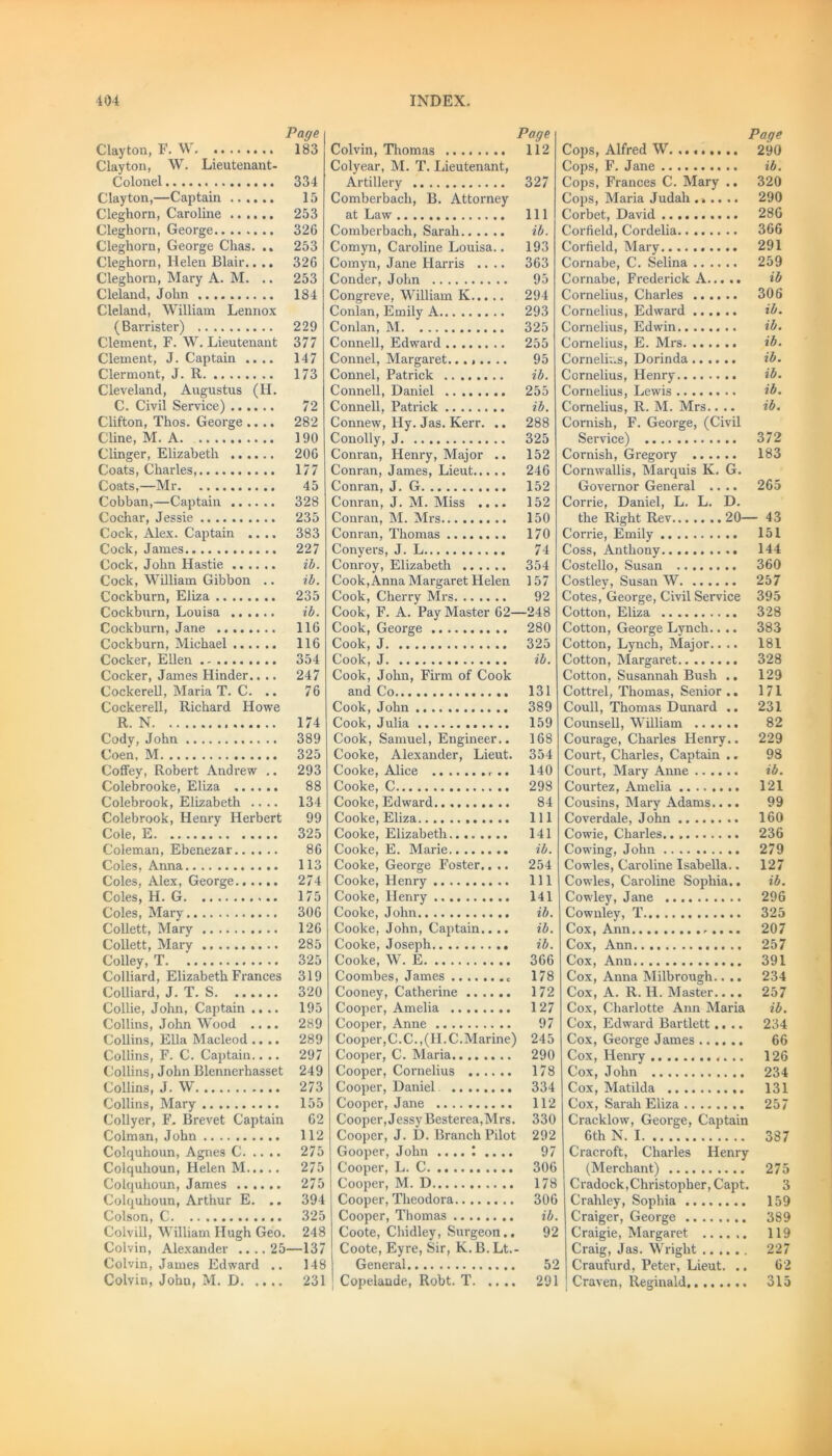 Page Clayton, F. W 183 Clayton, W. Lieutenant- Colonel 334 Clayton,—Captain 15 Cleghorn, Caroline 253 Cleghorn, George 326 Cleghorn, George Chas. .. 253 Cleghorn, Helen Blair.. .. 326 Cleghorn, Mary A. M. .. 253 Cleland, John 184 Cleland, William Lennox (Barrister) 229 Clement, F. W. Lieutenant 377 Clement, J. Captain .... 147 Clermont, J. R 173 Cleveland, Augustus (II. C. Civil Service) 72 Clifton, Thos. George .... 282 Cline, M. A 190 Clinger, Elizabeth 206 Coats, Charles, 177 Coats,—Mr 45 Cobban,—Captain 328 Cochar, Jessie 235 Cock, Alex. Captain .... 383 Cock, James 227 Cock, John Hastie ib. Cock, William Gibbon .. ib. Cockburn, Eliza 235 Cockburn, Louisa ib. Cockburn, Jane 116 Cockburn, Michael 116 Cocker, Ellen 354 Cocker, James Hinder.. .. 247 Cockerell, Maria T. C. .. 76 Cockerell, Richard Howe R. N 174 Cody, John 389 Coen, M 325 Coffey, Robert Andrew .. 293 Colebrooke, Eliza 88 Colebrook, Elizabeth .... 134 Colebrook, Henry Herbert 99 Cole, E 325 Coleman, Ebenezar 86 Coles, Anna 113 Coles, Alex, George...... 274 Coles, H. G 175 Coles, Mary 306 Collett, Mary 126 Collett, Mary 285 Colley, T 325 Colliard, Elizabeth Frances 319 Colliard, J. T. S 320 Collie, John, Captain .... 195 Collins, John Wood .... 289 Collins, Ella Macleod .... 289 Collins, F. C. Captain.. .. 297 Collins, John Blennerhasset 249 Collins, J. W 273 Collins, Mary 155 Collyer, F. Brevet Captain 62 Colman, John 112 Colquhoun, Agnes C. .. .. 275 Colquhoun, Helen M 275 Colquhoun, James 275 Colquhoun, Arthur E. .. 394 Colson, C 325 Colvill, William Hugh Geo. 248 Colvin, Alexander ....25—137 Colvin, James Edward .. 148 Colvin, John, M. D 231 Page Colvin, Thomas 112 Colyear, M. T. Lieutenant, Artillery 327 Comberbach, B. Attorney at Law Ill Comberbach, Sarah ib. Comyn, Caroline Louisa.. 193 Comyn, Jane Harris .... 363 Conder, John 95 Congreve, William K 294 Conlan, Emily A 293 Conlan, M 325 Connell, Edward 255 Connel, Margaret........ 95 Connel, Patrick ib. Connell, Daniel 255 Connell, Patrick ib. Connew, Hy. Jas. Kerr. .. 288 Conolly, J 325 Conran, Heni’y, Major .. 152 Conran, James, Lieut 246 Conran, J. G 152 Conran, J. M. Miss .... 152 Conran, M. Mrs 150 Conran, Thomas ........ 170 Conyers, J. L 74 Conroy, Elizabeth 354 Cook, Anna Margaret Helen 157 Cook, Cherry Mrs 92 Cook, F. A. Pay Master 62—248 Cook, George 280 Cook, J 325 Cook, J ib. Cook, John, Firm of Cook and Co 131 Cook, John 389 Cook, Julia 159 Cook, Samuel, Engineer.. 168 Cooke, Alexander, Lieut. 354 Cooke, Alice .. 140 Cooke, C 298 Cooke, Edward 84 Cooke, Eliza Ill Cooke, Elizabeth 141 Cooke, E. Marie ib. Cooke, George Foster.. .. 254 Cooke, Henry Ill Cooke, Henry 141 Cooke, John ib. Cooke, John, Captain.. .. ib. Cooke, Joseph ib. Cooke, W. E 366 Coombes, James 178 Cooney, Catherine 172 Cooper, Amelia 127 Cooper, Anne 97 Cooper,C.C.,(II.C.Marine) 245 Cooper, C. Maria 290 Cooper, Cornelius 178 Cooper, Daniel 334 Cooper, Jane 112 Cooper,Jessy Besterea,Mrs. 330 Cooper, J. D. Branch Pilot 292 Gooper, John 97 Cooper, L. C 306 Cooper, M. D 178 Cooper, Theodora 306 Cooper, Thomas ib. Coote, Chidley, Surgeon.. 92 Coote, Eyre, Sir, K.B.Lt.- General 52 Copelande, Robt. T 291 Page Cops, Alfred W 290 Cops, F. Jane ib. Cops, Frances C. Mary .. 320 Cops, Maria Judah ...... 290 Corbet, David 28G Corfield, Cordelia 366 Corfield, Mary.......... 291 Cornabe, C. Selina .. .... 259 Cornabe, Frederick A ib Cornelius, Charles ...... 306 Cornelius, Edward ib. Cornelius, Edwin ib. Cornelius, E. Mrs ib. Cornelius, Dorinda ib. Cornelius, Henry ib. Cornelius, Lewis ib. Cornelius, R. M. Mrs.. .. ib. Cornish, F. George, (Civil Service) 372 Cornish, Gregory 183 Cornwallis, Marquis K. G. Governor General .... 265 Corrie, Daniel, L. L. D. the Right Rev....... 20— 43 Corrie, Emily 151 Coss, Anthony 144 Costello, Susan 360 Costley, Susan W 257 Cotes, George, Civil Service 395 Cotton, Eliza 328 Cotton, George Lynch.. .. 383 Cotton, Lynch, Major.. .. 181 Cotton, Margaret 328 Cotton, Susannah Bush .. 129 Cottrel, Thomas, Senior .. 171 Coull, Thomas Dunard .. 231 Counsell, William ...... 82 Courage, Charles Henry.. 229 Court, Charles, Captain .. 98 Court, Mary Anne ib. Courtez, Amelia 121 Cousins, Mary Adams.. .. 99 Coverdale, John 160 Cowie, Charles.. 236 Cowing, John 279 Cowles, Caroline Isabella.. 127 Cowles, Caroline Sophia.. ib. Cowley, Jane 296 Cownley, T 325 Cox, Ann , .. .. 207 Cox, Ann 257 Cox, Ann 391 Cox, Anna Milbrough.. .. 234 Cox, A. R. H. Master.. .. 257 Cox, Charlotte Ann Maria ib. Cox, Edward Bartlett.... 234 Cox, George James 66 Cox, Henry 126 Cox, John 234 Cox, Matilda 131 Cox, Sarah Eliza 257 Cracklow, George, Captain 6th N. 1 387 Cracroft, Charles Henry (Merchant) 275 Cradock,Christopher, Capt. 3 Crahley, Sophia 159 Craiger, George 389 Craigie, Margaret 119 Craig, Jas. Wright 227 Craufurd, Peter, Lieut. .. 62 Craven, Reginald. 315