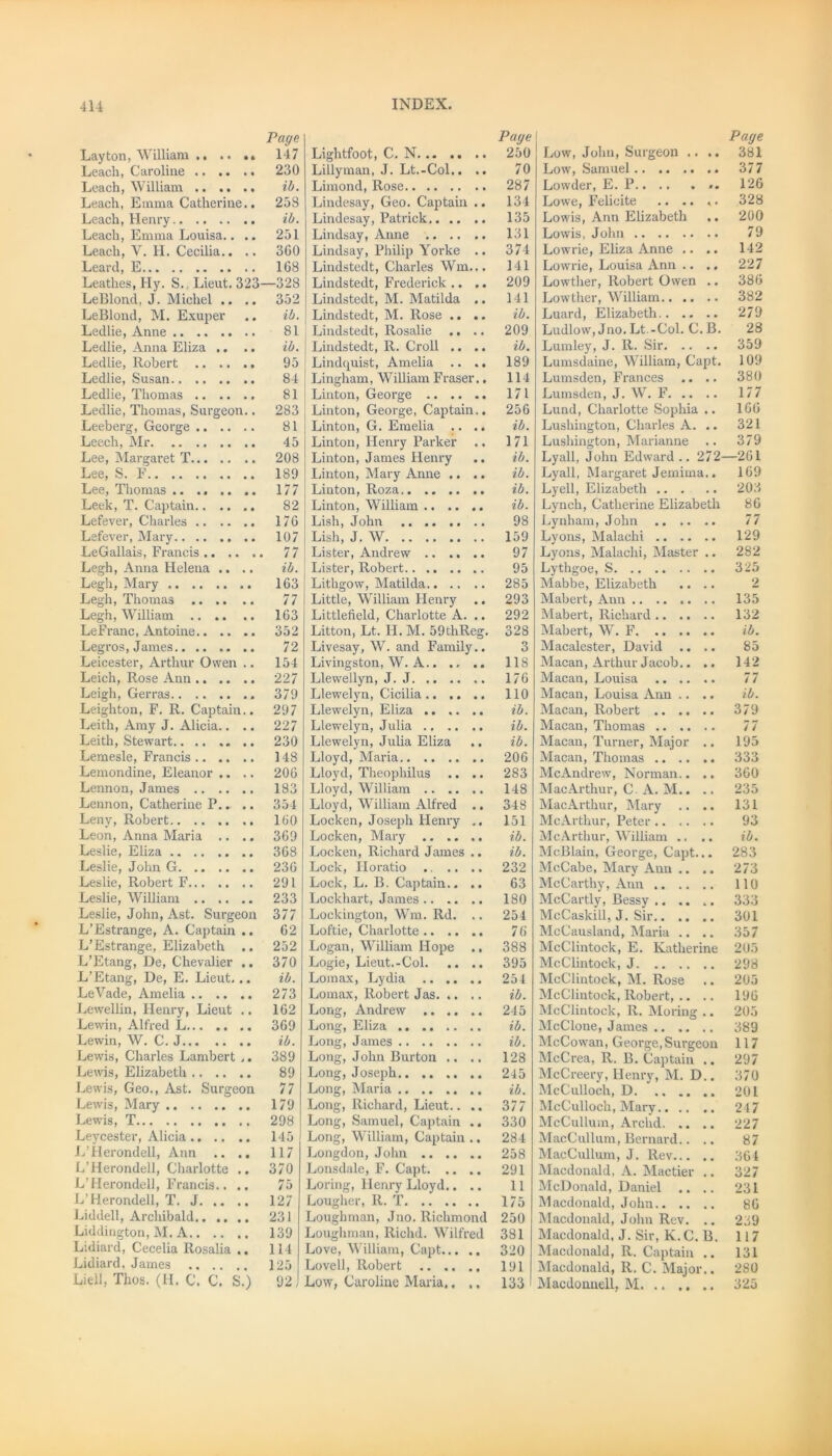 Page Layton, William 147 Leach, Caroline 230 Leach, William ib. Leach, Emma Catherine.. 258 Leach, Henry ib. Leach, Emma Louisa.. .. 251 Leach, V. H. Cecilia.. .. 360 Leard, E 168 Leathes, Hy. S., Lieut. 323—328 LeBlond, J. Michel .. .. 352 LeBlond, M. Exuper .. ib. Ledlie, Anne 81 Ledlie, Anna Eliza .. .. ib. Ledlie, Robert 95 Ledlie, Susan.. ...... 84 Ledlie, Thomas 81 Ledlie, Thomas, Surgeon.. 283 Leeberg, George 81 Leech, Mr 45 Lee, Margaret T 208 Lee, S. F 189 Lee, Thomas 177 Leek, T. Captain 82 Lefever, Charles 176 Lefever, Mary 107 LeGallais, Francis 77 Legh, Anna Helena .... ib. Legh, Mary 163 Legh, Thomas 77 Legh, William 163 LeFranc, Antoine 352 Legros, James 72 Leicester, Arthur Owen .. 154 Leich, Rose Ann 227 Leigh, Gerras 379 Leighton, F. R. Captain.. 297 Leith, Amy J. Alicia.. .. 227 Leith, Stewart 230 Lemesle, Francis 148 Lemondine, Eleanor .. .. 206 Lennon, James 183 Lennon, Catherine P. ► .. 354 Leny, Robert 160 Leon, Anna Maria .. .. 369 Leslie, Eliza 368 Leslie, John G 236 Leslie, Robert F 291 Leslie, William 233 Leslie, John, Ast. Surgeon 377 L’Estrange, A. Captain .. 62 L’Estrange, Elizabeth .. 252 L’Etang, De, Chevalier .. 370 L’Etang, De, E. Lieut... ib. LeVade, Amelia 273 Lewellin, Henry, Lieut .. 162 Lewin, Alfred L 369 Lewin, W. C. J ib. Lewis, Charles Lambert ,. 389 Lewis, Elizabeth 89 Lewis, Geo., Ast. Surgeon 77 Lewis, Mary 179 Lewis, T 298 Leycester, Alicia 145 L’Herondell, Ann .. .. 117 L’Herondell, Charlotte .. 370 L’Herondell, Francis.. .. 75 L’Herondell, T. J 127 Liddell, Archibald.. .. .. 231 Liddington, M. A 139 Lidiard, Cecelia Rosalia .. 114 Lidiard, James 125 Liell, Thos. (IT. C. C. S.) 92, Page Lightfoot, C. N 250 Lillyman, J. Lt.-Col.. .. 70 Limond, Rose 287 Lindesay, Geo. Captain .. 134 Lindesay, Patrick 135 Lindsay, Anne .. .. .. 131 Lindsay, Philip Yorke .. 374 Lindstedt, Charles Wm... 141 Lindstedt, Frederick .. .. 209 Lindstedt, M. Matilda .. 141 Lindstedt, M. Rose .. .. ib. Lindstedt, Rosalie .. .. 209 Lindstedt, R. Croll .... ib. Lindquist, Amelia .. .. 189 Lingham, William Fraser., 114 Linton, George 171 Linton, George, Captain.. 256 Linton, G. Emelia .. .. ib. Linton, Henry Parker .. 171 Linton, James Henry .. ib. Linton, Mary Anne .... ib. Linton, Roza. ib. Linton, William ib. Lish, John 98 Lish, J. W 159 Lister, Andrew 97 Lister, Robert 95 Lithgow, Matilda 285 Little, William Henry .. 293 Littlefield, Charlotte A. .. 292 Litton, Lt. H. M. 59thReg. 328 Livesay, W. and Family.. 3 Livingston, W. A 118 Llewellyn, J.J 176 Llewelyn, Cicilia .. .. .. 110 Llewelyn, Eliza ib. Llewelyn, Julia ib. Llewelyn, Julia Eliza .. ib. Lloyd, Maria 206 Lloyd, Theophilus .. .. 283 Lloyd, William 148 Lloyd, William Alfred .. 348 Locken, Joseph Plenry .. 151 Locken, Mary ib. Locken, Richard James .. ib. Lock, Horatio 232 Lock, L. B. Captain.. .. 63 Lockhart, James 180 Lockington, Wm. Rd. .. 254 Loftie, Charlotte 76 Logan, William Hope ., 388 Logie, Lieut.-Col 395 Lomax, Lydia .. .. .. 254 Lomax, Robert Jas ib. Long, Andrew 245 Long, Eliza ib. Long, James ib. Long, John Burton .. .. 128 Long, Joseph 245 Long, Maria ib. Long, Richard, Lieut.. .. 377 Long, Samuel, Captain .. 330 Long, William, Captain .. 284 Longdon, John 258 Lonsdale, F. Capt 291 Loring, Henry Lloyd.... 11 Lougher, R. T 175 Loughman, Jno. Richmond 250 Loughman, Richd. Wilfred 381 Love, William, Capt 320 Lovell, Robert 191 Low, Caroline Maria,. ,, 133 Page Low, John, Surgeon .. .. 381 Low, Samuel 377 Lowder, E. P 126 Lowe, Felicite .. .. .. 328 Lowis, Ann Elizabeth .. 200 Lowis, John 79 Lowrie, Eliza Anne .. .. 142 Lowrie, Louisa Ann .. .. 227 Lowther, Robert Owen .. 386 Lowther, William 382 Luard, Elizabeth 279 Ludlow, Jno. Lt.-Col. C. B. 28 Lumley, J. R. Sir 359 Lumsdaine, William, Capt. 109 Lumsden, Frances .. .. 380 Lumsden, J. W. F 177 Lund, Charlotte Sophia .. 166 Lushington, Charles A. .. 321 Lushington, Marianne .. 379 Lyall, John Edward .. 272—261 Lyall, Margaret Jemima.. 169 Lyell, Elizabeth 203 Lynch, Catherine Elizabeth 86 Lynham, John 77 Lyons, Malachi 129 Lyons, Malachi, Master .. 282 Lythgoe, S 325 Mabbe, Elizabeth .... 2 Mabert, Ann .. .. .. .. 135 Mabert, Richard 132 Mabert, W. F. ib. Macalester, David .... 85 Macan, Arthur Jacob.. .. 142 Macan, Louisa 77 Macan, Louisa Ann .. .. ib. Macan, Robert .. .. .. 379 Macan, Thomas 77 Macan, Turner, Major .. 195 Macan, Thomas 333 McAndrew, Norman.. .. 360 Mac Arthur, C. A. M.. .. 235 MacArthur, Mary .. .. 131 McArthur, Peter 93 McArthur, William .. .. ib. McBlain, George, Capt... 283 McCabe, Mary Aun .. .. 273 McCarthy, Ann 110 McCartly, Bessy 333 McCaskill, J. Sir 301 McCausland, Maria .. .. 357 McClintock, E. Katherine 205 McClintock, J 298 McClintock, M. Rose .. 205 McClintock, Robert, .. .. 196 McClintock, R. Moring .. 205 McClone, James 389 McCowan, George, Surgeon 117 McCrea, R. B. Captain .. 297 McCreery, Henry, M. D.. 370 McCulloch, D 201 McCulloch, Mary 247 McCullum, Archd 227 MacCullum, Bernard.. .. 87 MacCullum, J. Rev 364 Macdonald, A. Mactier .. 327 McDonald, Daniel .. .. 231 Macdonald, Johu 86 Macdonald, John Rev. .. 239 Macdonald, J. Sir, K.C. B. 117 Macdonald, R. Captain .. 131 Macdonald, R. C. Major.. 280 Macdonnell, M 325