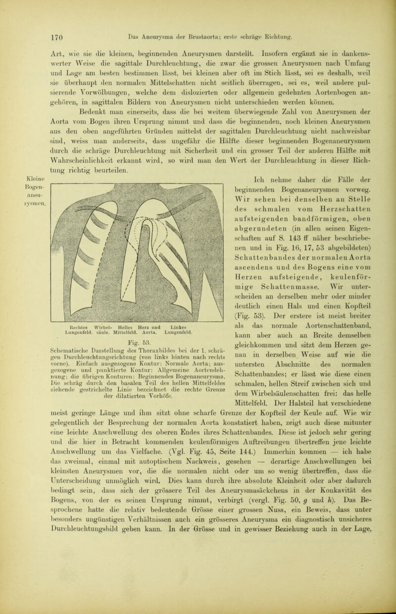 Kleine Sogen- aneu- ysinen. Art, wie sie die kleinen, beginnenden Aneurysmen darstellt. Insofern ergänzt sie in dankens- werter Weise die sagittale Durcdileuchtung, die zwar die grossen Aneurysmen nacdi Umfang und Lage am besten bestimmen lässt, bei kleinen aber oft im Stich lässt, sei es deshalb, weil sie überhaupt den normalen Mittelschatten nicht seitlich überragen, sei es, weil andere pul- sierende Vorwölbungen, welche dem dislozierten oder allgemein gedehnten Aortenl)ogen an- gehören, in sagittalen Bildern von Aneurysmen nicht unterschieden werden können. Bedenkt man einerseits, dass die bei weitem überwiegende Zahl von Aneurysmen der Aorta vom Bogen ihren Ursprung nimmt und dass die beginnenden, noch kleinen Aneurysmen aus den oben angeführten Gründen mittelst der sagittalen Durchleuchtung nicht nachweisbar sind, weiss man anderseits, dass ungefähr die Hälfte dieser beginnenden Bogenaneurysmen durch die schräge Durchleuchtung mit Sicherheit und ein grosser Teil der anderen Hälfte mit Wahrscheinlichkeit erkannt wird, so wird man den Wert der Durchleuchtung in dieser Bich- tung richtig beurteilen. Ich nehme daher die Fälle der beginnenden Bogenaneurysmen vorweg. Wir sehen bei denselben an Stelle des schmalen vom Herzschatten aufsteigenden bandförmigen, oben abgerundeten (in allen seinen Eigen- schaften auf S. 143 tf näher beschriel)e- nen und in Fig. 16, 17, 53 abgebildeten) Schattenbandes der normalen Aorta ascendens und des Bogens eine vom Herzen aufsteigende, keulenför- mige Schattenmasse. Wir unter- scheiden an derselben mehr oder minder deutlich einen Hals und einen Kopfteil (Fig. 53). Der erstere ist meist breiter als das normale Aortenschattenband, kann aber auch an Breite demselben gleichkommen und sitzt dem Herzen ge- nau in derselben Weise auf wie die untersten Abschnitte des normalen Schattenbandes; er lässt wie diese einen schmalen, hellen Streif zwischen sich und dem Wirbelsäulenschatten frei: das helle Mittelfeld. Der Halsteil hat verschiedene meist geringe Länge und ihm sitzt ohne scharfe Grenze der Kopfteil der Keule auf. Wie wir gelegentlich der Besprechung der normalen Aorta konstatiert haben, zeigt auch diese mitunter eine leichte Anschwellung des oberen Endes ihres Schattenbandes. Diese ist jedoch sehr gering und die hier in Betracht kommenden keulenförmigen Auftreibungen übertreffen jene leichte Anschwellung um das Vielfache. (Vgl. Fig. 45, Seite 144.) Immerhin kommen — ich habe das zweimal, einmal mit autoptischem Nachweis, gesehen — derartige Anschwellungen bei kleinsten Aneurysmen vor, die die normalen nicht oder um so wenig übertreffen, dass die Unterscheidung unmöglich wird. Dies kann durch ihre absolute Kleinheit oder aber dadurch bedingt sein, dass sich der grössere Teil des Aneurysmasäckchens in der Konkavität des Bogens, von der es seinen Ursprung nimmt, verbirgt (vergl. Fig. 50, g und h). Das Be- s})rochene hatte die relativ bedeutende Grösse einer grossen Nuss, ein Beweis, dass unter )>esonders ungünstigen Verhältnissen auch ein grösseres Aneurysma ein diagnostisch unsicheres Durchleuchtung-sbild geben kann. In der Grösse und in gewisser Beziehung auch in der Lage, Fig. 5Ü. Schematische Darstellung des Thoraxbildes hei der l. schrä- gen Durchlcuchtungsrichtung (von link.s hinten nach rechts vorne). Einfach ausgezogene Kontur; Normale Aorta; aus- gc'zogene und punktierte Kontur: Allgemeine Aortendeh- nung; die übrigen Konturen: Beginnendes Bogenaneurysma. Die schräg durch den basalen Teil des hellen Mittelfeldes ziehende gestrichelte Linie bezeichnet die rechte Grenze der dilatierten Vorhöfe.