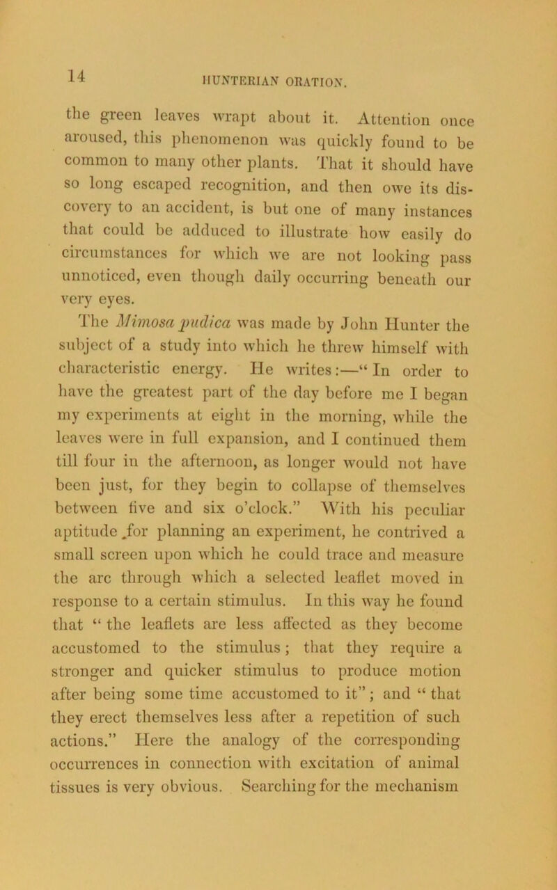 the green leaves wrapt about it. Attention once aroused, this phenomenon was quickly found to be common to many other plants. That it should have so long escaped recognition, and then owe its dis- covery to an accident, is but one of many instances that could be adduced to illustrate how easily do circumstances for which we are not looking pass unnoticed, even though daily occurring beneath our very eyes. The Mimosa pudica was made by John Hunter the subject of a study into which he threw himself with characteristic energy. He writes :—“ In order to have the greatest part of the day before me I began my experiments at eight in the morning, while the leaves were in full expansion, and I continued them till four in the afternoon, as longer would not have been just, for they begin to collapse of themselves between five and six o’clock.” With his peculiar aptitude .for planning an experiment, he contrived a small screen upon which he could trace and measure the arc through which a selected leaflet moved in response to a certain stimulus. In this way he found that “ the leaflets are less affected as they become accustomed to the stimulus; that they require a stronger and quicker stimulus to produce motion after being some time accustomed to it”; and “ that they erect themselves less after a repetition of such actions.” Here the analogy of the corresponding occurrences in connection with excitation of animal tissues is very obvious. Searching for the mechanism