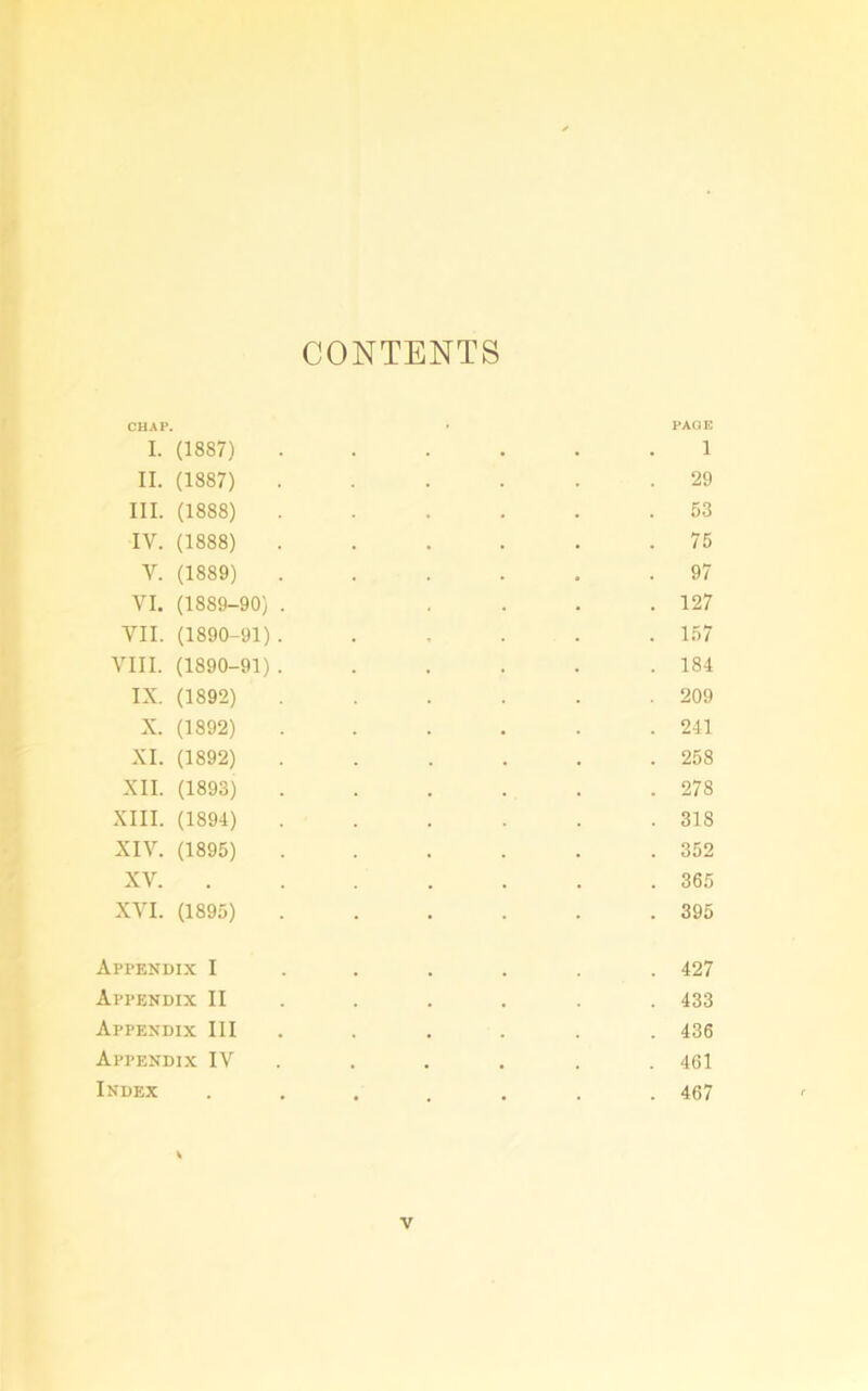 CONTENTS CHAP. • PAGE I. (1887) 1 II. (1887) ...... 29 III. (1888) 53 IV. (1888) ...... 75 V. (1889) ...... 97 VI. (1889-90) . .... 127 VII. (1890-91) 157 VIII. (1890-91) .184 IX. (1892) . . . . .209 X. (1892) . . . . . .241 XL (1892) . . . . . . 258 XII. (1893) . . . . . .278 XIII. (1894) 318 XIV. (1895) . . . . . .352 XV 365 XVI. (1895) . . . . . .395 Appendix I .... . . 427 Appendix II ..... . 433 Appendix III ..... . 436 Appendix IV . . . . . .461 Index ....... 467 V