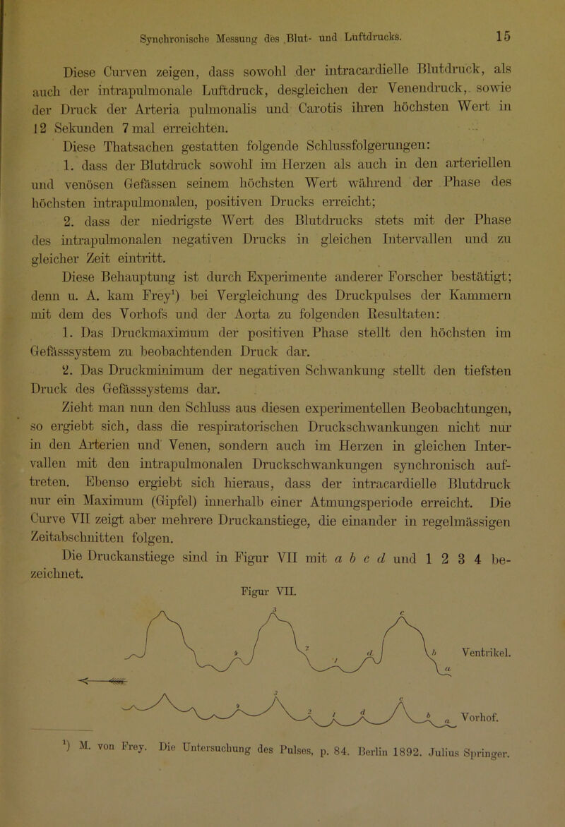 Diese Curven zeigen, dass sowohl der intracardielle Blutdruck, als auch der intrapulmonale Luftdruck, desgleichen der Venendruck, sowie der Druck der Arteria pulmonalis und Carotis ihren höchsten Wert in 12 Sekunden 7 mal erreichten. Diese Thatsachen gestatten folgende Schlussfolgerungen: 1. dass der Blutdruck sowohl im Herzen als auch in den arteriellen und venösen Befassen seinem höchsten Wert während der Phase des höchsten intrapulmonalen, positiven Drucks erreicht; 2. dass der niedrigste Wert des Blutdrucks stets mit der Phase des intrapulmonalen negativen Drucks in gleichen Intervallen und zu gleicher Zeit eintritt. Diese Behauptung ist durch Experimente anderer Forscher bestätigt; denn u. A. kam Frey1) hei Vergleichung des Druckpulses der Kammern mit dem des Vorhofs und der Aorta zu folgenden Resultaten: 1. Das Druckmaximum der positiven Phase stellt den höchsten im Gefässsystem zu beobachtenden Druck dar. 2. Das Druckminimum der negativen Schwankung stellt den tiefsten Druck des Cfefässsystems dar. Zieht man nun den Schluss aus diesen experimentellen Beobachtungen, so ergiebt sich, dass die respiratorischen Druckschwankungen nicht nur in den Arterien und Venen, sondern auch im Herzen in gleichen Inter- vallen mit den intrapulmonalen Druckschwankungen synclironisch auf- treten. Ebenso ergiebt sich hieraus, dass der intracardielle Blutdruck nur ein Maximum (Gipfel) innerhalb einer Atmungsperiode erreicht. Die Curve VII zeigt aber mehrere Druckanstiege, die einander in regelmässigen Zeitabschnitten folgen. Die Druckanstiege sind in Figur VII mit a b c d und 1 2 3 4 be- zeichnet. Figur VII. -< «s Vorhof. Ventrikel. ) M. von Frey. Die Untersuchung des Pulses, p. 84. Berlin 1892. Julius Springer.