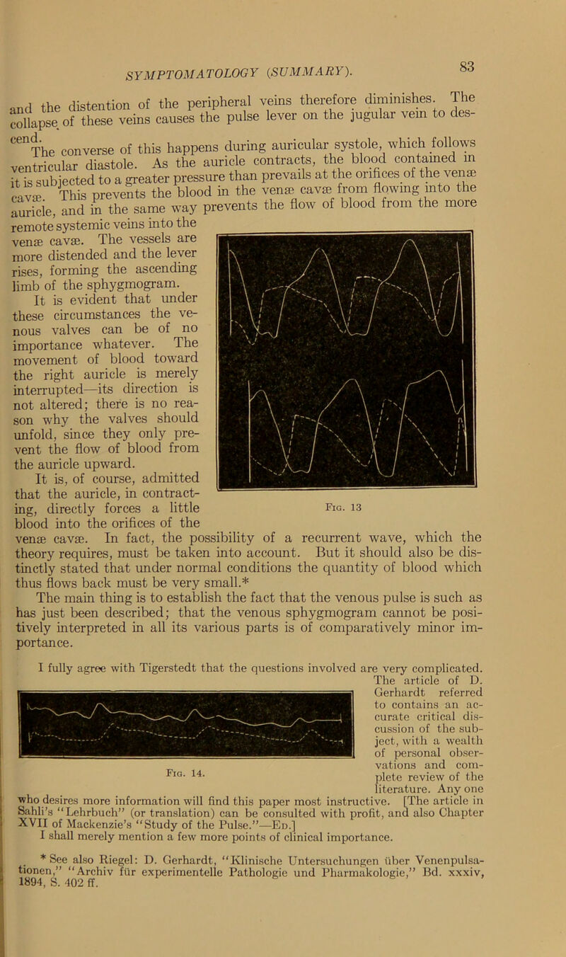 and the distention of the peripheral veins therefore diminishes The collapse of these veins causes the pulse lever on the jugular vein to des- CenThe converse of this happens during auricular systole which follows ventricular diastole. As the auricle contracts, the blood contained in it is subjected to a greater pressure than prevails at the on bees of the venae cava This prevents the blood in the ven® cava from flowing into the auricle, and in the same way prevents the flow of blood from the more remote systemic veins into the veme cavse. The vessels are more distended and the lever rises, forming the ascending limb of the sphygmogram. It is evident that under these circumstances the ve- nous valves can be of no importance whatever. The movement of blood toward the right auricle is merely interrupted—its direction is not altered; there is no rea- son why the valves should unfold, since they only pre- vent the flow of blood from the auricle upward. It is, of course, admitted that the auricle, in contract- ing, directly forces a little blood into the orifices of the veme cavse. In fact, the possibility of a recurrent wave, which the theory requires, must be taken into account. But it should also be dis- tinctly stated that under normal conditions the quantity of blood which thus flows back must be very small.* The main thing is to establish the fact that the venous pulse is such as has just been described; that the venous sphygmogram cannot be posi- tively interpreted in all its various parts is of comparatively minor im- portance. Fig. 13 I fully agree with Tigerstedt that the questions involved are very complicated. The article of D. Gerhardt referred to contains an ac- curate critical dis- cussion of the sub- ject, with a wealth of personal obser- vations and com- plete review of the literature. Any one who desires more information will find this paper most instructive. [The article in Sahli’s “Lehrbuch” (or translation) can be consulted with profit, and also Chapter XVII of Mackenzie’s “Study of the Pulse.”—Ed.] I shall merely mention a few more points of clinical importance. * See also Riegel: D. Gerhardt, “Klinische Untersuchungen fiber Venenpulsa- tionen,” “Archiv fur experimentelle Pathologie und Pharmakologie,” Bd. xxxiv, 1894, S. 402 ff.