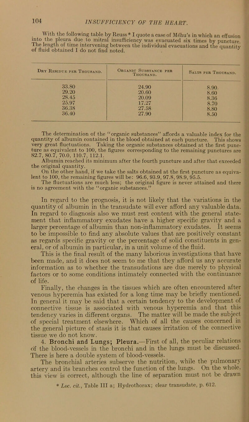 With the following table by Reuss* I quote a case of M<$hu’s in which an effusion into the pleura due to mitral insufficiency was evacuated six times by puncture. The length of time intervening between the individual evacuations and the quantity of fluid obtained I do not find noted. Dry Residue per Thousand. Organic Substance per Thousand. Salts per Thousand. 33.SO 24.90 8.90 29.20 20.60 8.60 28.45 20.09 8.36 25.97 17.27 8.70 36.38 27.58 8.80 36.40 27.90 8.50 The determination of the “organic substances” affords a valuable index for the quantity of albumin contained in the blood obtained at each puncture. This shows very great fluctuations. Taking the organic substances obtained at the first punc- ture as equivalent to 100, the figures corresponding to the remaining punctures are 82.7, 80.7, 70.0, 110.7, 112.1. Albumin reached its minimum after the fourth puncture and after that exceeded the original quantity. On the other hand, if we take the salts obtained at the first puncture as equiva- lent to 100, the remaining figures will be: 96.6, 93.9, 97.8, 98.9, 95.5. The fluctuations are much less; the original figure is never attained and there is no agreement with the “organic substances.” In regard to the prognosis, it is not likely that the variations in the quantity of albumin in the transudate will ever afford any valuable data. In regard to diagnosis also we must rest content with the general state- ment that inflammatory exudates have a higher specific gravity and a larger percentage of albumin than non-inflammatory exudates. It seems to be impossible to find any absolute values that are positively constant as regards specific gravity or the percentage of solid constituents in gen- eral, or of albumin in particular, in a unit volume of the fluid. This is the final result of the many laborious investigations that have been made, and it does not seem to me that they afford us any accurate information as to whether the transudations are due merely to physical factors or to some conditions intimately connected with the continuance of life. Finally, the changes in the tissues which are often encountered after venous hyperemia has existed for a long time may be briefly mentioned. In general it may be said that a certain tendency to the development of connective tissue is associated with venous hyperemia and that this tendency varies in different organs. The matter will be made the subject of special treatment elsewhere. Which of all the causes concerned in the general picture of stasis it is that causes irritation of the connective tissue we do not know. 4. Bronchi and Lungs; Pleura.—First of all, the peculiar relations of the blood-vessels in the bronchi and in the lungs must be discussed. There is here a double system of blood-vessels. The bronchial arteries subserve the nutrition, while the pulmonary artery and its branches control the function of the lungs. On the whole, this view is correct, although the line of separation must not be drawn * Loc. cit., Table III a; Hydrotliorax; clear transudate, p. 612.