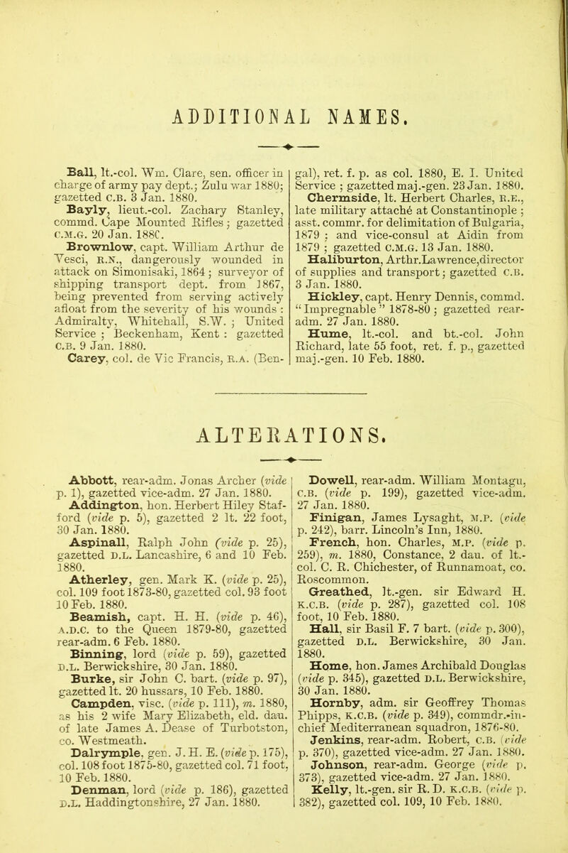 ADDITIONAL NAMES Ball, lt.-col. Wm, Clare, sen. officer in charge of army pay dept.; Zulu war 1880; gazetted c.B. 3 Jan. 1880. Bayly, lieut.-col. Zachary Stanley, commd. Cape Mounted Rifles; gazetted c.M.G. 20 Jan. 188C. Brownlow, capt. William Arthur de Vesci, R.N., dangerously wounded in attack on Simonisaki, 1864; surveyor of shipping transport dept, from J867, being prevented from serving actively afloat from the severity of his wounds : Admiralty, Whitehall, S.W. ; United Service ; Beckenham, Kent : gazetted C.B. 9 Jan. 1880. Carey, col. de Vic Francis, r.a. (Ben- gal), ret. f. p. as col. 1880, E. I. United Service ; gazettedmaj.-gen. 23 Jan. 1880. Chermside, It. Herbert Charles, R.E., late military attach^ at Constantinople ; asst, commr. for delimitation of Bulgaria, 1879 ; and vice-consul at Aidin from 1879 ; gazetted C.M.G. 13 Jan. 1880. Haliburton, Arthr.Lawrence,director of supplies and transport; gazetted C.B. 3 Jan. 1880. Hickley, capt. Henry Dennis, commd. “Impregnable” 1878-80 ; gazetted rear- adm. 27 Jan. 1880. Hume, lt.-col. and bt.-col. John Richard, late 55 foot, ret. f. p., gazetted maj .-gen. 10 Feb. 1880. ALTERATIONS. Abbott, rear-adm. Jonas Archer (vide p. 1), gazetted vice-adm. 27 Jan. 1880. Addington, hon. Herbert Hiley Staf- ford (vide p. 5), gazetted 2 It. 22 foot, 30 Jan. 1880. Aspinall, Ralph John (vide p. 25), gazetted d.l. Lancashire, 6 and 10 Feb. 1880. Atherley, gen. Mark K. (vide p. 25), col. 109 foot 1873-80, gazetted col. 93 foot 10 Feb. 1880. Beamish, capt. H. H. (vide p. 46), a.d.C. to the Queen 1879-80, gazetted rear-adm. 6 Feb. 1880. Binning, lord (vide p. 59), gazetted D.L. Berwickshire, 30 Jan. 1880. Burke, sir John C. bart. (vide p. 97), gazetted It. 20 hussars, 10 Feb. 1880. Campden, vise, (vide p. Ill), m. 1880, as his 2 wife Mary Elizabeth, eld. dau. of late James A. Dease of Turbotston, co. Westmeath. Dalrymple, gen. J. H. E. (vide p. 175), col. 108 foot 1875-80, gazetted col. 71 foot, 10 Feb. 1880. Denman, lord (vide p. 186), gazetted d.l. Haddingtonshire, 27 Jan. 1880. Dowell, rear-adm. William Montagu, c.B. (vide p. 199), gazetted vice-adm. 27 Jan. 1880. Finigan, James Lysaght, m.p. (vide p. 242), barr. Lincoln’s Inn, 1880. French, hon. Charles, m.p. (vide p, 259), m. 1880, Constance, 2 dau. of lt.- col. C. R. Chichester, of Runnamoat, co. Roscommon. G-reathed, It.-gen. sir Edward H. k.c.b. (vide p. 287), gazetted col. 108 foot, 10 Feb. 1880. Hall, sir Basil F. 7 bart. (vide p. 300), gazetted d.l. Berwickshire, 30 Jan. 1880. Home, hon. James Archibald Douglas (vide p. 345), gazetted d.l. Berwickshire, 30 Jan. 1880. Hornby, adm. sir Geoffrey Thomas Phipps, K.C.B. (vide p. 349), commdr.-in- chief Mediterranean squadron, 1876-80. Jenkins, rear-adm. Robert, c.B. (vide p. 370), gazetted vice-adm. 27 Jan. 1880. Johnson, rear-adm. George (vide p. 373), gazetted vice-adm. 27 Jan. 1880. Kelly, lt.-gen. sir R. D. k.c.b. (vide p. 382), gazetted col. 109, 10 Feb. 1880.