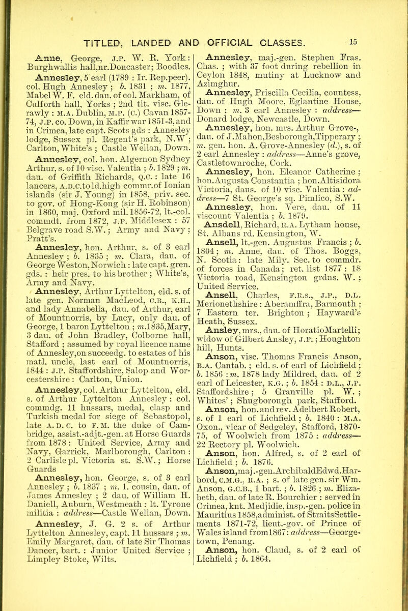 Anne, George, j.p. W. R. York: Burghwallis hall,nr.Doncaster; Boodles. Annesley, 5 earl (1789 : Ir. Rep.peer). col. Hugh. Annesley ; b. 1831 ; m. 1877, Mabel W. F. eld. dau. of col. Markham, of Culforth hall, Yorks ; 2nd tit. vise. Gle- rawly : m.a. Dublin, m.p. (c.) Cavan 1857- 74, J.P. co. Down, in Kaffir war 1851-3, and in Crimea, late capt. Scots gds : Annesley lodge, Sussex pi. Regent’s park, N.W ; Carlton, White’s ; Castle Wellan, Down. Annesley, col. hon. Algernon Sydney Arthur, s. of 10 vise. Yalentia ; b. 1829 ; m. dau. of Griffith Richards, Q.C. : late 16 lancers, A.D.C.told.high commr.of Ionian islands (sir J. Young) in 1858, priv. sec. to gov. of Hong-Kong (sir H. Robinson) in 1860, maj. Oxford mil. 1856-72, lt.-col. commdt. from 1872, J.P. Middlesex : 57 Belgrave road S.W.; Army and Navy ; Pratt’s. Annesley, hon. Arthur, s. of 3 earl Annesley ; b. 1835 ; m. Clara, dau. of George Weston, Norwich: late capt. gren. gds. : heir pres, to his brother ; White’s, Army and Navy. Annesley, Arthur Lyttelton, eld. s. of late gen. Norman MacLeod, c.B., K.H., and lady Annabella, dau. of Arthur, earl of Mountnorris, by Lucy, only dau. of George, 1 baron Lyttelton ; wz.l835,Mary, 3 dau. of John Bradley, Colborne hall, Stafford ; assumed by royal licence name of Annesley,on succeedg. to estates of his matl. uncle, last earl of Mountnorris, 1844 : j.p. Staffordshire, Salop and Wor- cestershire : Carlton, Union. Annesley, col. Arthur Lyttelton, eld. s. of Arthur Lyttelton Annesley : col. commdg. 11 hussars, medal, clasp and Turkish medal for siege of Sebastopol, late a. d. c. to f. m. the duke of Cam- bridge, assist.-adjt.-gen. at Horse Guards from 1878: United Service, Army and Navy, Garrick, Marlborough, Carlton : 2 Carlisle pi. Victoria st. S.W.; Horse Guards Annesley, hon. George, s. of 3 earl Annesley ; b. 1837 ; m. 1. cousin, dau. of James Annesley ; 2 dau. of William H. Daniell, Auburn, Westmeath : It. Tyrone militia : address—Castle Wellan, Down. Annesley, J. G. 2 s. of Arthur Lyttelton Annesley, capt. 1.1 hussars ; m. Emily Margaret, dau. of late Sir Thomas Dancer, bart. : Junior United Service ; Limpley Stoke, Wilts. Annesley, maj.-gen. Stephen Fras. Chas. ; with 37 foot during rebellion in Ceylon 1848, mutiny at Lucknow and Azimghur. Annesley, Priscilla Cecilia, countess, dau. of Hugh Moore, Eglantine House, Down ; m. 3 earl Annesley : address— Donard lodge, Newcastle, Down. Annesley, hon. mrs. Arthur Grove-, dau. of J.Mahon,Besborough,Tipperary; m. gen. hon. A. Grove-Annesley (d.), s. of 2 earl Annesley : address—Anne’s grove, Castletownroche, Cork. Annesley, hon. Eleanor Catherine ; hon. Augusta Constantia ; hon.Altisidora Victoria, daus. of 10 vise. Valentia : ad- dress—7 St. George’s sq. Pimlico, S.W. Annesley, hon. Vere, dau. of 11 viscount Valentia ; b. 1879. Ansdell, Richard, n.A. Lytham house, St. Albans rd. Kensington, W. Ansell, lt.-gen. Augustus Francis ; b. 1804; m. Anne, dau. of Thos. Boggs, N. Scotia: late Mily. Sec. to commdr. of forces in Canada; ret. list 1877 : 18 Victoria road, Kensington grdns. W. ; United Service. Ansell, Charles, F.R.s., j.p., D.l. Merionethshire: Aberamffra, Barmouth ; 7 Eastern ter. Brighton; Hayward’s Heath, Sussex. Ansley,mrs., dau. of HoratioMartelli; widow of Gilbert Ansley, J.P.; Houghton hill, Hunts. Anson, vise. Thomas Francis- Anson, b.a. Cantab.; eld. s. of earl of Lichfield; b. 1856 :m. 1878 lady Mildred, dau. of 2 earl of Leicester, K.G-.; b. 1854 : d.l., J.p. Staffordshire; 5 Granville pi. W. ; Whites’; Shugborough park, Stafford. Anson, hon. and rev. Adalbert Robert, s. of 1 earl of Lichfield ; b. 1840 : M.A. Oxon., vicar of Sedgeley, Stafford, 1870- 75, of Woolwich from 1875 : address— 22 Rectory pi. Woolwich. Anson, hon. Alfred, s. of 2 earl of Lichfield ; b. 1876. Anson,maj.-gen. ArchibaldEdwd.Har- bord, c.M.G-., It. a. ; s. of late gen. sir Wm. Anson, G.C.B., 1 bart. ; b. 1826 ; m. Eliza- beth. dau. of late R. Bourchier : served in Crimea, knt. Medjidie, insp.-gen. police in Mauritius 1858,administ. of StraitsSettle- ments 1871-72, lieut.-gov. of Prince of Wales island froml867: address—George- town, Penang. Anson, hon. Claud, s. of 2 earl of Lichfield; b. 1864.