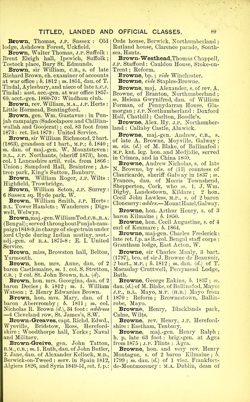 Barown, Thomas, j.p. Sussex : Old lodge, Ashdown Forest, Uckfield. Brown, Walter Thomas, J.P. Suffolk : Brent Eleigh hall, Ipswich, Suffolk; Tostock place, Bury St. Edmunds. Brown, sir William, C.B., s. of late Bichard Brown, ch. examiner of accounts at war office ; b. 1812 ; m. 1851, dau. of T. Tin dal, Aylesbury, and niece of late l.c.j. Tin dal: asst, acc.-gen. at war office 1857- 60, acct.-gen. 1860-70: Windham club. Brown, rev. William, M.A., J.P. Herts : Little Hormead, Buntingford. Brown, gen. Wm. G-ustavus : in Pun- jab campaign (Sadoolapore and Chillian- wallah and Gfoojerat) ; col. 83 foot from 1873 : ret. list 1879 : United Service. Brown, sir William Bichmond, 2 bart. (1863), grandson of 1 bart., M.P.; b. 1840 ; m. dau. of maj.-gen. W. Mountsteven: D.L., J.P. Northants, (sheriff 1873), hon. col. 1 Lancashire artil. vols. from 1866 : Union; Sampford Hall, Braintree ; As- trop park, King’s Sutton, Banbury. Brown, William Boger, J.p. Wilts : Highfield, Trowbridge. Brown, William Seton, J.P. Surrey : 6 Sussex sq. Hyde park, W. Brown, William Smith, J.P. Herts : D.L. Tower Hamlets : Wanderers ; Digs- well, Welwyn. Brown,maj.-gen.WilliamTod,c.B.,pt.A. (Bengal); served throughoutPunjab cam- paignl848-9,in charge of siege train under lord Clyde during Indian mutiny, asst.- adj.-gen. of It. A. 1875-8 : E. I. United Service. Brown, miss, Browston hall, Belton, Yarmouth. Brown, hon. mrs. Anne, dau. of 2 baron Castlemaine, m. 1. col. S. Stretton, C.B. ; 2 col. St. John Brown, PwA. (d). Brown, hon. mrs. Georgina, dau. of 2 baron Decies ; b. 1812; m. 1. William Watson ; 2. Henry Edwardes Brown. Brown, hon. mrs. Mary, dau. of 1 baron Abercromby; b. 1811 ; m. col. Nicholas B. Brown (cZ.), 34 foot: address —4 Cleveland row, St. James’s, S.W. Brown-Greaves, capt. Bichd. Edwd., Wyeville, Bridstow, Boss, Hereford- shire; Woodthorpe hall, Yorks; Naval and Military. Brown-Greive, gen. John Tatton, R.M., c.B.; m. 1. Buth, dau. of John Butler, 2. Jane, dau. of Alexander Kellock, M.D., Berwick-on-Tweed : serv. in Spain 1812, Algiers 1826, and Syria 1849-51, ret. f. p.: Orde house, Berwick, Northumberland ; Butland house, Clarence parade, South- sea, Hants. Brown-Westhead,Thomas Chappell, j.p. Stafford: Cauldon House, Stoke-on- Trent ; Beform. Browne, bp.; vide Winchester. Browne, vide Staples-Browne. Browne, maj. Alexander, s. of rev. A. Browne, of Branton, Northumberland; m. Helena Gwynifred, dau. of William Forman, of Pennydarran House, Gla- morgan ; J.P. Northumberland : Doxford Hall, Chathill; Carlton, Boodle’s. Browne, Alex. Hy. j.p. Northumber- land : Callaby Castle, Alnwick. Browne, maj.-gen. Andrew, c.B., s. of late A. Browne, Moyville, Galway ; m. sis. (d.) of M. Blake, of Ballinafod : m.p. knt. leg. hon. and Medjidie, served in Crimea, and in China 1860. Browne, Andrew Nicholas, s. of late N. Browne, by sis. of (13) countess of Clanricarde, sheriff Galway in 1837 ; m. Frances, dau. of Morris Townshend, Shepperton, Cork, who m. 1. J. Wm. Digby, Landestown, Kildare; 2 hon. Cecil John Lawless, m.p., s. of 2 baron Cion curry: addrs.—MountHazel, Galway. Browne, hon. Arthur Henry, s. of 3 baron Kilmaine ; b. 1850. Browne, hon. Cecil Augustine, s. of 4 earl of Kenmare ; b. 1864. Browne, maj-gen. Charles Frederick: late ret. f.p. as lt.-col. Bengal staff corps : Grantham lodge, East Acton, W. Browne, sir Charles Manly, 3 bart. (1797), bro. of sir J. Browne de Beauvoir, 2 bart., M.P.; b. 1812 ; m. dau. (cZ.) of T. Macaulay Cruttwell, Perrymead Lodge, Bath. Browne, George Eakins, b. 1837 ; m. dau. (<Z.) of M. Blake, of Ballinafod, Mayo: J.P., D.L. Mayo, M.P. (H.R.) Mayo from 1870 : Beform; Brownestowm, Ballin- robe, Mayo. Browne, Henry, Blacklands park, Caine, Wilts. Browne, rev. Henry, j.p. Hereford- shire : Eastham, Tenbury. Browne, maj.-gen. Henry Balph; h. p. late 63 foot: brig.-gen. at Agra from 1875 ; J.P. Flints : Agra. Browne, hon. and very rev. Henry Montague, s. of 2 baron Kilmaine ; b. 1799 ; m. dau. (cZ.) of 1 vise. Frankfort- de-Montmorency : m.a. Dublin, dean of