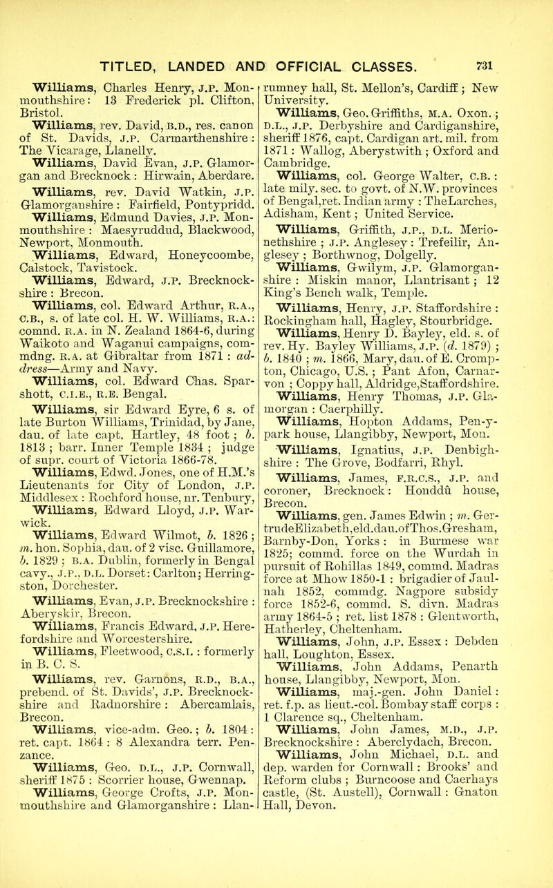 Williams, Charles Henry, j.p. Mon- mouthshire: 18 Frederick pi. Clifton, Bristol. Williams, rev. David, b.d., res. canon of St. Davids, j.p. Carmarthenshire : The Vicarage, Llanelly. Williams, David Evan, J.P. Glamor- gan and Brecknock : Hirwain, Aberdare. Williams, rev. David Watkin, j.p. Glamorganshire : Fairfield, Pontypridd. Williams, Edmund Davies, j.p. Mon- mouthshire : Maesyruddud, Blackwood, Newport, Monmouth. Williams, Edward, Honeycoombe, Calstock, Tavistock. Williams, Edward, J.P. Brecknock- shire : Brecon. Williams, col. Edward Arthur, R.A., C.B., s. of late col. H. W. Williams, R.A.: comnd. R.A. in N. Zealand 1864-6, during Waikoto and Waganui campaigns, com- mdng. R.A.. at Gibraltar from 1871 : ad- dress—Army and Navy. Williams, col. Edward Chas. Spar- shott, c.i.e., r.e. Bengal. Williams, sir Edward Eyre, 6 s. of late Burton Williams, Trinidad, by Jane, dau. of late capt. Hartley, 48 foot ; b. 1818 ; barr. Inner Temple 1834 ; judge of supr. court of Victoria 1866-78. Williams, Edwd. Jones, one of H.M.’s Lieutenants for City of London, J.P. Middlesex : Rochford house, nr. Tenbury, Williams, Edward Lloyd, J.P. War- wick. Williams, Edward Wilmot, b. 1826 ; m. hon. Sophia, dau. of 2 vise. Guillamore, b. 1829 ; b.a. Dublin, formerly in Bengal cavy., j.p., d.l. Dorset: Carlton] Herring- ston, Dorchester. Williams, Evan, j.p. Brecknockshire : Aberyskir, Brecon. Williams, Francis Edward, J.P. Here- fordshire and Worcestershire. Williams, Fleetwood, c.s.i.: formerly in B. C. S. Williams, rev. Garnbns, R.D., b.a., prebend, of St. Davids’, j.p. Brecknock- shire and Radnorshire: Abercamlais, Brecon. Williams, vice-adm. Geo.; b. 1804: ret. capt. 1864: 8 Alexandra terr. Pen- zance. Williams, Geo. d.l., j.p. Cornwall, sheriff 1875 : Scorrier house, Gwennap. Williams, George Crofts, j.p. Mon- mouthshire and Glamorganshire : Llan- rumney hall, St. Mellon’s, Cardiff; New University. Williams, Geo. Griffiths, m.a. Oxon.; D.L., j.p. Derbyshire and Cardiganshire, sheriff 1876, capt. Cardigan art. mil. from 1871: Wallog, Aberystwith ; Oxford and Cambridge. Williams, col. George Walter, C.b. : late mily. sec. to govt, of N.W. provinces of Bengal,ret. Indian army : TheLarches, Adisham, Kent; United Service. Williams, Griffith, j.p., d.l. Merio- nethshire ; j.p. Anglesey: Trefeilir, An- glesey ; Borthwnog, Dolgelly. Williams, Gwilym, j.p. Glamorgan- shire : Miskin manor, Llantrisant ] 12 King’s Bench walk, Temple. Williams, Henry, j.p. Staffordshire : Rockingham hall, Hagley, Stourbridge. Williams, Henry D. Bayley, eld. s. of rev. Hy. Bayley Williams, j.p. (d. 1879) ; b. 1840 ] m. 1866, Mary, dau. of E. Cromp- ton, Chicago, U.S.; Pant Afon, Carnar- von ; Coppy hall, Aldridge,Staffordshire. Williams, Henry Thomas, j.p. Gla- morgan : Caerphilly. Williams, Hopton Addams, Pen-y- park house, Llangibby, Newport, Mon. Williams, Ignatius, J.p. Denbigh- shire : The Grove, Bodfarri, Rhyl. Williams, James, f.r.c.S., j.p. and coroner, Brecknock: Honddu house, Brecon. Williams, gen. James Edwin ; m. Ger- trudeElizabeth,eld.dau.ofThos.Gresham, Barnby-Don, Yorks : in Burmese war 1825; commd. force on the Wurdah in pursuit of Rohillas 1849, commd. Madras force at Mhow 1850-1 : brigadier of Jaul- nah 1852, commdg. Nagpore subsidy force 1852-6, commd. S. divn. Madras army 1864-5 ; ret. list 1878 : Glentworth, Hatherley, Cheltenham. Williams, John, j.p. Essex : Debden hall, Loughton, Essex. Williams, John Addams, Penarth house, Llangibby, Newport, Mon. Williams, mai.-gen. John Daniel: ret. f.p. as lieut.-col. Bombay staff corps : 1 Clarence sq., Cheltenham. Williams, John James, m.d., j.p. Brecknockshire : Aberclydach, Brecon. Williams, John Michael, d.l. and dep. warden for Cornwall: Brooks’ and Reform clubs ; Burncoose and Caerhays castle, (St. Austell), Cornwall: Gnaton Hall, Devon.