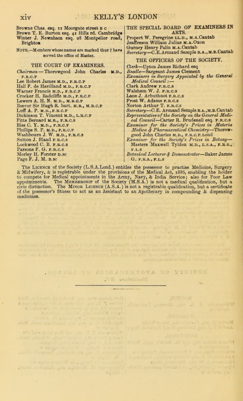 Browne Chas. esq. 11 Moorgate street b c Brown T. E. Burton esq. 41 Hills rd. Cambridge Winter J. Newnham esq. 28 Montpelier road, Brighton Note.—Members whose names are marked thus f bars served the office of Master. THE COURT OF EXAMINERS. Chairman — Thorowgood John Charles X.D., F.R.C.P Lee Robert James m.d., f.r.c.p Hall F. de Havilland m.d., f.r.c.p Warner Francis m.d., f.r.c.p Crocker H. Radcliffe m.d., f.r.c.p Lewers A. H. N. m.d., m.r.c.p Beevor Sir Hugh R. bart. m.b., m.r.c.p Luff A. P. m.d.,f.r.c.p Dickinson T. Vincent m.d., l.r.c.p Pitts Bernard m.b., f.b.c.s Biss C. Y. m.d., F.R.C.P Phillips S. P. M.D,, F.R.C.P Washbourn J. W. m.d., f.b.c.s Sutton J. Bland f.r.c.s Lockwood C. B. f.b.c.s Parsons F. G-. f.b.c.s Morley H. Forster d.sc Page F. J. M. b.sc THE SPECIAL BOARD OF EXAMINERS IN ARTS. Propert W. Peregrine ll.d., m. a. Cantab Jeaffreson William Julius M.A.Oxon Gurney Henry Palin m.a.Cantab Secretary—C.E.Armand Semple B.A.,M.B.Cantab THE OFFICERS OF THE SOCIETY. Clerk—Upton James Richard esq Beadle—Sargeant James Clement Examiners in Surgery Appointed by the General Medical Council:— Clark Andrew f.r.c.s Walsham W. J. f.r.c.s Lane J. Arbuthnot f.r.c.s Frost W. Adams f.r.c.s Norton Arthur T. f.r.c.s Secretary—C.E. Armand Semple B. A.,M.B. Can tab Representative of the Society on the General Medi~ cal Council—Carter R. Brudenell esq. f.r.c.6 Examiner for the Society’s Prizes in Materia Medica Pharmaceutical Chemistry—Thorow- good John Charles m.d., f.r.c.p.Lond Examiner for the Society’s Prizes in Botany— Masters Maxwell Tylden m.d., l.s.a., f.b.s., f.l.s Botanical Lecturer Demonstrator—Baker James G. F.R.S., F.L.S The Licence of the Society (L.S.A.Lond.) entitles the possessor to practise Medicine, Surgery & Midwifery, & is registrable under the provisions of the Medical Act, 1886, enabling the holder to compete for Medical appointments in the Army, Navy, & India Service; also for Poor Law appointments. The Membership of the Society (M.S.A.) is not a medical qualification, but a civic distinction. The Minor Licence (A.S.A.) is not a registrable qualification, but a certificate of the possessor’s fitness to act as an Assistant to an Apothecary in compounding & dispensing medicines.