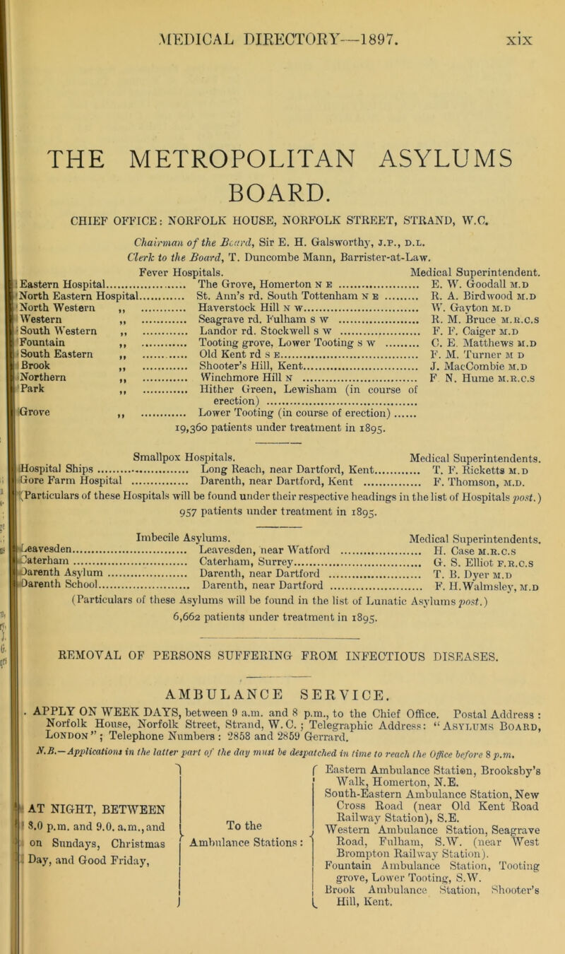 THE METROPOLITAN ASYLUMS BOARD. CHIEF OFFICE: NORFOLK HOUSE, NORFOLK STREET, STRAND, W.C. Chairman of the Beard, Sir E. H. Galsworth}-, j.p., d.l. Clerk to the Board, T. Buncombe Mann, Barrister-at-Law. Fever Hospitals. Medical Superintendent. Eastern Hospital The Grove, Homerton n e E. W. Goodall m.d liNorth Eastern Hospital St. Ann’s rd. South Tottenham n e R. A. Birdwood m.d North Western Western South Western Fountain South Eastern I-Brook iNorthern Park Grove ,, Haverstock Hill N w W. Gay ton m.d „ Seagrave rd. Fulham s w R. M. Bruce M.a.c.s ,, Landor rd. Stockwell s w F. F. Caiger m.d ,, Tooting grove, Lower Tooting s w C. E. Matthews m.d ,, Old Kent rd s e F. M. Turner m d ,, Shooter’s Hill, Kent J, MacCombie m.d ,, Winchmore Hill N F N. Hume m.r.c.s ,, Hither Green, Lewisham (in course of erection) ,, Lower Tooting (in course of erection) 19,360 patients under ti’eatment in 1895. Smallpox Hospitals. Medical Superintendents. iHospital Ships Long Reach, near Dartford, Kent T. F. Ricketts m.d Gore Farm Hospital Darenth, near Dartford, Kent F. Thomson, m.d. (Particulars of these Ho.spitals will be found under their respective headings in the list of Hospitals 2>oat.) 957 patients under treatment in 1895. Imbecile Asylums. Medical Superintendents, r[.Leavesden Leavesden, near Watford H. Case m.r.c.s Caterham Caterham, Surrey G. S. Elliot f.r.c.s .3arenth A.sylum Darenth, near Dartford T. B. Dyer m.d arenth School Darenth, near Dartford F. H.Walmsley, m.d (Particulars of these Asylums Avill be found in the list of Lunatic Asylums po.sf.) 6,662 patients under treatment in 1895. REMOVAL OF PERSONS SUFFERING FROM INFECTIOUS DISEASES. AMBULANCE SERVICE. APPLY ON WEEK DAYS, between 9 a.m. and 8 p.m., to the Chief Office, Postal Address : Norfolk House, Norfolk Street, Sti’and, W.C. ; Telegraphic Addres.s: “Asylums Board, London ” ; Telephone Numbem : 2858 and 2859 Gerrard. N.B.—Applications in the latter part of the day must be despatched in time to reach the Office before 8 p.m. ( Eastern Ambulance Station, Brooksby’s Walk, Homerton, N.E. South-Eastern Ambulance Station, New Cross Road (near Old Kent Road Railway Station), S.E. Western Ambulance Station, Seagrave Road, Fulham, S.W. (near West Brompton Railway Station). Fountain Ambulance Station, Tooting grove. Lower Tooting, S.W. Brook Ambulance Station, Shooter’s Hill, Kent. AT NIGHT, BETWEEN K3.0 p.m. and 9.0. a.m.,and on Sundays, Christmas Day, and Good Friday, To the Ambulance Stations: