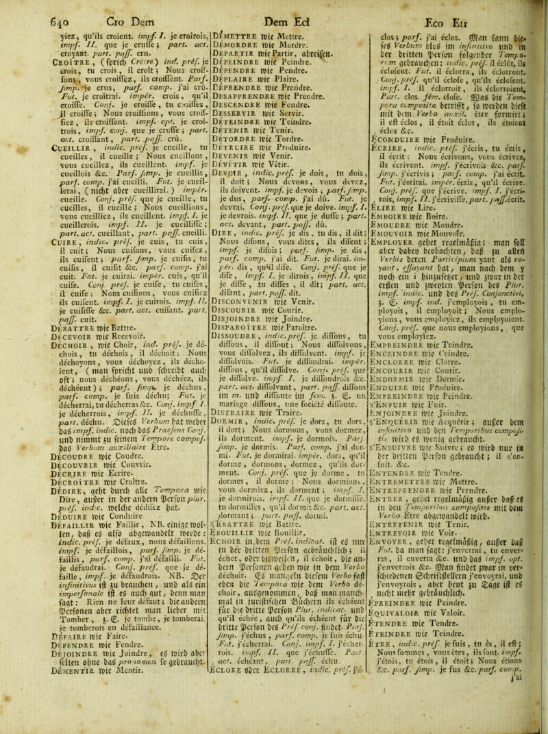 640 Cro Dem yiez, qu’ils croient. imjf.I. je croirois, impf. II. que je crullei paru act. croyant, pan. pajf. cru. Croître, (fprid) Crâne) inrf. préf.jt crois, tu crois, il croît ; Nous croif- fons , vous croiflez, ils croilTent- tarj. crus, parf. comp. j’ai crû. Fui. je croîtrai, imper, crois, qu’il, croître. Conj. je croitTe , tu c.oifles , 41 croitTe ; Nous croillions, vous croif- Tiez, ils croilTent. impf. opt. je croî- trois, impj. conj. que je erutTe } part, act. croitl'ant, part. paj]. crû. Cueillir , inclic. préj. je cueille, tu cueilles, il cueille ; Nous cueillons, vous cueillez, ils cueillent, impf. je ciieillois &c. Parf.Jimp. je cueillis, parf. comp. j’ai cueilli. Fut. je cueil- lerai, (ntcl)t aticr cueilürai.) impér. cueille. Conj. préf. que je cueille, tu cueilles, il cueille ; Nous cueillions, vous cueilliez, ils cueillent, impf. I. je cueillerois. impf. II. je cucillifTc ; part. act. cueillant, part. pajj. cueilli. Cuire, indic. préf. je cuis, tu cuis, il cuit; Nous cuifons, vous cuifez, ils cuifent ; parf. Jtmp. je cuiTis, tu cuifis, il cuiTit &c. parf. comp. j’ai cuit. Fat. je cuirai, impér. cuis, qu’il cuite. Conj préj. je cuiTe, tu cuiTcs, il cuiTe; Nous cuifioiis, vous cuiTuz ils cuifent. impf. I. je cuirois. impj. II. je cuifitTe &c. part. act. cuifant. pa>t. pajf. cuit. DEBATTRE tpic Battre. Décevoir trie Recevoir. Déchoir , une Choir, ind. préj. je de'- chois , tu déchois , il déchoit ; Nous déchoyons, vous déchoyez, ils décho- ient , ( malt fpricfjt uni) fd)veit't mid) oft > nous déchéons, vous déchéez, ils déchéent ) ; parf. fimju je déchus, parf. comp. je fuis déchu; Fut. je décherrai,tu déchcrrasftc. Conj. impf I. je décherrois, irr.pf. II. je déchutTc, part, déchu. Sicfcé Verbum f>nt U'CbCt ï)aô impf. indic. iiod) bûd Praejens Co’j. tinî) niiumt ju fciiicm l'empoje compej. î)ftd Verbum auxiliaire Etre. Découdre tpte Coudre. Découvrir tPte Couvrir. décrire mie Ecrire.^ Décroître mtc Croître. dédire, qetit btivd) dite Tempora mic Dire, aiifîcr in her anbern îperfon piur. p,éf. ind'c. mcld)e dédiiez Déduire mic Conduire. défaillir mie Faillir, NB.ciliiqemoi-- leu, Ï)û9 cd ûlfo abgemanbelt iverbc ; ^ indic. préj. je défaux, nous défaillons. . impf. je défaillois, parf. Jimp. je dé- faillis , parf. comp. j’ai défailli. Fut. je défaudrai. Conj. préf. que je dé- faille, impf. je défaudrois. NB. iî5ei‘ infinitivus ijt JU ()vaud)eu , Ullî) Old CtU imperfonale i|i CO dud) (lUt, bcilll lUdU fûqt; Rien ne leur défaut; btcdiibent tBcvfoucii dbet ïid)tct man licbcr mit Tomber , J. £. je tombe, je tomberai, je tomberois en défaillance. Défaire mie Faire. défendre mie Fendre. DÉioindre mie Joindre, cd mivî) dbcv fciten ot)lie ini pro-iomen fe gebïdudjt. démentir mie Mentir, Dem Ed , démettre mie Mettre. . Démordre mie Mordre. départir mie Partir, dbreife». I Dépeindre mie Peindie. - Dépendre mie Pendre. . Déplaire mie Plaire. . CÉprendre mie Prendre. t,DESAPPRENDRE mie Prendre. Descendre mie Fendre. ■ Desservir mie Servir. Déteindre mie Teindre. Détenir mie Tenir. Détordre mie Tordre. Détruire mie Produire. Devenir mie Venir. Dévêtir mie Vêtir. Devoir, indic, préf. je dois, tn dois, il doit; Nous devons, vous devez, ils doivent, impj. je devois ; parf.J.mp. je dus, parf. comp. j’ai dû. Fut. je devrai. Conj. préj. que je doive, impf. I. je devrois. impj. IT. que je dulfe ; part, net. devant, part. pajj. dû. Dire, indic. préj'. je dis, tu dis, il dit; Nous difons, vous dites, ils difent ; ^mpf je difois ; parj. /imp. je dis, parf. comp. j’ai dit. Fut. je dirai, im- pér. dis , quHl dife. Conj. préf que je dife , impf. I. je dirois, impf. II. que je dilTe , tu dilTes , il dit; part. act. difant, part.pqj]'. dit. Disconvenir tlne Venir. Discourir mic Courir. Disjoindre mic Joindre. Disparoîtee mieParoître. Dissoudre, indic.préf. je diiïbus, tu difToiis, il dillbiit ; Nous dilTolvons, vous diflblvcz, ils difTolvent. impf. je diffolvois. Fut. je diHoudrai. impér. difToiis , qu’il diflblve. Co/?/. préf. que je difTolve. im/f. I. je düToudrois &c. part. act. dHTülvant, part. pajf. dillbus im m. Iinî) difTùute im fera. (>;. un mariage dilTous, une focie'té dilloute. Distraire mic Traire. Dormir, indic. préf. je dors, tu dors, il dort; Nous dormons, vous dormez, ils dorment, imjj. je dormois. Farj. Jimp. je dormis. Farj. comp. j’ai dor- mi. Fut. je dormirai, impér. dors, qu’il dorme, dormons, dormez, qu’ils dor- ment. Conj. préf. que je dorme, tu dormes, il dorme; Nous dormions, vous dormiez, ils dorment; imff. I. je dormiiois. impf. II. que je dormiflc, tii dormilfcs, qu’il dormit &c. part. act. .dormant ; i>art. pajf dormi. s;iiBArTRE mic Battre. ijuGUlLLiR mic Bouillir. Échoir iit.beiii Préf. indioat. ift ti imv tu bci’ bvitten 'iitifon ûcbvniichlifl) ; il échet, obev biClL'Ciliit/ il échoit, bic (Ut= bcvit ipa-füitcn gcljcn mic tn bem Vabo déchoir. Q;S iliaiIi’Ctll biCU’m Fc/6of(t(l eben biC 'l'empota mîc bem Verho dé- choir, nuSgcncimncn,^ biif- matnnancfv niai in juvi|lifd)cn îüudjftn ils échéent fût biC bvitte lîlcrrün Flur. indicat.^ Ullb qu’il échée, aitd) qu’ils échéent fur biC britte ^pC^■fon bcé Fréf conj. ^libtt- F“rJ. Jimp. j’échus , parf. comp. je fuis échu- Fut. j’éehtrrai. Conj. impf. I. j’échev- rois. i'tipf. II. que j’éclnifTe. Fan. , act. échéant, part, pnjf celui. Éclore obcï Éclorre, i-idic. préf. j'f Eco Etr clos ; parf. j’ai éclos. frtim biC* fCg Verbum tltg im injinuieo tmb in ter britten ij.mrfcit folgontcr Tempo. rt OT gcbratldH’Il ; indic. préj. il écl6t, ils cclol'ent. Fut. il éclorra, ils éclorront. Conj.préJ.éclofe , qu’ils éclofent. inqf. I. il éclorroit, ils éclorroient, Fart. clos. jém. clofe. SJflÔ btC Tem- pera cemposita bctrifft, fo mctbcu btcfc mit bem Verbo at:.Tii. être formirt; il cft éclos, il étoit éclos , ils étoieat , éclos &c. Fconduire mic Produire. Kcrire, indic. préf j’écris, tu écris, il écrit ; Nous écrivons, vous écrivez, ils écrivent, impf. j’écriveis &'c. parf. Jimp. j’écrivis ; parf. comp. j’ai écrit. Fut. j’éerirai. impér. écris, qu’il écrive. Conj. préj'. que j’écrive, tmpf. I. j’écri- , rois, impj. II. part, pajf,iet'A, Elire mic Lire. Emboire mic Boire. Emoudre mic Moudre. Emouvoir mic Mouvoir. Employer gefjet rcqclmnf’ta; mon folt ûber babci) beobadjtcn, baf’ ju ûUert Verbis bcrcil Farticipium yailt ûlé vû. yant, ejjayant fat, malt tiad) bcm y nod) cin i f)injufci<ct, tint jmarinber cvftcn unb jmepten ^erfou bef Fiur. impf. indic. Ullb bCo Fréf. Conjonctivi, (£. impf. ind. j’cmployois , tu em- ployois, il employoit ; Nous emplo- yions , vous employiez, ils employoient. Conj. préj. que nous employions, que vous employiez. Empreindre mic Teindre. Enceindre mic feindre. Enclorre mic Clorre. PÎNCOURiR li'ic Courir. Endormir U'ic Dormir. Enduire mic Produire. EInfreindre mic Peindre. S’Enfuir mic Fuir. Enjoindre mic Joindre. s’EnolÉrir mic Acquérir; ftufet bcm injinirivo uilb bcil Temporibus compoji- fin mivb cé meiiiq gcbraiidît. S’ENSUIVRE mic Suivre; cb mtrb tiur in bec bvittcii ijla'fou gcbroiidjt ; il s’en- luit- «S;c. Entendre mic Tendre. Entremettre mic Mettre. Entreprendre mic Prendre. Entrer , gebet vegclmâOig auger ba§c« ill beu 'femporibni compojitts m;t bClIt Verbo Etre abgcmatibclt ipivb. Entretenir mic Tenir. Entrevoir mic Voir. Envoyer, gcljct rcgcfmâgtg, aufer bag Fut. ba man fagt; j’enveirai, tu enver- ns, il enverra &c. imb bab impf. vpt. j’enverrois &c- ?S)îan fïiibct jmar ilt l’Cr* fdtiebenen ©d)l’ift(lcl(ctn j’envoyrai, titib j’cnvoyrois , abcr (icut JU i£figc i(i cS , md)t iiic(m gcbrâucbfid). Kpreindre mic Peindre. Equivaloir mic Valoir. Étendre mie Tendre. Éteindre mie Teindre. Être, indtc. préf. je fuis, tii és, il eft; Nous fommes , vous êtes, ils fout. j’étois, tu étois, il étoit; Nous étions (Le. p trf. Jimp. je fus &C.parf, con.p. i’ai