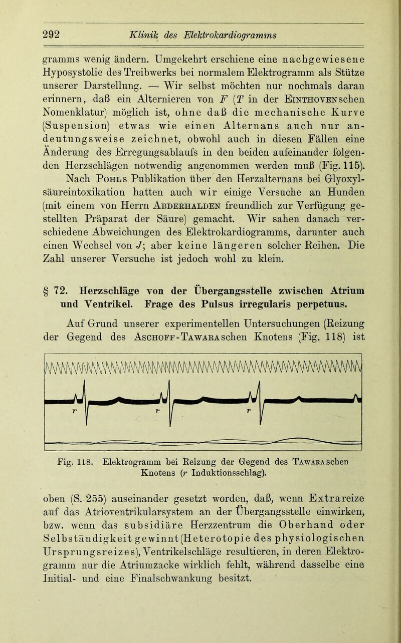 gramms wenig ändern. Umgekelirt erschiene eine nachgewiesene Hyposystolie des Treibwerks bei normalem Elektrogramm als Stütze unserer Darstellung. — Wir selbst möchten nur nochmals daran erinnern, daß ein Alternieren von F [T m der Einthoven sehen Nomenklatur) möglich ist, ohne daß die mechanische Kurve (Suspension) etwas wie einen Alternans auch nur an- deutungsweise zeichnet, obwohl auch in diesen Fällen eine Änderung des Erregungsablaufs in den beiden aufeinander folgen- den Herzschlägen notwendig angenommen werden muß (Fig. 115). Nach Pohls Publikation über den Herzalternans bei Glyoxyl- säureintoxikation hatten auch wir einige Versuche an Hunden (mit einem von Herrn Abdeehalden freundlich zur Verfügung ge- stellten Präparat der Säure) gemacht. Wir sahen danach ver- schiedene Abweichungen des Elektrokardiogramms, darunter auch einen Wechsel von .7; aber keine längeren solcher Eeihen. Die Zahl unserer Versuche ist jedoch wohl zu klein. §72. Herzschläge von der Übergangsstelle zwischen Atrium und Ventrikel. Frage des Pulsus irregularis perpetuns. Auf Grund unserer experimentellen Untersuchungen (Reizung der Gegend des Aschofe-Tawaeasehen Knotens (Fig. 118) ist Fig. 118. Elektrogramm bei Eeizung der Gegend des Ta waea sehen Knotens (r Induktionsschlag). oben (S. 255) auseinander gesetzt worden, daß, wenn Extrareize auf das Atrioventrikular System an der Übergangsstelle einwirken, bzw. wenn das subsidiäre Herzzentrum die Oberhand oder Selbständigkeit gewinnt(Heterotopie des physiologischen Ursprungsreizes), Ventrikelschläge resultieren, in deren Elektro- gramm nur die Atriumzacke wirklich fehlt, während dasselbe eine Initial- und eine Finalschwankung besitzt.